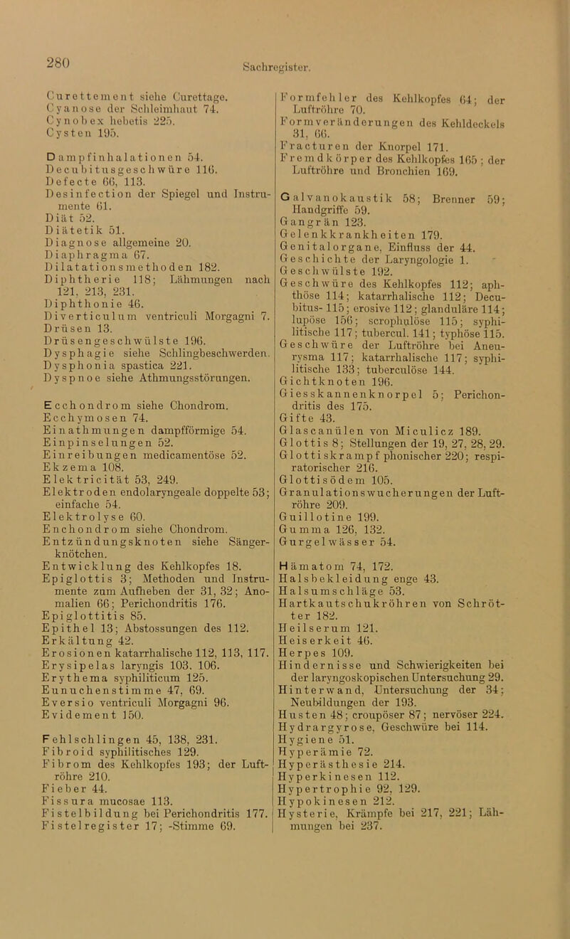 Cu re tt einen t siehe Gurettage. Cyan ose der Sclileimliaut 74. Cynohex liebetis 22ö, Cysten 19ö. D a in {3 f i n h a 1 a t i o n e n 54. DeCU bi tusgesc li wür e 110. Defecte 00, 113. Desinfection der Spiegel und Instru- mente 01. Diät 52. Diätetik 51. Diagnose allgemeine 20. Diapliragma 67. Dilatationsmethoden 182. Diphtherie 118; Lähmungen nach 121. 213, 231. Diphthonie 46. Diverticulum ventriculi Morgagni 7. Drüsen 13. Drüsengeschwülste 190. Dysphagie siehe Schlingbeschwerden. Dysphonia spastica 221. Dyspnoe siehe Athmungsstörungen. Ecchondrom siehe Chondrom. Ecchymosen 74. Einathmungen dampfförmige 54. Einpinselungen 52. Einreibungen medicamentöse 52. Ekzema 108. Elektricität 53, 249. Elektroden endolaryngeale doppelte 53; einfache 54. Elektrolyse 60. Enchondrom siehe Chondrom. Entzündungsknoten siehe Sänger- knötchen. Entwicklung des Kehlkopfes 18. Epiglottis 3; Methoden und Instru- mente zum Aufheben der 31, 32; Ano- malien 66; Perichondritis 176. Epi glottitis 85. Epithel 13; Abstossungen des 112. Erkältung 42. Erosionen katarrhalische 112, 113, 117. Erysipelas laryngis 103. 106. Erythema syphiliticum 125. Eunuchenstimme 47, 69. Eversio ventriculi Morgagni 96. E V i d e m e n t 150. Fehlschlingen 45, 138, 231. Fibroid syphilitisches 129. Fibrom des Kehlkopfes 193; der Luft- röhre 210. Fieber 44. Fissura mucosae 113. Fistelbildung bei Perichondritis 177. Fistelregister 17; -Stimme 69. Formfell 1er des Kehlkopfes 04; der Luftröhre 70. Form Veränderungen des Kehldeckels ^ 31, 00. Fracturen der Knorpel 171. Fremdkörper des Kehlkopfes 165 ; der Luftröhre und Bronchien 169. Galvanokaustik 58; Brenner 59; Handgriffe 59. Gangrän 123. Gelenkkrankheiten 179. Genitalorgane, Einfluss der 44. Geschichte der Laryngologie 1. Geschwülste 192. Geschwüre des Kehlkopfes 112; aph- thöse 114; katarrhalische 112; Decu- bitus- 115; erosive 112; glanduläre 114; lupöse 156; scrophulöse 115; syphi- litische 117; tubercul. 141; typhöse 115. Geschwüre der Luftröhre bei Aneu- rysma 117; katarrhalische 117; syphi- litische 133; tuberculöse 144. Gichtknoten 196. Giesskannenknorpel 5; Perichon- dritis des 175. Gifte 43. Glascanülen von Miculicz 189. Glottis 8; Stellungen der 19, 27, 28,29. Glottiskrampf phonischer 220; respi- ratorischer 216. Glottisödem 105. Granulationswucherungen der Luft- röhre 209. Guillotine 199. Gumma 126, 132. Gurgel Wässer 54. Hämatom 74, 172. Halsbekleidung enge 43. Halsumschläge 53. Hartkautschukröhren von Schröt- ter 182. Heilserum 121. Heiserkeit 46. Herpes 109. Hindernisse und Schwierigkeiten bei der laryngoskopischen Untersuchung 29. Hinter wand, Untersuchung der 34; Neubildungen der 193. Husten 48; croupöser 87; nervöser 224. Hydrargyrose, Geschwüre bei 114. Hygiene 51. Hyperämie 72. Hyperästhesie 214. Hyperkinesen 112. Hypertrophie 92, 129. Hypokinesen 212. Hysterie, Krämpfe bei 217, 221; Läh- mungen bei 237.