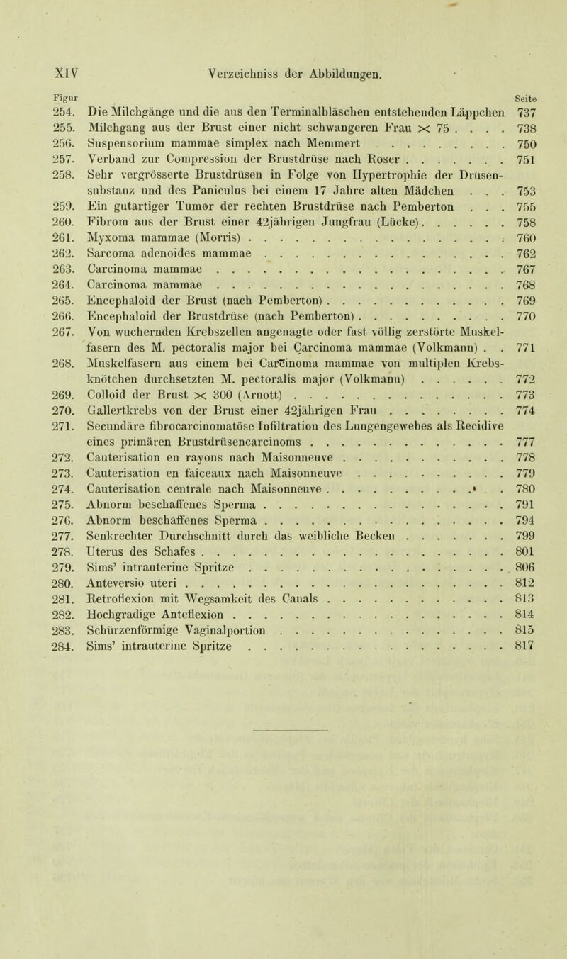 Figur Seite 254. Die Milchgänge und die aus den Terminalbläschen entstehenden Läppchen 737 255. Milchgang aus der Brust einer nicht schwangeren Frau x 75 . . . . 738 25G. Suspensorium mammae simplex nach Menimert 750 257. Verband zur Compression der Brustdrüse nach Roser 751 258. Sehr vergrösserte Brustdrüsen in Folge von Hypertrophie der Drüsen- substauz und des Paniculus bei einem 17 Jahre alten Mädchen . . . 753 259. Ein gutartiger Tumor der rechten Brustdrüse nach Pemberton . . . 755 260. Fibrom aus der Brust einer 42jährigen Jungfrau (Lücke) 758 261. Myxoma mammae (Morris) 760 262. Sarcoma adenoides mammae 762 203. Carcinoma mammae 767 264. Carcinoma mammae 768 265. Encephaloid der Brust (nach Pemberton) 769 266. Encephaloid der Brustdrüse (nach Pemberton) 770 267. Von wuchernden Krebszellen angenagte oder fast völlig zerstörte Muskel- fasern des M. pectoralis major bei Carcinoma mammae (Volkmanu) . .771 2C8. Muskelfasern aus einem bei Carcinoma mammae von mtdfijjlen Krebs- knötchen durchsetzten M. pectoralis major (Volkmanu) 772 269. Colloid der Brust x 300 (Arnott) 773 270. Gallertkrcbs von der Brust einer 42jährigen Frau 774 271. Secundäre fibrocarcinomatöse Infiltration des Luugengewebes als Recidive eines primären Brustdrüsencarcinoms 777 272. Cauterisation en rayons nach Maisonneuve 778 273. Cauterisation en faiceaux nach Maisonneuve 779 274. Cauterisation centrale nach Maisonneuve • . . 780 275. Abnorm beschaffenes Sperma 791 270. Abnorm beschaffenes Sperma 794 277. Senkrechter Durchschnitt durch das weibliche Becken 799 278. Uterus des Schafes 801 279. Sims' intrauterine Spritze 806 280. Anteversio uteri 812 281. Retrotlexion mit Wegsamkeit des Canals 813 282. Hochgradige AnteÜexion 814 283. Schürzenformige Vaginalportion 815 284. Sims' intrauterine Spritze 817