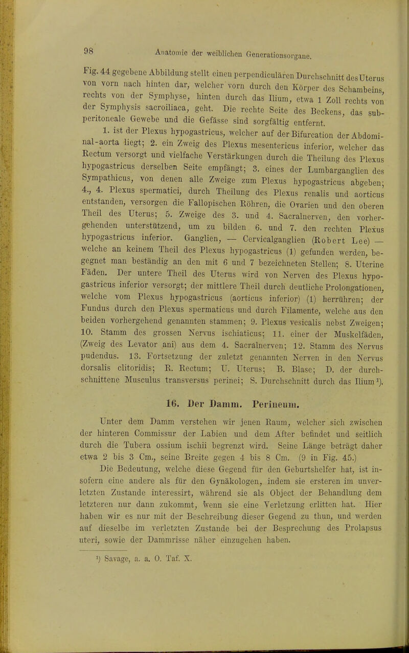 Fig. 44 gegebene Abbildung stellt einen perpendiculären Durcl.schnitt desUterus von vorn nach l.inten dar, welcher vorn durch den Körper des Schambeins rechts von der Sympliyse, hinten durch das Ilium, etwa 1 Zoll rechts von der Sympliysis sacroiliaca, geht. Die rechte Seite des Beckens, das sub- pentoncale Gewebe und die Gefässe sind sorgfältig entfernt. 1. ist der Plexus hypogastricus, welcher auf der Bifurcation der Abdomi- nal-aorta liegt; 2. ein Zweig des Plexus mesentericus inferior, welcher das Rectum versorgt und vielfache Verstärkungen durch die Theilujig des Plexus hypogastricus derselben Seite empfängt; 3. eines der Lumbarganglien des Sympathicus, von denen alle Zweige zum Plexus hypogastricus abgeben; 4., 4. Plexus spermatici, durch Theilung des Plexus renalis und aorticus entstanden, versorgen die Fallopischen Röhren, die Ovarien und den oberen Theil des Uterus; 5. Zweige des 3. und 4. Sacralnerven, den vorher- gehenden unterstützend, um zu bilden 6. und 7. den rechten Plexus hypogastricus inferior. Ganglien, — Cervicalganglien (Robert Lee) — welche an keinem Theil des Plexus hypogastricus (1) gefunden werden, be- gegnet man beständig an den mit 6 und 7 bezeichneten Stellen; 8. Uterine Fäden. Der untere Theil des Uterus wird von Nerven des Plexus hypo- gastricus inferior versorgt; der mittlere Theil durch deutliche Prolongationen, welche vom Plexus hypogastricus (aorticus inferior) (1) herrühren; der Fundus durch den Plexus spermaticus und durch Filamente, welche aus den beiden vorhergehend genannten stammen; 9. Plexus vesicalis nebst Zweigen; 10. Stamm des grossen Nervus ischiaticus; 11. einer der Muskelfäden, (Zweig des Levator ani) aus dem 4. Sacralnerven; 12. Stamm des Nervus pudendus. 13. Fortsetzung der zuletzt genannten Nerven in den Nervus dorsalis clitoridis; R. Rectum; U. Uterus; B, Blase; D. der durch- schnittene Musculus transversus perinei; S. Durchschnitt durch das Ilium i). 16. Der Damm. Periueum. Unter dem Damm verstehen wir jenen Raum, welcher sich zwischen der hinteren Commissur der Labien und dem After befindet und seitlich durch die Tubera ossium ischii begrenzt wird. Seine Länge beträgt daher etwa 2 bis 3 Cm., seine Breite gegen 4 bis 8 Cm. (9 in Fig. 45.) Die Bedeutung, welche diese Gegend für den Geburtshelfer hat, ist in- sofern eine andere als für den Gynäkologen, indem sie ersteren im unver- letzten Zustande interessirt, während sie als Object der Behandlung dem letzteren nur dann zukommt, wenn sie eine Verletzung erlitten hat. Hier haben wir es nur mit der Beschreibung dieser Gegend zu thun, und werden auf dieselbe im verletzten Zustande bei der Besprechung des Prolapsus uteri, sowie der Dammrisse näher einzugehen haben. 1) Savage, a. a. 0. Taf. X.