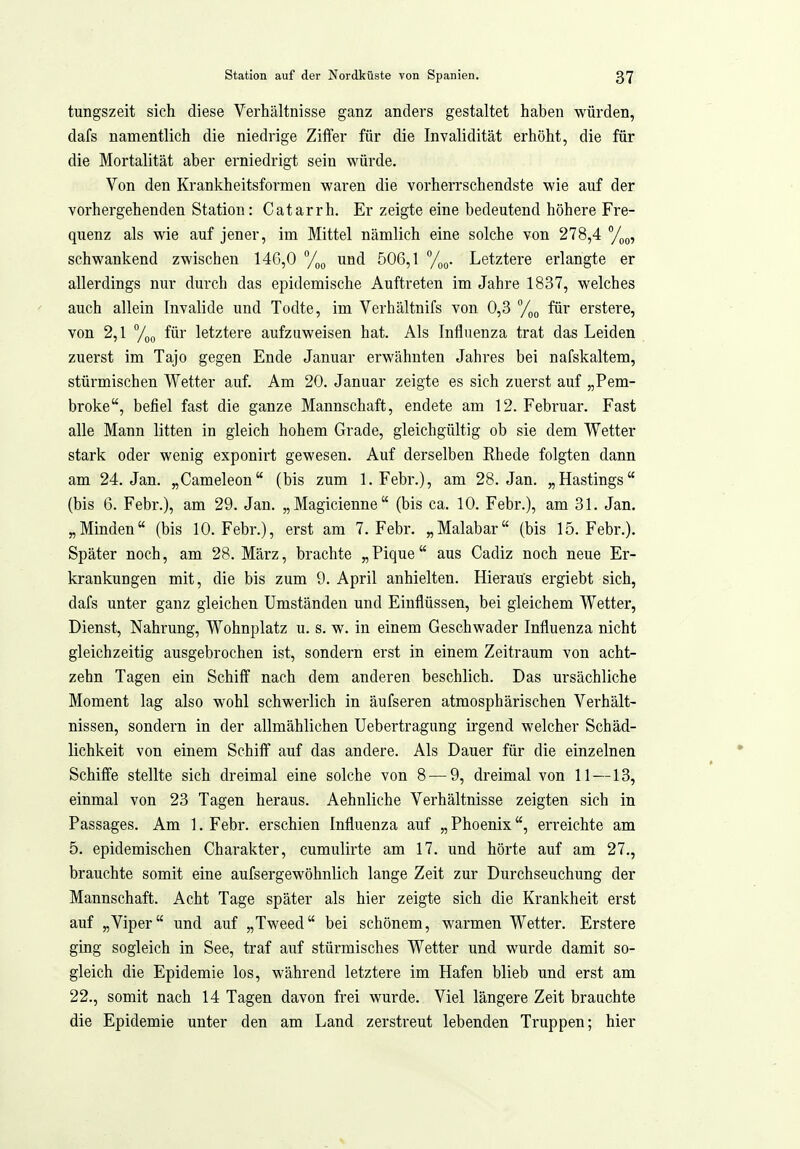 tungszeit sich diese Verhältnisse ganz anders gestaltet haben würden, dafs namentlich die niedrige Ziffer für die Invalidität erhöht, die für die Mortalität aber erniedrigt sein würde. Von den Krankheitsformen waren die vorherrschendste wie auf der vorhergehenden Station: Catarrh. Er zeigte eine bedeutend höhere Fre- quenz als wie auf jener, im Mittel nämlich eine solche von 278,4 schwankend zwischen 14G,0 %q und 506,1 y^o. Letztere erlangte er allerdings nur durch das epidemische Auftreten im Jahre 1837, welches auch allein Invalide und Todte, im Verhältnifs von 0,3 für erstere, von 2,1 y^g für letztere aufzuweisen hat. Als Influenza trat das Leiden zuerst im Tajo gegen Ende Januar erwähnten Jahres bei nafskaltem, stürmischen Wetter auf. Am 20. Januar zeigte es sich zuerst auf „Pem- broke, befiel fast die ganze Mannschaft, endete am 12. Februar. Fast alle Mann litten in gleich hohem Grade, gleichgültig ob sie dem Wetter stark oder wenig exponirt gewesen. Auf derselben Rhede folgten dann am 24. Jan. „Cameleon (bis zum 1. Febr.), am 28. Jan. „Hastings (bis 6. Febr.), am 29. Jan. „Magicienne (bis ca. 10. Febr.), am 31. Jan. „Minden (bis 10. Febr.), erst am 7. Febr. „Malabar (bis 15. Febr.). Später noch, am 28. März, brachte „Pique aus Cadiz noch neue Er- krankungen mit, die bis zum 9. April anhielten. Hieraus ergiebt sich, dafs unter ganz gleichen Umständen und Einflüssen, bei gleichem Wetter, Dienst, Nahrung, Wohnplatz u. s. w. in einem Geschwader Influenza nicht gleichzeitig ausgebrochen ist, sondern erst in einem Zeitraum von acht- zehn Tagen ein Schiff nach dem anderen beschlich. Das ursächliche Moment lag also wohl schwerlich in äufseren atmosphärischen Verhält- nissen, sondern in der allmählichen Uebertragung irgend welcher Schäd- lichkeit von einem Schiff auf das andere. Als Dauer für die einzelnen Schiffe stellte sich dreimal eine solche von 8 — 9, dreimal von 11—13, einmal von 23 Tagen heraus. Aehnliche Verhältnisse zeigten sich in Passages. Am 1. Febr. erschien Influenza auf „ Phoenix, erreichte am 5. epidemischen Charakter, cumulirte am 17. und hörte auf am 27., brauchte somit eine aufsergewöhnlich lange Zeit zur Durchseuchung der Mannschaft. Acht Tage später als hier zeigte sich die Krankheit erst auf „Viper und auf „Tweed bei schönem, warmen Wetter. Erstere ging sogleich in See, traf auf stürmisches Wetter und wurde damit so- gleich die Epidemie los, während letztere im Hafen blieb und erst am 22., somit nach 14 Tagen davon frei wurde. Viel längere Zeit brauchte die Epidemie unter den am Land zerstreut lebenden Truppen; hier