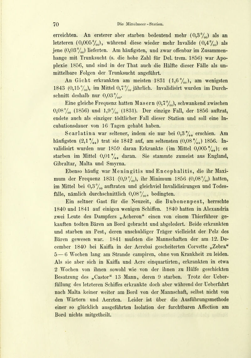erreichten. An ersterer aber starben bedeutend mehr (0,^%^) als an letzteren (0,005 %J, während diese wieder mehr Invalide (O^Too) als jene {0,03%J lieferten. Am häufigsten, und zwar offenbar im Zusammen- hange mit Trunksucht (s. die hohe Zahl für Del. trem. 1856) war Apo- plexie 1856, und sind in der That auch die Hälfte dieser Fälle als un- mittelbare Folgen der Trunksucht angeführt. An Gicht erkrankten am meisten 1831 (],6%o), am wenigsten 1843 (0,15 /oo), im Mittel 0,7 jährlich. Invalidisirt wurden im Durch- schnitt deshalb nur 0,03%^. Eine gleiche Frequenz hatten Masern (0,7/„o), schwankend zwischen 0,08% (1856) und 1,9y„„ (1831). Der einzige Fall, der 1856 auftrat, endete auch als einziger tödtlicher Fall dieser Station und soll eine In- cubationsdauer von 16 Tagen gehabt haben. Scarlatina war seltener, indem sie nur bei 0,3 %„ erschien. Am häufigsten (2,1% J trat sie 1842 auf, am seltensten (0,08 /„J 1856. In- validisirt wurden nur 1859 daran Erkrankte (im Mittel 0,005 %J; es starben im Mittel 0,01 /„^ daran. Sie stammte zumeist aus England, Gibraltar, Malta und Smyrna. Ebenso häufig war Meningitis und Encephalitis, die ihr Maxi- mum der Frequenz 1831 (0,9 %J, ihr Minimum 1856 (0,08 hatten, im Mittel bei 0,3 %g auftraten und gleichviel Invalidisirungen und Todes- fälle, nämlich durchschnittlich 0,08%^, bedingten. Ein seltner Gast für die Neuzeit, die Bubonenpest, herrschte 1840 und 1841 auf einigen wenigen Schiffen. 1840 hatten in Alexandria zwei Leute des Dampfers „Acheron einen von einem Thierführer ge- kauften todten Bären an Bord gebracht und abgeledert. Beide erkrankten und starben an Pest, deren unschuldiger Träger vielleicht der Pelz des Bären gewesen war. 1841 mufsten die Mannschaften der am 12. De- cember 1840 bei Kaiffa in der Acrebai gescheiterten Corvette „Zebra 5 —6 Wochen lang am Strande campiren, ohne von Krankheit zu leiden. Als sie aber sich in Kaiffa und Acre einquartirten, erkrankten in etwa 2 Wochen von ihnen sowohl wie von der ihnen zu Hülfe geschickten Besatzung des „Castor 13 Mann, deren 9 starben. Trotz der Ueber- füllung des letzteren Schiffes erkrankte doch aber während der Ueberfahrt nach Malta keiner weiter am Bord von der Mannschaft, selbst nicht von den Wärtern und Aerzten. Leider ist über die Ausführungsmethode einer so glücklich ausgeführten Isolation der furchtbaren Affection am Bord nichts mitgetheilt.