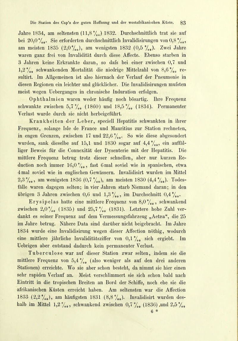 Jahre 1834, am seltensten (11,8 %„) 1832. Durchschnittlich trat sie auf bei 20,0 7i,j. Sie erforderten durchschnittlich Invalidisirungen vonO,8°/,o, am meisten 1835 (2,oy„J, am wenigsten 1832 (0,5 Zwei Jahre waren ganz frei von Invalidität durch diese Alfecte. Ebenso starben in 3 Jahren keine Erkrankte daran, so dafs bei einer zwischen 0,7 und l,2/,„ schwankenden Mortalität die niedrige Mittelzahl von 8,6 re- sultirt. Im Allgemeinen ist also hiernach der Verlauf der Pneumonie in diesen Regionen ein leichter und glücklicher. Die Invalidisirungen mufsten meist wegen Ueberganges in chronische Induration erfolgen. Ophthalmien waren weder häufig noch bösartig. Ihre Frequenz schwankte zwischen 5,7 %„ (1860) und 18,5 (1834). Permanenter Verlust wurde durch sie nicht herbeigeführt. Krankheiten der Leber, speciell Hepatitis schwankten in ihrer Frequenz, solange Isle de France und Mauritius zur Station rechneten, in engen Grenzen, zwischen 17 und 22,6 %„. So wie diese abgesondert wurden, sank dieselbe auf 15,1 und 1830 sogar auf 4,4/,^, ein auffäl- liger Beweis für die Connexität der Dysenterie mit der Hepatitis. Die mittlere Frequenz betrug trotz dieser schnellen, aber nur kurzen Re- duction noch immer 16,0 7« o 5 f^st 6 mal soviel wie in spanischen, etwa 4 mal soviel wie in englischen Gewässern. Invalidisirt wurden im Mittel 2,3 %„, am wenigsten 1836 (0,7 /„J, am meisten 1830 (4,4 /„J. Todes- fälle waren dagegen selten; in vier Jahren starb Niemand daran; in den übrigen 3 Jahren zwischen 0,6 und l,3°/,„, im Durchschnitt 0,4 %„. Erysipelas hatte eine mittlere Frequenz von 8,0/,„, schwankend zwischen 2,oy„„ (1835) und 25,7 (1831). Letztere hohe Zuhl ver- dankt es seiner Frequenz auf dem Vermessungsfahrzeug „Aetna, die 25 im Jahre betrug. Nähere Data sind darüber nicht beigebracht. Im Jahre 1834 wurde eine Invalidisirung wegen dieser Affection nöthig, wodurch eine mittlere jährliche InvaliditätszifFer von 0,1 %„ sich ergiebt. Im Uebrigen aber entstand dadurch kein permanenter Verlust. Tuberculose war auf dieser Station zwar selten, indem sie die mittlere Frequenz von 5,4°/,„ (also weniger als auf den drei anderen Stationen) erreichte. Wo sie aber schon besteht, da nimmt sie hier einen sehr rapiden Verlauf an. Meist verschlimmert sie sich schon bald nach Eintritt in die tropischen Breiten an Bord der Schiffe, noch ehe sie die afrikanischen Küsten erreicht haben. Am seltensten war die Affection 1833 (2,2 %J, am häufigsten 1831 (8,8 Invalidisirt wurden des- halb im Mittel l,2y„„, schwankend zwischen 0,7 (1836) .und 2,5 y.« 6 *