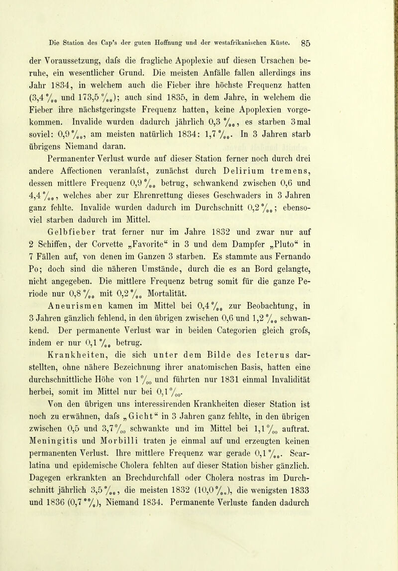 der Voraussetzung, dafs die fragliche Apoplexie auf diesen Ursachen be- ruhe, ein wesentlicher Grund. Die meisten Anfälle fallen allerdings ins Jahr 1834, in welchem auch die Fieber ihre höchste Frequenz hatten (3,4°/,„ und 173,5 y„J; auch sind 1835, in dem Jahre, in welchem die Fieber ihre nächstgeringste Frequenz hatten, keine Apoplexien vorge- kommen. Invalide wurden dadurch jährlich 0,3 %„, es starben 3mal soviel: 0,9°/,„, am meisten natürlich 1834: 1,7 /„g. In 3 Jahren starb übrigens Niemand daran. Permanenter Verlust wurde auf dieser Station ferner noch durch drei andere Affectionen veranlafst, zunächst durch Delirium tremens, dessen mittlere Frequenz 0,9 /„^ betrug, schwankend zwischen 0,6 und 4,4/,,, welches aber zur Ehrenrettung dieses Geschwaders in 3 Jahren ganz fehlte. Invalide wurden dadurch im Durchschnitt 0,2 %„; ebenso- viel starben dadurch im Mittel. Gelbfieber trat ferner nur im Jahre 1832 und zwar nur auf 2 Schiffen, der Corvette „Favorite in 3 und dem Dampfer „Pluto in 7 Fällen auf, von denen im Ganzen 3 starben. Es stammte aus Fernando Po; doch sind die näheren Umstände, durch die es an Bord gelangte, nicht angegeben. Die mittlere Frequenz betrug somit für die ganze Pe- riode nur 0,8/„„ mit 0,2y„, Mortalität. Aneurismen kamen im Mittel bei 0,4/,„ zur Beobachtung, in 3 Jahren gänzlich fehlend, in den übrigen zwischen 0,6 und 1,2 schwan- kend. Der permanente Verlust war in beiden Categorien gleich grofs, indem er nur 0,1 /„„ betrug, Krankheiten, die sich unter dem Bilde des Icterus dar- stellten, ohne nähere Bezeichnung ihrer anatomischen Basis, hatten eine durchschnittliche Höhe von 1°/^^ und führten nur 1831 einmal Invalidität herbei, somit im Mittel nur bei 0,!/(,(,. Von den übrigen uns interessirenden Krankheiten dieser Station ist noch zu erwähnen, dafs „Gicht in 3 Jahren ganz fehlte, in den übrigen zwischen 0,5 und 3,7 %y schwankte und im Mittel bei 1,1 /oo auftrat. Meningitis und Morbilli traten je einmal auf und erzeugten keinen permanenten Verlust. Ihre mittlere Frequenz war gerade 0,l/,„. Scar- latina und epidemische Cholera fehlten auf dieser Station bisher gänzlich. Dagegen erkrankten an Brechdurchfall oder Cholera nostras im Durch- schnitt jähi'lich 3,5''/,o, die meisten 1832 (10,0%,,), die wenigsten 1833 und 1836 (0,7'%], Niemand 1834. Permanente Verluste fanden dadurch