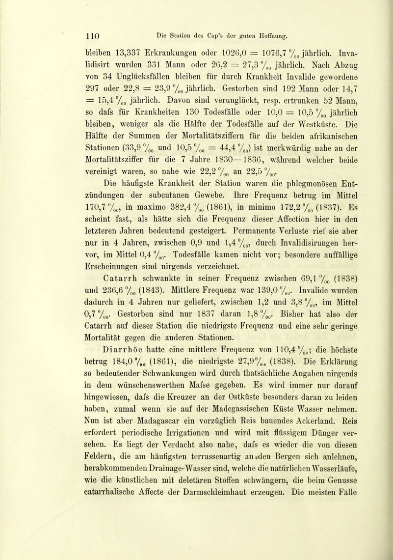 bleiben 13,337 Erkrankungen oder 1026,0 = 1076,7 /„Jährlich. Inva- lidisirt wurden 331 Mann oder 26,2 = 27,3 jährlich. Nach Abzug von 34 Unglücksfällen bleiben für durch Krankheit Invalide gewordene 297 oder 22,8 = 23,9 /„Jährlich. Gestorben sind 192 Mann oder 14,7 = 15,4/,o jährlich. Davon sind verunglückt, resp. ertrunken 52 Mann, so dafs für Krankheiten 130 Todesfälle oder 10,0 — 10,5 /„„ jährlich bleiben, weniger als die Hälfte der Todesfälle auf der Westküste. Die Hälfte der Summen der Mortalitätsziffern für die beiden afrikanischen Stationen (33,9 %„ und 10,5 %(, = 44,4 /„J ist merkwürdig nahe an der Mortalitätszilfer für die 7 Jahre 1830 —1836, während welcher beide vereinigt waren, so nahe wie 22,2 /„„ an 22,5 /(,„. Die häufigste Krankheit der Station waren die phlegmonösen Ent- zündungen der subcutanen Gewebe. Ihre Frequenz betrug im Mittel 170,7 /„„, in maximo 382,4 /„J1861), in minimo 172,2 /„J1837). Es scheint fast, als hätte sich die Frequenz dieser Affection hier in den letzteren Jahren bedeutend gesteigert. Permanente Verluste rief sie aber nur in 4 Jahren, zwischen 0,9 und l,4y„„, durch Invalidisirungen her- vor, im Mittel 0,4 /„„. Todesfälle kamen nicht vor; besondere auffällige Erscheinungen sind nirgends verzeichnet. Catarrh schwankte in seiner Frequenz zwischen 69,1 /„„ (1838) und 236,6 /oJl 843). Mittlere Frequenz war 139,0 /,,. Invalide wurden dadurch in 4 Jahren nur geliefert, zwischen 1,2 und 3,8 /,„, im Mittel 0,7 %(,. Gestorben sind nur 1837 daran l,8%o. Bisher hat also der Catarrh auf dieser Station die niedrigste Frequenz und eine sehr geringe Mortalität gegen die anderen Stationen. Diarrhöe hatte eine mittlere Frequenz von 110,4 %p; die höchste betrug 184,0y„„ (1861), die niedrigste 27,9y„„ (1838). Die Erklärung so bedeutender Schwankungen wird durch thatsächliche Angaben nirgends in dem wünschenswerthen Mafse gegeben. Es wird immer nur darauf hingewiesen, dafs die Kreuzer an der Ostküste besonders daran zu leiden haben, zumal wenn sie auf der Madegassischen Küste Wasser nehmen. Nun ist aber Madagascar ein vorzüglich Reis bauendes Ackerland. Reis erfordert periodische Irrigationen und wird mit flüssigem Dünger ver- sehen. Es liegt der Verdacht also nahe, dafs es wieder die von diesen Feldern, die am häufigsten terrassenartig an »den Bergen sich anlehnen, herabkommenden Drainage-Wasser sind, welche die natürlichen Wasserläufe, wie die künstlichen mit deletären Stoffen schwängern, die beim Genüsse catarrhalische Affecte der Darmschleimhaut erzeugen. Die meisten Fälle