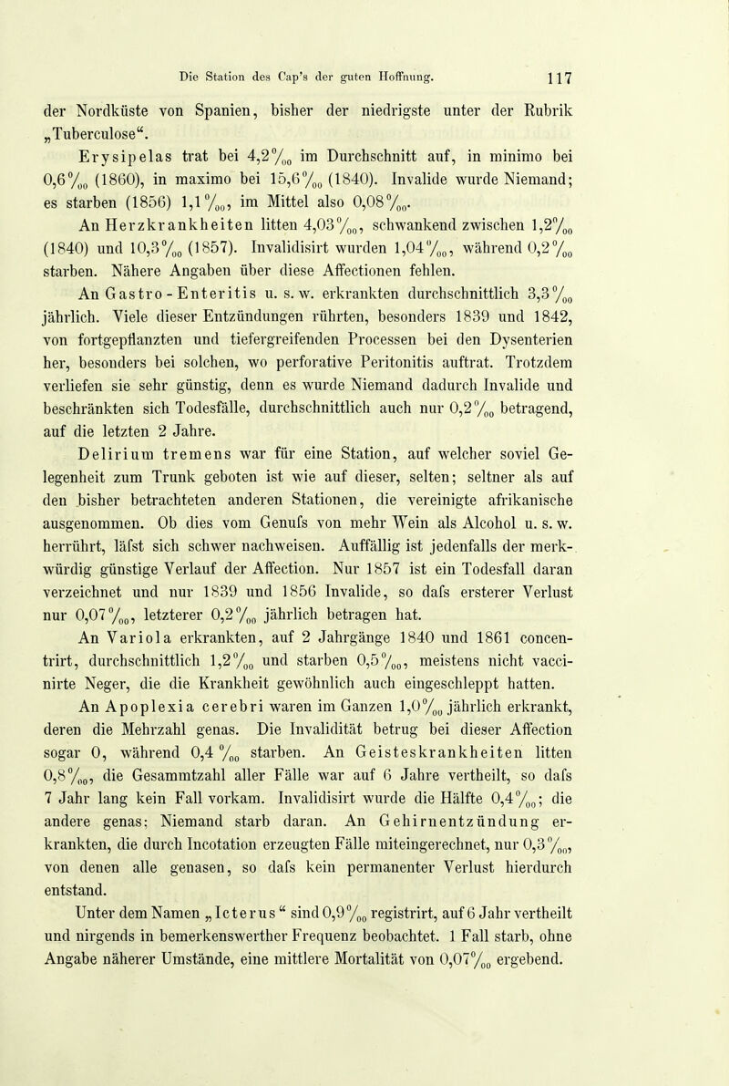 der Nordküste von Spanien, bisher der niedrigste unter der Rubrik „Tuberculose. Ery sipelas trat bei 4,2^,0 im Durchschnitt aiif, in minimo bei 0,671,0 (1860), in maximo bei 15,6(1840). Invalide wurde Niemand; es starben (1856) 1,1 V««, im Mittel also 0,08%. An Herzkrankheiten litten 4,03%„, schwankend zwischen l,2/,„ (1840) und 10,3y„o (1857). Invalidisirt wurden l,047o,, während 0,2 starben. Nähere Angaben über diese AfFectionen fehlen. An Gastro - Enteritis u. s. w. erkrankten durchschnittlich 3,3 jährlich. Viele dieser Entzündungen rührten, besonders 1839 und 1842, von fortgepflanzten und tiefergreifenden Processen bei den Dysenterien her, besonders bei solchen, wo perforative Peritonitis auftrat. Trotzdem verliefen sie sehr günstig, denn es wurde Niemand dadurch Invalide und beschränkten sich Todesfälle, durchschnittlich auch nur 0,2 betragend, auf die letzten 2 Jahre. Delirium tremens war für eine Station, auf welcher soviel Ge- legenheit zum Trunk geboten ist wie auf dieser, selten; seltner als auf den bisher betrachteten anderen Stationen, die vereinigte afrikanische ausgenommen. Ob dies vom Genufs von mehr Wein als Alcohol u. s. w. herrührt, läfst sich schwer nachweisen. Auffällig ist jedenfalls der merk-, würdig günstige Verlauf der Affection. Nur 1857 ist ein Todesfall daran verzeichnet und nur 1839 und 1856 Invalide, so dafs ersterer Verlust nur 0,077^0, letzterer 0,27^0 jährlich betragen hat. An Variola ei'krankten, auf 2 Jahrgänge 1840 und 1861 concen- trirt, durchschnittlich 1,2 7oo starben 0,57ooi meistens nicht vacci- nirte Neger, die die Krankheit gewöhnlich auch eingeschleppt hatten. An Apoplexia cerebri waren im Ganzen l,07oo jährlich erkrankt, deren die Mehrzahl genas. Die Invalidität betrug bei dieser AflPection sogar 0, während 0,4 7oo starben. An Geisteskrankheiten litten 0,8%„, die Gesammtzahl aller Fälle war auf 6 Jahre vertheilt, so dafs 7 Jahr lang kein Fall vorkam. Invalidisirt wurde die Hälfte 0,4 7oo; die andere genas; Niemand starb daran. An Gehirnentzündung er- krankten, die durch Incotation erzeugten Fälle miteingerechnet, nur 0,3 %„, von denen alle genasen, so dafs kein permanenter Verlust hierdurch entstand. Unter dem Namen „Icterus sind 0,9 7oo registrirt, auf 6 Jahr vertheilt und nirgends in bemerkenswerther Frequenz beobachtet. 1 Fall starb, ohne Angabe näherer Umstände, eine mittlere Mortalität von 0,01°/^^ ergebend.