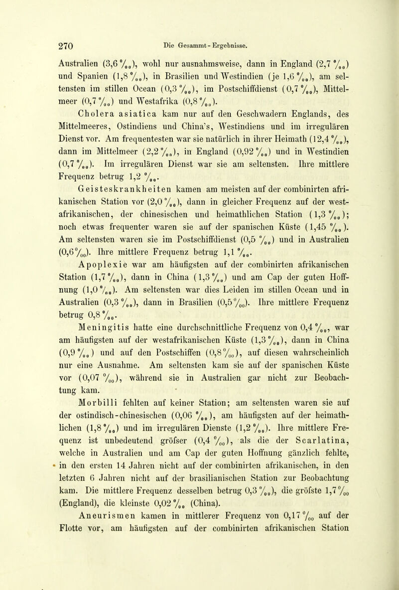 Australien (3,6 %J, wohl nur ausnahmsweise, dann in England (2,7 %J und Spanien (1,8 %J, in Brasilien und Westindien (je 1,6 /„J, am sel- tensten im stillen Ocean (0,3 %J, im Postschiffdienst (0,7y„J, Mittel- meer (0,7 /.J und Westafrika (0,8 /„„). Cholera asiatica kam nur auf den Geschwadern Englands, des Mittelmeeres, Ostindiens und China's, Westindiens und im irregulären Dienst vor. Am frequentesten war sie natürlich in ihrer Heimath (12,4 % J, dann im Mittelmeer (2,2 /„J, in England (0,92 %J und in Westindien (0,7 /„o). Im irregulären Dienst war sie am seltensten. Ihre mittlere Frequenz betrug 1,2 %„. Geisteskrankheiten kamen am meisten auf der combinirten afri- kanischen Station vor (2,0'/„J, dann in gleicher Frequenz auf der west- afrikanischen, der chinesischen und heimathlichen Station (1,3 /„„); noch etwas frequenter waren sie auf der spanischen Küste (1,45 /oo)- Am seltensten waren sie im Postschiffdienst (0,5 /,J und in Australien (0,6 7oo). Ihre mittlere Frequenz betrug 1,1 /,„. Apoplexie war am häufigsten auf der combinirten afrikanischen Station (1,7 /„„), dann in China (1,3°/,J und am Cap der guten Hoff- nung (1,0 7oo)- Am seltensten war dies Leiden im stillen Ocean und in Australien (0,3y„J, dann in Brasilien (0,5ToJ. Ihre mittlere Frequenz betrug 0,8 %„. Meningitis hatte eine durchschnittliche Frequenz vonO,4%„, war am häufigsten auf der westafrikanischen Küste (1,3 /„„), dann in China (0,9 y„„) und auf den Postschiffen (0,87^^), auf diesen wahrscheinlich nur eine Ausnahme. Am seltensten kam sie auf der spanischen Küste vor (0,07 Voo), während sie in Australien gar nicht zur Beobach- tung kam. Morbilli fehlten auf keiner Station; am seltensten waren sie auf der ostindisch-chinesischen (0,06 %„), am häufigsten auf der heimath- lichen (1,87^0) und im irregulären Dienste (1,2 7oo)- Ihi'e mittlere Fre- quenz ist unbedeutend gröfser (0,4 %o), als die der Scarlatina, welche in Australien und am Cap der guten Hoffnung gänzlich fehlte, • in den ersten 14 Jahren nicht auf der combinirten afrikanischen, in den letzten 6 Jahren nicht auf der brasilianischen Station zur Beobachtung kam. Die mittlere Frequenz desselben betrug 0,3 7, J, die gröfste 1,7 7oo (England), die kleinste 0,02 7„„ (China). Aneurismen kamen in mittlerer Frequenz von 0,17 auf der Flotte vor, am häufigsten auf der combinirten afrikanischen Station