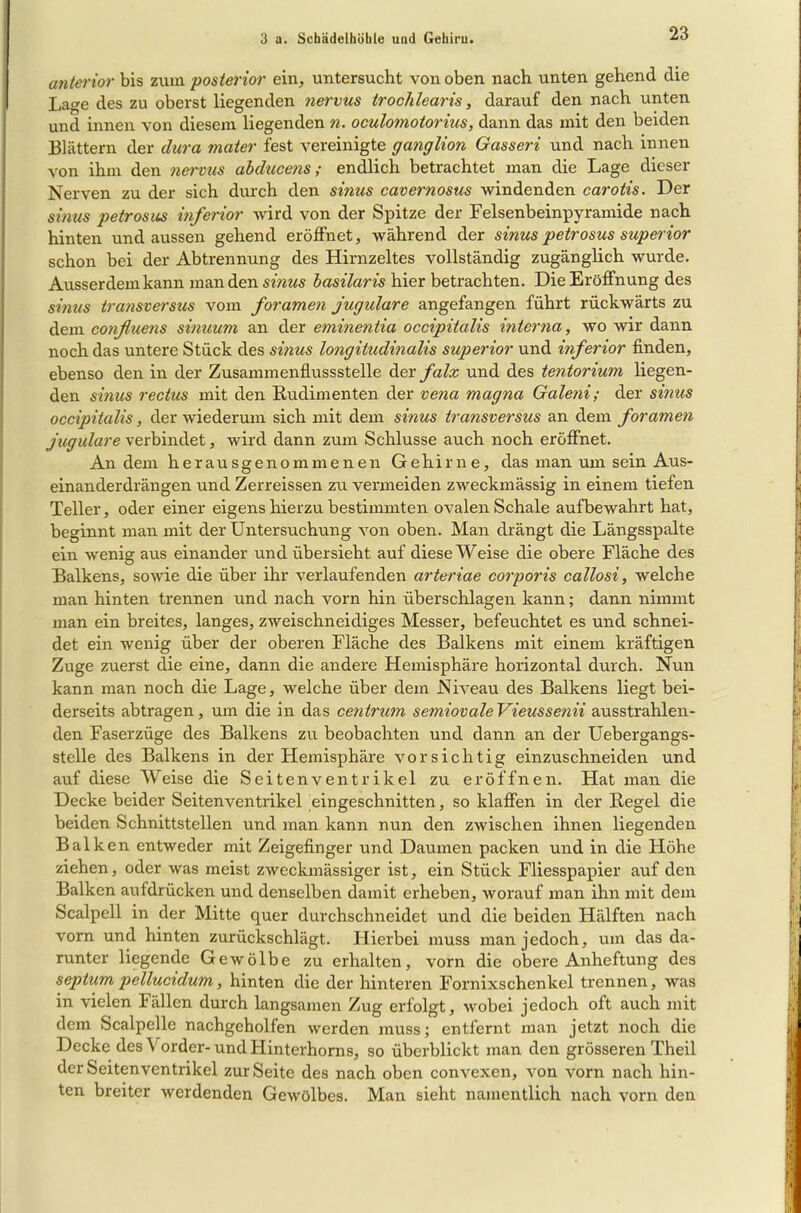 anterior bis zum posterior ein, untersucht von oben nach unten gehend die Lage des zu oberst liegenden nervus trochlearis, darauf den nach unten und innen von diesem liegenden n. oculomotorius, dann das mit den beiden Blättern der dura mater fest vereinigte ganglion Gasseri und nach innen von ihm den nervus abducens; endlich betrachtet man die Lage dieser Nerven zu der sich durch den smus cavernosus windenden carotis. Der sinus petrosus inferior wird von der Spitze der Felsenbeinpyramide nach hinten und aussen gehend eröffnet, während der sinus petrosus superior schon bei der Abtrennung des Hirnzeltes vollständig zugänglich wurde. Ausserdem kann man den smus basilaris hier betrachten. Die Eröffnung des sinus transversus vom foramen jugulare angefangen führt rückwärts zu dem confluens sinuurn an der eminentia occipitalis interna, wo wir dann noch das untere Stück des sinus longitudinalis superior und inferior finden, ebenso den in der Zusammenflussstelle der falx und des tentorium liegen- den sinus rectus mit den Rudimenten der vena magna Galeni; der sinus occipitalis, der wiederum sich mit dem sinus transversus an dem foramen jugulare verbindet, wird dann zum Schlüsse auch noch eröffnet. An dem herausgenommenen Gehirne, das man um sein Aus- einanderdrängen und Zerreissen zu vermeiden zweckmässig in einem tiefen Teller, oder einer eigens hierzu bestimmten ovalen Schale aufbewahrt hat, beginnt man mit der Untersuchung von oben. Man drängt die Längsspalte ein wenig aus einander und übersieht auf diese Weise die obere Fläche des Balkens, sowie die über ihr verlaufenden arteriae corporis callosi, welche man hinten trennen und nach vorn hin überschlagen kann; dann nimmt man ein breites, langes, zweischneidiges Messer, befeuchtet es und schnei- det ein wenig über der oberen Fläche des Balkens mit einem kräftigen Zuge zuerst die eine, dann die andere Hemisphäre horizontal durch. Nun kann man noch die Lage, welche über dem Niveau des Balkens liegt bei- derseits abtragen, um die in das cetitru?n semiovaleVieussenii ausstrahlen- den Faserzüge des Balkens zu beobachten und dann an der Uebergangs- stelle des Balkens in der Hemisphäre vorsichtig einzuschneiden und auf diese AVeise die Seiten Ventrikel zu eröffnen. Hat man die Decke beider Seiten Ventrikel pingeschnitten, so klaffen in der Regel die beiden Schnittstellen und man kann nun den zwischen ihnen liegenden Balk en entweder mit Zeigefinger und Daumen packen und in die Höhe ziehen, oder was meist zweckmässiger ist, ein Stück Fliesspapier auf den Balken aufdrücken und denselben damit erheben, worauf man ihn mit dem Scalpell in der Mitte quer durchschneidet und die beiden Hälften nach vorn und hinten zurückschlägt. Hierbei muss man jedoch, um das da- runter liegende Gewölbe zu erhalten, vorn die obere Anheftung des septum pellucidum, hinten die der hinteren Fornixschenkel trennen, was in vielen Fällen durch langsamen Zug erfolgt, wobei jedoch oft auch mit dem Scalpelle nachgeholfen werden muss; entfernt man jetzt noch die Decke des Vorder-und Hinterhorns, so überblickt man den grösseren Theil der Seitenventrikel zur Seite des nach oben convexen, von vorn nach hin- ten breiter werdenden Gewölbes. Man sieht namentlich nach vorn den