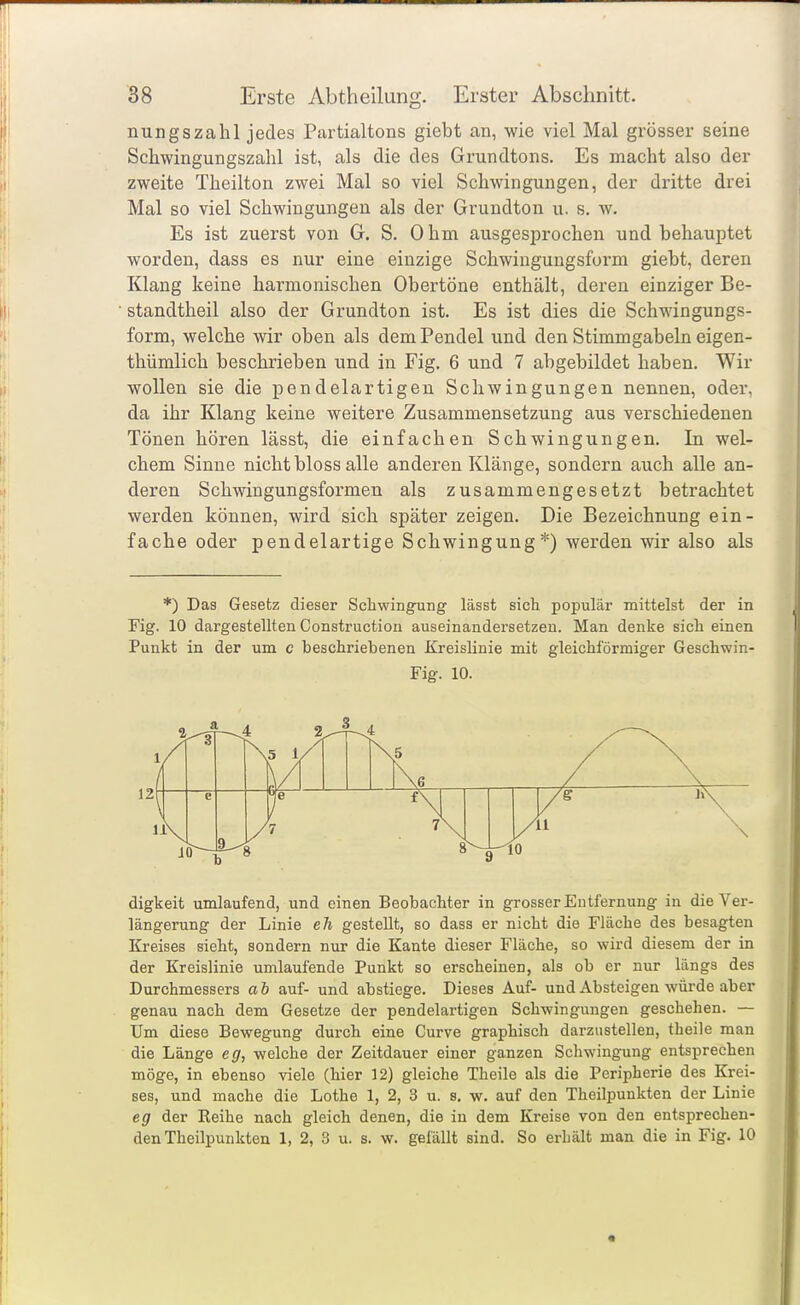 nungszahl jedes Partialtons giebt an, wie viel Mal grösser seine Schwingungszahl ist, als die des Grundtons. Es macht also der zweite Theilton zwei Mal so viel Schwingungen, der dritte drei Mal so viel Schwingungen als der Grundton u. s. w. Es ist zuerst von G. S. Ohm ausgesprochen und behauptet worden, dass es nur eine einzige Schwinguugsform giebt, deren Klang keine harmonischen Obertöne enthält, deren einziger Be- ■ standtheil also der Grundton ist. Es ist dies die Schwingungs- form, welche wir oben als dem Pendel und den Stimmgabeln eigen- thümlich beschrieben und in Fig. 6 und 7 abgebildet haben. Wir wollen sie die pendelartigeu Schwingungen nennen, oder, da ihr Klang keine weitere Zusammensetzung aus verschiedenen Tönen hören lässt, die einfachen Schwingungen. In wel- chem Sinne nicht bloss alle anderen Klänge, sondern auch alle an- deren Schwingungsformen als zusammengesetzt betrachtet werden können, wird sich später zeigen. Die Bezeichnung ein- fache oder pendelartige Schwingung*) werden wir also als *) Das Gesetz dieser Schwingung lässt sich populär mittelst der in Fig. 10 dargestellten Construction auseinandersetzen. Man denke sich einen Punkt in der um e beschriebenen Kreislinie mit gleichförmiger Geschwin- Fig. 10. digkeit umlaufend, und einen Beobachter in grosser Entfernung in die Ver- längerung der Linie eh gestellt, so dass er nicht die Fläche des besagten Kreises sieht, sondern nur die Kante dieser Fläche, so wird diesem der in der Kreislinie umlaufende Punkt so erscheinen, als ob er nur längs des Durchmessers ah auf- und abstiege. Dieses Auf- und Absteigen wiirde aber genau nach dem Gesetze der pendelartigen Schwingungen geschehen. — Um diese Bewegung durch eine Curve graphisch darzustellen, theile man die Länge eg., welche der Zeitdauer einer ganzen Schwingung entsprechen möge, in ebenso viele (hier 12) gleiche Theile als die Peripherie des Krei- ses, und mache die Lothe 1, 2, 3 u. s. w. auf den Theilpunkten der Linie eg der Reihe nach gleich denen, die in dem Kreise von den entsprechen- den Theilpunkten 1, 2, 3 u. s. w. gefällt sind. So erhält man die in Fig. 10