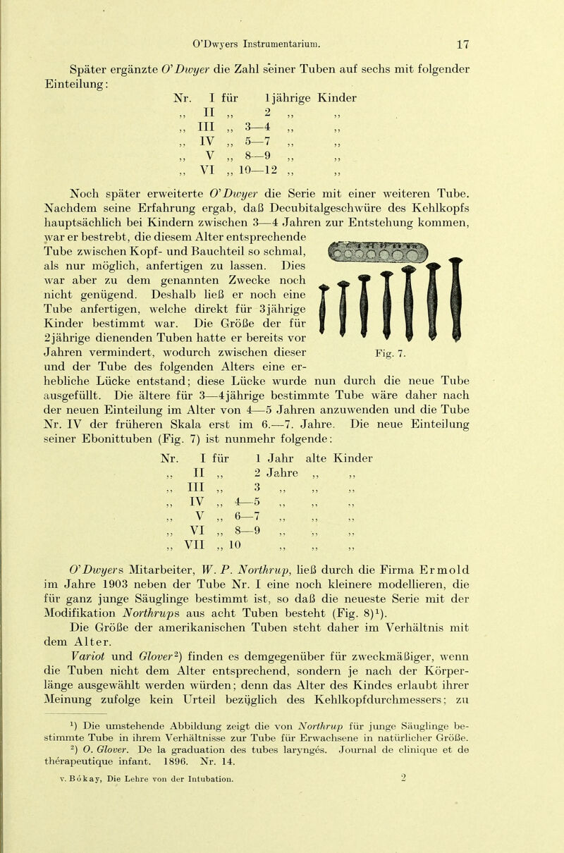 Später ergänzte O'Divyer die Zahl seiner Tuben auf sechs mit folgender Einteilung: Nr. I für 1jährige Kinder II 2 III „ 3— -4 IV „ 5— -7 V 8— -9 VI ,.: 10— -12 Noch später erweiterte 0'Divyer die Serie mit einer weiteren Tube. Nachdem seine Erfahrung ergab, daß Decubitalgeschwüre des Kehlkopfs hauptsächlich bei Kindern zwischen 3—4 Jahren zur Entstehung kommen, war er bestrebt, die diesem Alter entsprechende Tube zwischen Kopf- und Bauchteil so schmal, als nur möglich, anfertigen zu lassen. Dies war aber zu dem genannten Zwecke noch nicht genügend. Deshalb ließ er noch eine Tube anfertigen, welche direkt für 3jährige Kinder bestimmt war. Die Größe der für 2 jährige dienenden Tuben hatte er bereits vor Jahren vermindert, wodurch zwischen dieser und der Tube des folgenden Alters eine er- hebliche Lücke entstand; diese Lücke wurde nun durch die neue Tube ausgefüllt. Die ältere für 3—4jährige bestimmte Tube wäre daher nach der neuen Einteilung im Alter von 4—5 Jahren anzuwenden und die Tube Nr. IV der früheren Skala erst im 6.—7. Jahre. Die neue Einteilung seiner Ebonittuben (Fig. 7) ist nunmehr folgende: Fig. 7. Nr. I für 1 Jahr alte Kinder II 5 > 2 Jahre ,, , III J 5 3 „ IV , 4— ■5 „ V „ 6- -7 „ VI „ 8- -9 „ VII „ io O'Dwyers Mitarbeiter, W. P. Northrup, ließ durch die Firma Ermold im Jahre 1903 neben der Tube Nr. I eine noch kleinere modellieren, die für ganz junge Säuglinge bestimmt ist, so daß die neueste Serie mit der Modifikation Northrups aus acht Tuben besteht (Fig. 8)1). Die Größe der amerikanischen Tuben steht daher im Verhältnis mit dem Alter. Variot und Glover2) finden es demgegenüber für zweckmäßiger, wenn die Tuben nicht dem Alter entsprechend, sondern je nach der Körper- länge ausgewählt werden würden; denn das Alter des Kindes erlaubt ihrer Meinung zufolge kein Urteil bezüglich des Kehlkopfdurchmessers; zu -1) Die umstehende Abbildung zeigt die von Northrup für junge Säuglinge be- stimmte Tube in ihrem Verhältnisse zur Tube für Erwachsene in natürlicher Größe. 2) 0. Glover. De la graduation des tubes larynges. Journal de clinique et de therapeutique infant. 1896. Nr. 14. v. Bökay, Die Lehre von der Intubation. 2