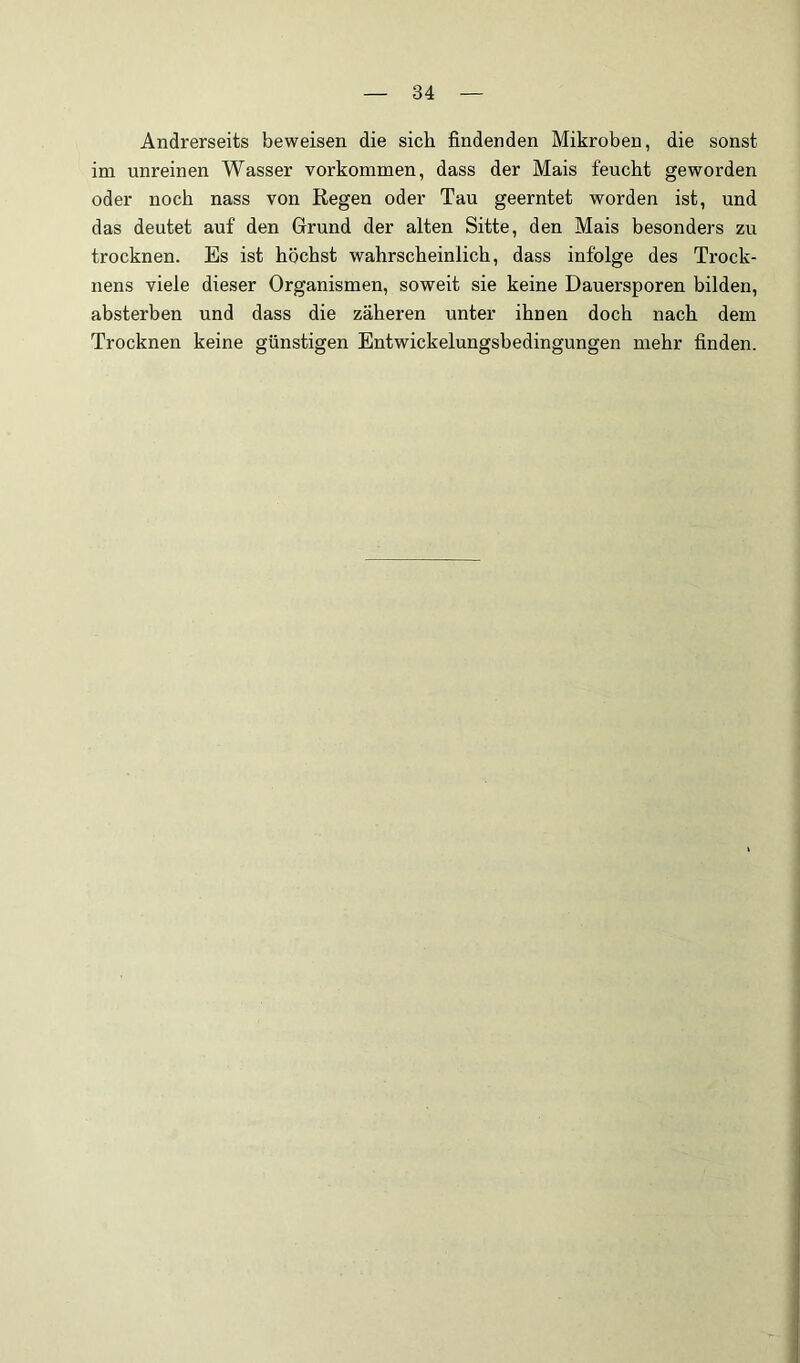 Andrerseits beweisen die sich findenden Mikroben, die sonst im unreinen Wasser Vorkommen, dass der Mais feucht geworden oder noch nass von Regen oder Tau geerntet worden ist, und das deutet auf den Grund der alten Sitte, den Mais besonders zu trocknen. Es ist höchst wahrscheinlich, dass infolge des Trock- nens viele dieser Organismen, soweit sie keine Dauersporen bilden, absterben und dass die zäheren unter ihnen doch nach dem Trocknen keine günstigen Entwickelungsbedingungen mehr finden.