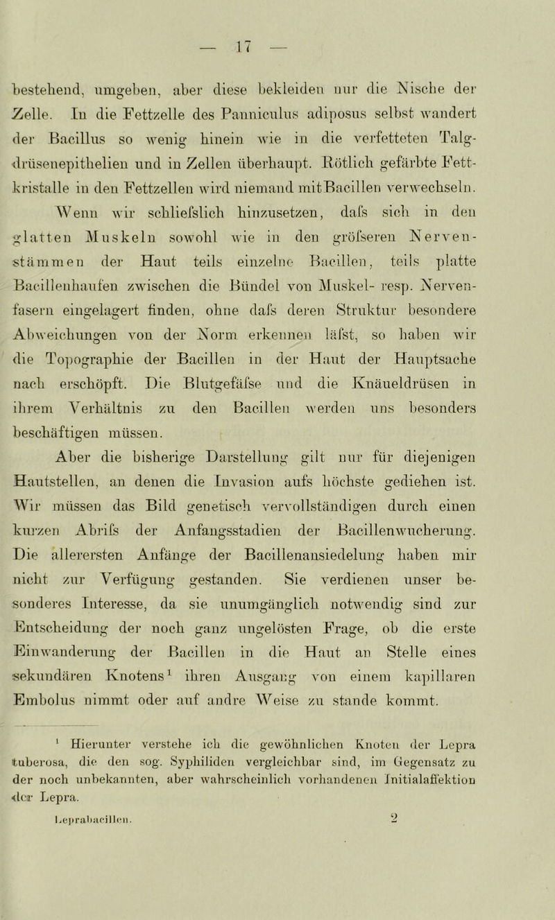 Ijestehend, umgehen, aber diese bekleiden nur die Nische der Zelle. lu die Fettzelle des Panuiculus adiposus selbst wandert dei’ Bacillus so wenig hinein wie in die verfetteten Talg- drüsenepitbelien und in Zellen übeihaupt. liötlich gefärbte Fett- kristalle in den Fettzellen wird niemand mitPacillen verwechseln. Wenn wir schliefslich hinzusetzen, dafs sich in den glatten Muskeln sowohl wie in den gröfseren Nerven- Stämmen dei- Haut teils einzelne Kacillen, teils platte Bacillenhaufen zwischen die Bündel von Muskel- resj). Nerven- fasern eingelagert finden, ohne dafs deren Struktur besondere Abweichungen von der Norm erkennen läfst. so haben wir die To])ographie der Bacillen in der H.aut der Hauptsache nach erschöpft. Die Blutgefäfse und die Knäueldrüsen in ihrem Verhältnis zu den Bacillen werden uns besonders beschäftigen müssen. Aber die bisherige Darstellung gilt nur für diejenigen Hautstellen, an denen die Invasion aufs höchste gediehen ist. Wir müssen das Bild genetisch veiu'ollständigen durch einen kuj'zen Ahiifs der Anfangsstadien dei’ Bacillenwucherung. Die allerersten Anfänge der Bacillenansiedelung haben mir nicht zur Verfügung gestanden. Sie verdienen unser be- sonderes Interesse, da sie unumgänglich notwendig sind zur Kntscheidung dei’ noch ganz ungelösten Frage, oh die erste Finwanderung der Bacillen in die Haut an Stelle eines sekundären Knotens^ ihren Ausgang von einem ka])illaren Embolus nimmt oder auf andre Weise zu stände kommt. ' Hierunter verstehe ich die gewöhnlichen Knoten der Lepra tuberüsa, die den sog. Syphiliden vergleichbar sind, iin Gegensatz zu der noch unbekannten, aber wahrscheinlich vorliandenen Initialafiektiou <ler Lepra. liepralt!U‘ill(*n. 2
