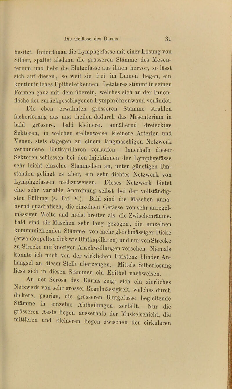 besitzt. Injicirt man die Lymphgefässe mit einer Lösung von Silber, spaltet alsdann die grösseren Stämme des Mesen- terium und hebt die Blutgefässe aus ihnen hervor', so lässt sich auf diesen, so weit sie frei im Lumen liegen, ein kontinuirliches Epithel erkennen. Letzteres stimmt in seinen Formen ganz mit dem überein, welches sich an der Innen- fläche der zurückgeschlagenen Lymphröhrenwand vorlindet. Die eben erwähnten grösseren Stämme strahlen fächerförmig aus und theilen dadurch das Mesenterium in bald grössere, bald kleinere, annähernd dreieckige Sektoren, in welchen stellenweise kleinere Arterien und Venen, stets dagegen zu einem langmaschigen Netzwerk verbundene Blutkapillaren verlaufen. Innerhalb dieser Sektoren schiessen bei den Injektionen der Lymphgefässe sehr leicht einzelne Stämmchen an, unter günstigen Um- ständen gelingt es aber, ein sehr dichtes Netzwerk von Lymphgefässen nachzuweisen. Dieses Netzwerk bietet eine sehr variable Anordnung selbst bei der vollständig- sten Füllung (s. Taf. V.). Bald sind die Maschen annä- hernd quadratisch, die einzelnen Gefässe von sehr unregel- mässiger Weite und meist breiter als die Zwischenräume, bald sind die Maschen sehr lang gezogen, die einzelnen kommunicirenden Stämme von mehr gleichmässiger Dicke (etwa doppelt so dick wie Blutkapillaren) und nur von Strecke zu Strecke mit knotigen Anschwellungen versehen. Niemals konnte ich mich von der wirklichen Existenz blinder An- hängsel an dieser Stelle überzeugen. Mittels Silberlösung liess sich in diesen Stämmen ein Epithel nachweisen. An dei Seiosa des Darms zeigt sich ein zierliches Netzwerk von sehr grosser Regelmässigkeit, welches durch dickere, paarige, die grösseren Blutgefässe begleitende Stämme in einzelne Abtheilungen zerfällt. Nur die grösseren Aeste liegen ausserhalb der Muskelschicht, die mittleren und kleineren liegen zwischen der cirkulären