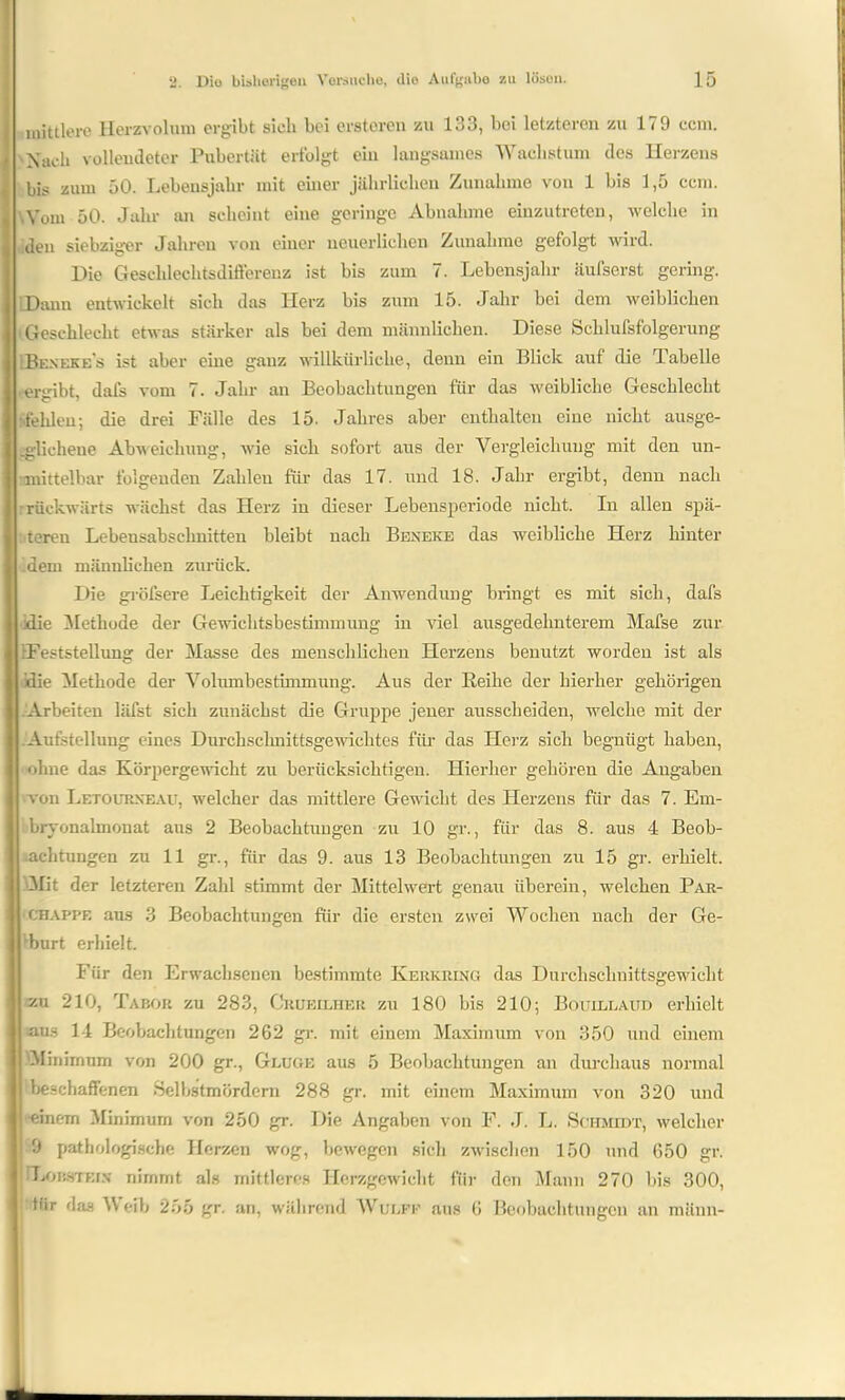 mittlere Herzvolum ergibt sieh bei erstem! zu 133, bei letzteren zu 179 ccm. Nach vollendeter Pubertät erfolgt ein langsames Wachstum des Herzens bis zum 50. Lebensjahr mit einer jährlichen Zunahme von 1 bis 1,5 ccm. Vom 50. Jahr an scheint eine geringe Abnahme einzutreten, welche in den siebziger Jahren von einer neuerlichen Zunahme gefolgt wird. Die Geschlechtsdifferenz ist bis zum 7. Lebensjahr äufserst gering. '.Dann entwickelt sich das Herz bis zum 15. Jahr bei dem weiblichen ‘Geschlecht etwas stärker als bei dem männlichen. Diese Sclilufsfolgerung LBe.neke's ist aber eine ganz willkürliche, denn ein Blick auf die Tabelle ■ ergibt, dafs vom 7. Jahr an Beobachtungen für das weibliche Geschlecht ■,fehlen; die drei Fälle des 15. Jahres aber enthalten eine nicht ausge- glichene Abweichung, wie sich sofort aus der Vergleichung mit den un- mittelbar folgenden Zahlen für das 17. und 18. Jahr ergibt, denn nach rückwärts wächst das Herz in dieser Lebensperiode nicht. In allen spä- teren Lebensabschnitten bleibt nach Beneke das weibliche Herz hinter 'dem männlichen zurück. Die gröfsere Leichtigkeit der Anwendung bringt es mit sich, dafs :die [Methode der Gewichtsbestimmung in viel ausgedehnterem Mafse zur Feststellung der Masse des menschlichen Herzens benutzt worden ist als idie Methode der Volumbesthnmung. Aus der Reihe der hierher gehöligen .Arbeiten läfst sich zunächst die Gruppe jener ausscheiden, welche mit der Aufstellung eines Durchschnittsgewichtes für das Herz sich begnügt haben, ohne das Körpergewicht zu berücksichtigen. Hierher gehören die Angaben von Letourxeau, welcher das mittlere Gewicht des Herzens für das 7. Em- bryonalmonat aus 2 Beobachtungen zu 10 gr., für das 8. aus 4 Beob- I Achtungen zu 11 gr., für das 9. aus 13 Beobachtungen zu 15 gr. erhielt. Mit der letzteren Zahl stimmt der Mittelwert genau überein, welchen Par- CHAPPE aus 3 Beobachtungen für die ersten zwei Wochen nach der Ge- burt erhielt. Für den Erwachsenen bestimmte Kerkring das Durchschnittsgewicht xu 210, Tabor zu 283, Crueilher zu 180 bis 210; Bouillaud erhielt aus 14 Beobachtungen 262 gr. mit einem Maximum von 350 und einem Minimum von 200 gr., Geuge aus 5 Beobachtungen an durchaus normal beschaffenen Selbstmördern 288 gr. mit einem Maximum von 320 und | leinem Minimum von 250 gr. Die Angaben von F. J. L. Schmidt, welcher I 9 pathologische Herzen wog, bewegen sich zwischen 150 und 650 gr. ILobstein- nimmt als mittleres Herzgewicht für den Mann 270 bis 300, tiir da3 V eib 255 gr. an, während Wulff aus 6 Beobachtungen an münn-