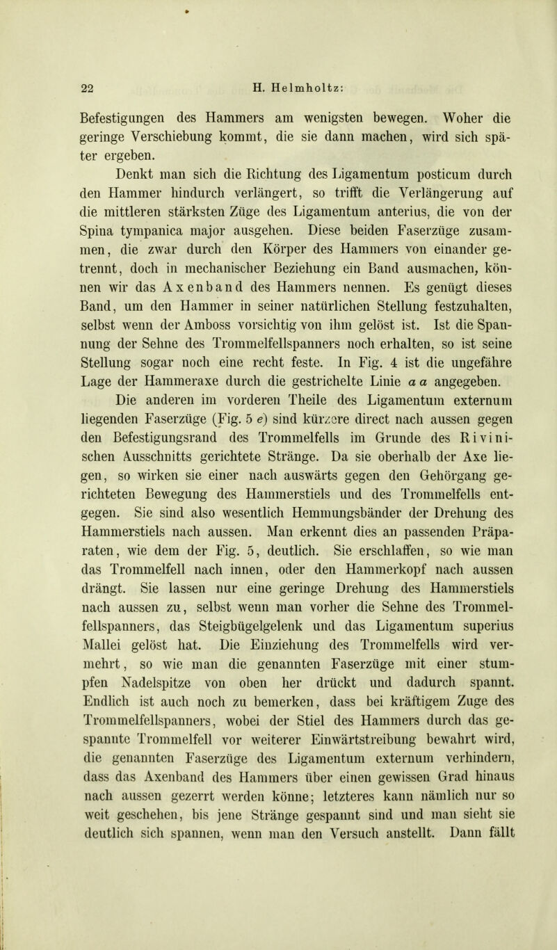 Befestigungen des Hammers am wenigsten bewegen. Woher die geringe Verschiebung kommt, die sie dann machen, wird sich spä- ter ergeben. Denkt man sich die Richtung des Ligamentum posticum durch den Hammer hindurch verlängert, so trifft die Verlängerung auf die mittleren stärksten Züge des Ligamentum anterius, die von der Spiua tympanica major ausgehen. Diese beiden Faserzüge zusam- men, die zwar durch den Körper des Hammers von einander ge- trennt, doch in mechanischer Beziehung ein Band ausmachen, kön- nen wir das Axenband des Hammers nennen. Es genügt dieses Band, um den Hammer in seiner natürlichen Stellung festzuhalten, selbst wenn der Amboss vorsichtig von ihm gelöst ist. Ist die Span- nung der Sehne des Trommelfellspanners noch erhalten, so ist seine Stellung sogar noch eine recht feste. In Fig. 4 ist die ungefähre Lage der Hammeraxe durch die gestrichelte Linie a a angegeben. Die anderen im vorderen Theile des Ligamentum externum liegenden Faserzüge (Fig. 5 e) sind kürzere direct nach aussen gegen den Befestigungsrand des Trommelfells im Grunde des Rivini- schen Ausschnitts gerichtete Stränge. Da sie oberhalb der Axe lie- gen, so wirken sie einer nach auswärts gegen den Gehörgang ge- richteten Bewegung des Hammerstiels und des Trommelfells ent- gegen. Sie sind also wesentlich Hemmungsbänder der Drehung des Hammerstiels nach aussen. Man erkennt dies an passenden Präpa- raten, wie dem der Fig. 5, deutlich. Sie erschlaffen, so wie man das Trommelfell nach innen, oder den Hammerkopf nach aussen drängt. Sie lassen nur eine geringe Drehung des Hammerstiels nach aussen zu, selbst wenn man vorher die Sehne des Trommel- fellspanners, das Steigbügelgelenk und das Ligamentum superius Mallei gelöst hat. Die Einziehung des Trommelfells wird ver- mehrt , so wie man die genannten Faserzüge mit einer stum- pfen Nadelspitze von oben her drückt und dadurch spannt. Endlich ist auch noch zu bemerken, dass bei kräftigem Zuge des Trommelfellspanners, wobei der Stiel des Hammers durch das ge- spannte Trommelfell vor weiterer Einwärtstreibung bewahrt wird, die genannten Faserzüge des Ligamentum externum verhindern, dass das Axenband des Hammers über einen gewissen Grad hinaus nach aussen gezerrt werden könne; letzteres kann nämlich nur so weit geschehen, bis jene Stränge gespannt sind und man sieht sie deutlich sich spannen, wenn man den Versuch anstellt. Dann fällt