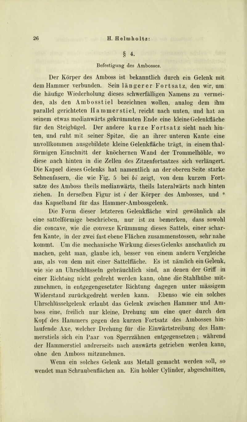 § 4. Befestigung des Ambosses. Der Körper des Amboss ist bekanntlich durch ein Gelenk mit dem Hammer verbunden. Sein längerer Fortsatz, den wir, um die häufige Wiederholung dieses schwerfälligen Namens zu vermei- den, als den Ambosstiel bezeichnen wollen, analog dem ihm parallel gerichteten Hammerstiel, reicht nach unten, und hat an seinem etwas medianwärts gekrümmten Ende eine kleine Gelenkfläche für den Steigbügel. Der andere kurze Fortsatz sieht nach hin- ten, und ruht mit seiner Spitze, die an ihrer unteren Kante eine unvollkommen ausgebildete kleine Gelenkfläche trägt, in einem thal- förmigen Einschnitt der knöchernen Wand der Trommelhöhle, wo diese nach hinten in die Zellen des Zitzenfortsatzes sich verlängert. Die Kapsel dieses Gelenks hat namentlich an der oberen Seite starke Sehnenfasern, die wie Fig. 5 bei bi zeigt, von dem kurzen Fort- satze des Amboss theils medianwärts, theils lateralwärts nach hinten ziehen. In derselben Figur ist i der Körper des Ambosses, und * das Kapselband für das Hammer-Ambossgelenk. Die Form dieser letzteren Gelenkfläche wird gewöhnlich als eine sattelförmige beschrieben, nur ist zu bemerken, dass sowohl die concave, wie die convexe Krümmung dieses Sattels, einer schar- fen Kante, in der zwei fast ebene Flächen zusammenstossen, sehr nahe kommt. Um die mechanische Wirkung dieses Gelenks anschaulich zu machen, geht man, glaube ich, besser von einem andern Vergleiche aus, als von dem mit einer Sattelfläche. Es ist nämlich ein Gelenk, wie sie an Uhrschlüsseln gebräuchlich sind, an denen der Griff in einer Richtung nicht gedreht werden kann, ohne die Stahlhülse mit- zunehmen, in entgegengesetzter Richtung dagegen unter mässigem Widerstand zurückgedreht werden kann. Ebenso wie ein solches Uhrschlüsselgelenk erlaubt das Gelenk zwischen Hammer und Am- boss eine, freilich nur kleine, Drehung um eine quer durch den Kopf des Hammers gegen den kurzen Fortsatz des Ambosses hin- laufende Axe, welcher Drehung für die Einwärtstreibung des Ham- merstiels sich ein Paar von Sperrzähnen entgegensetzen; während der Hammerstiel andrerseits nach auswärts getrieben werden kann, ohne den Amboss mitzunehmen. Wenn ein solches Gelenk aus Metall gemacht werden soll, so wendet man Schraubenflächen an. Ein hohler Cylinder, abgeschnitten,