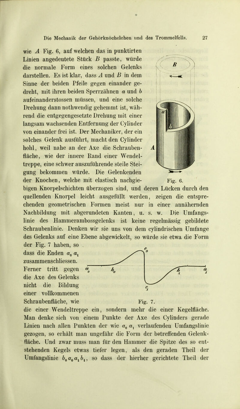 Fig. 6. wie A Fig. 6, auf welchen das in punktirten Linien angedeutete Stück B passte, würde die normale Form eines solchen Gelenks darstellen. Es ist klar, dass A und B in dem Sinne der beiden Pfeile gegen einander ge- dreht, mit ihren beiden Sperrzähnen a und b aufeinanderstossen müssen, und eine solche Drehung dann nothwendig gehemmt ist, wäh- rend die entgegengesetzte Drehung mit einer langsam wachsenden Entfernung der Cylinder von einander frei ist. Der Mechaniker, der ein solches Gelenk ausführt, macht den Cylinder hohl, weil nahe an der Axe die Schrauben- fläche, wie der innere Rand einer Wendel- treppe, eine schwer auszuführende steile Stei- gung bekommen würde. Die Gelenkenden der Knochen, welche mit elastisch nachgie- bigen Knorpelschichten überzogen sind, und deren Lücken durch den quellenden Knorpel leicht ausgefüllt werden, zeigen die entspre- chenden geometrischen Formen meist nur in einer annähernden Nachbildung mit abgerundeten Kanten, u. s. w. Die Umfangs- linie des Hammerambossgelenks ist keine regelmässig gebildete Schraubenlinie. Denken wir sie uns von dem cylindrischen Umfange des Gelenks auf eine Ebene abgewickelt, so würde sie etwa die Form der Fig. 7 haben, so dass die Enden a0 a4 zusammenschliessen. Ferner tritt gegen die Axe des Gelenks nicht die Bildung einer vollkommenen Schraubenfläche, wie Fig. 7. die einer Wendeltreppe ein, sondern mehr die einer Kegelfläche. Man denke sich von einem Punkte der Axe des Cylinders gerade Linien nach allen Punkten der wie a0 ai verlaufenden Umfangslinie gezogen, so erhält man ungefähr die Form der betreffenden Gelenk- fläche. Und zwar muss man für den Hammer die Spitze des so ent- stehenden Kegels etwas tiefer legen, als den geraden Theil der Umfangslinie b0a0aibi, so dass der hierher gerichtete Theil der