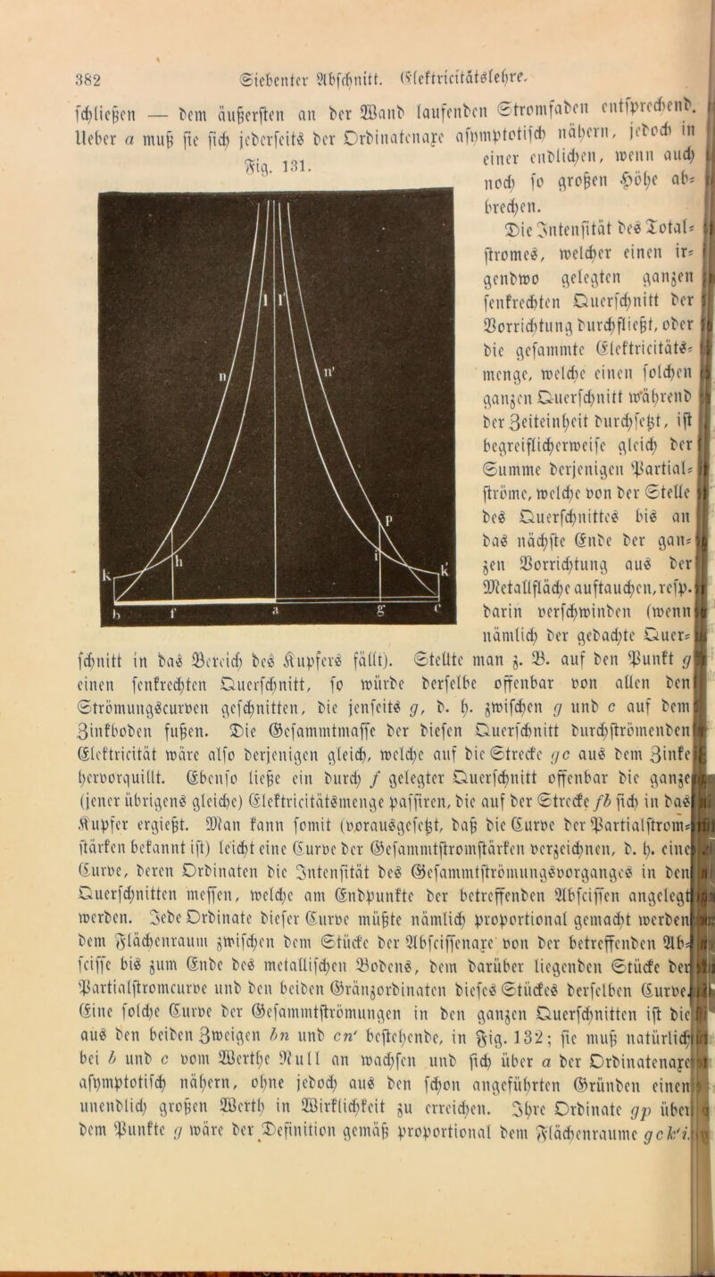 fcf^licpen — bem äuperften an ber 2öanb laufenben Stromfaben eutiprecbenb. I lieber a mup fie ftd> jeberfeit« ber Drbinatenare afomptotifcb näbein, jtbodi in einer cnblid;en, wenn aud) U nod) fo gropeu £51)0 ab* 1 breeben. ftig. 131. Die Jntenfität be«£otal* || ftrotne«, welcher einen ir* II genbwo gelegten gangen j| (enfreebten Duerfcbnitt ber j| 23orriditung burebfließt, ober | bie gefammte ©leftricität«* I menge, welche einen (olcben I gangen Duerfcbnitt ttfät>renb | ber 3^iteinl;eit burd)fet$t, ift bcgrciflicbermeife gleich ber Summe berjenigen partial* I ftröme, weld)e oon ber Stelle 11' be« Duerfd)nittc« bie an ba« neiebfte ©nbe ber gan*1 gen Vorrichtung au« ber 9Jtetallfläd;e auftaud)en,refp. barin oerfebwinben (wenn nämlich ber gebadete Duer* febnitt in ba« (Bereich be« Tupfer« fällt). Stellte man g. 23. auf ben $unft g einen (entrechten Duerfcbnitt, fo mürbe berfelbe offenbar oon allen ben Stri5mung«curüen gcfd)nitten, bie jenfeit« gr b. I). gwifeben g unb c auf bem ßinfboben fupen. Die ©efammtmaffc ber biefen Duerfcbnitt burdfftrömenben (Sieftricität märe alfo berjenigen gleich, weld;e auf bie Street-e gc au« bem ßinfe beroorquillt. ©benfo liebe ein burd) f gelegter Duerfcbnitt offenbar bie gange (jener übrigen« gleiche) ©leftricität«menge pafferen, bie auf ber Strecfe fb ft 6 in ba« Tupfer ergiept. SR an fann fomit (Ojorau«gefc^t, bap bie ©uroe ber (ßartialftrom* ftärfen befannt ift) leicht eine ©um ber ©efammtftromftärfen oergeiebnen, b. I). eine ©um, bereu Drbinaten bie Sntenfität be« ©efammtftrömung«oorgange« in ben Duerfd;nitten meffen, welche am ©nbpunfte ber betreffenben 2lbfciffen angelegt werben. 3ebe Drbinate biefer ©um müpte nämlid) proportional gemacht werben bem $läd)cnraum gwifeben bem Stücfc ber Qlbfciffenare oon ber betreffenben 2lb fcifie bi« jum ©nbe be« metallifd;en 23oben«, bem barüber liegenben Stiicfe ber (ßartialftromeum unb ben beiben ©rängorbinaten biefe« Stiicfe« berfelben ©um ©ine fold)c ©um ber ©efammtftrömungen in ben gangen Duerfcbnitten ift bielU* au« ben beiben Bmeigcn bn unb cn‘ beftel;enbe, in ftig. 132; fte mup natürlichii/t bei b unb c oom 2öertpe Stull an wadjjfen unb fid) über a ber Drbinatenayeill afpmptotifcb nähern, opne jebod; au« ben fd;on angeführten ©rünben einen B unenblid; gropen 2Öert() in 2öirflid;feit gu erreichen, tyxe Drbinate gp iibct|[4 bem fünfte g wäre ber Definition gemäp proportional bem $(ä<benraume gck'i. n