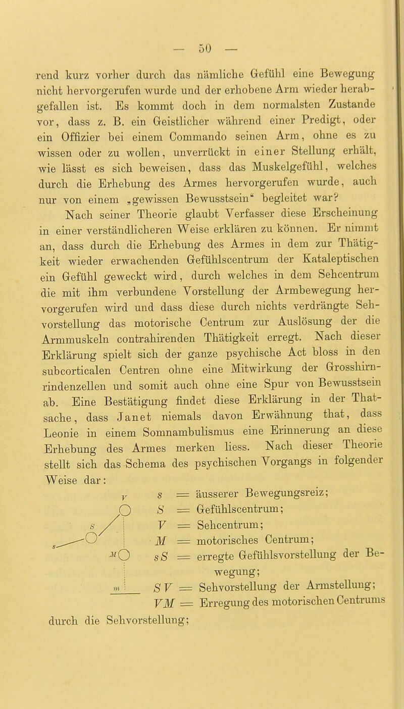 rend kurz vorher durch das nämliche Gefühl eine Bewegung nicht hervorgerufen wurde und der erhobene Arm wieder herab- gefallen ist. Es kommt doch in dem normalsten Zustande vor, dass z. B. ein Geistlicher während einer Predigt, oder ein Offizier bei einem Commando seinen Arm, ohne es zu wissen oder zu wollen, unverrückt in einer Stellung erhält, wie lässt es sich beweisen, dass das Muskelgefühl, welches durch die Erhebung des Armes hervorgerufen wurde, auch nur von einem „gewissen Bewusstsein begleitet war? Nach seiner Theorie glaubt Verfasser diese Erscheinung in einer verständlicheren Weise erklären zu können. Er nimmt an, dass durch die Erhebung des Armes in dem zur Thätig- keit wieder erwachenden Gefühlscentrum der Kataleptischen ein Gefühl geweckt wird, durch welches in dem Sehcentrum die mit ihm verbundene Vorstellung der Armbewegung her- vorgerufen wird und dass diese durch nichts verdrängte Seh- vorstellung das motorische Centrum zur Auslösung der die Armmuskeln contrahirenden Thätigkeit erregt. Nach dieser Erklärung spielt sich der ganze psychische Act bloss in den subcorticalen Centren ohne eine Mitwirkung der Grosshim- rindenzellen und somit auch ohne eine Spur von Bewusstsein ab. Eine Bestätigung findet diese Erklärung in der That- sache, dass Janet niemals davon Erwähnung that, dass Leonie in einem Somnambulismus eine Erinnerung an diese Erhebung des Armes merken liess. Nach dieser Theorie steUt sich das Schema des psychischen Vorgangs in folgender Weise dar: ^i^O sS = erregte Gefühlsvorstellung der Be- i wegung; m \ SV = Sehvorstellung der Armstellung; VM = Erregung des motorischen Centrunis durch die Seh Vorstellung; V s V M s äusserer Bewegungsreiz; Gefühlscentrum; Sehcentrum; motorisches Centrum;