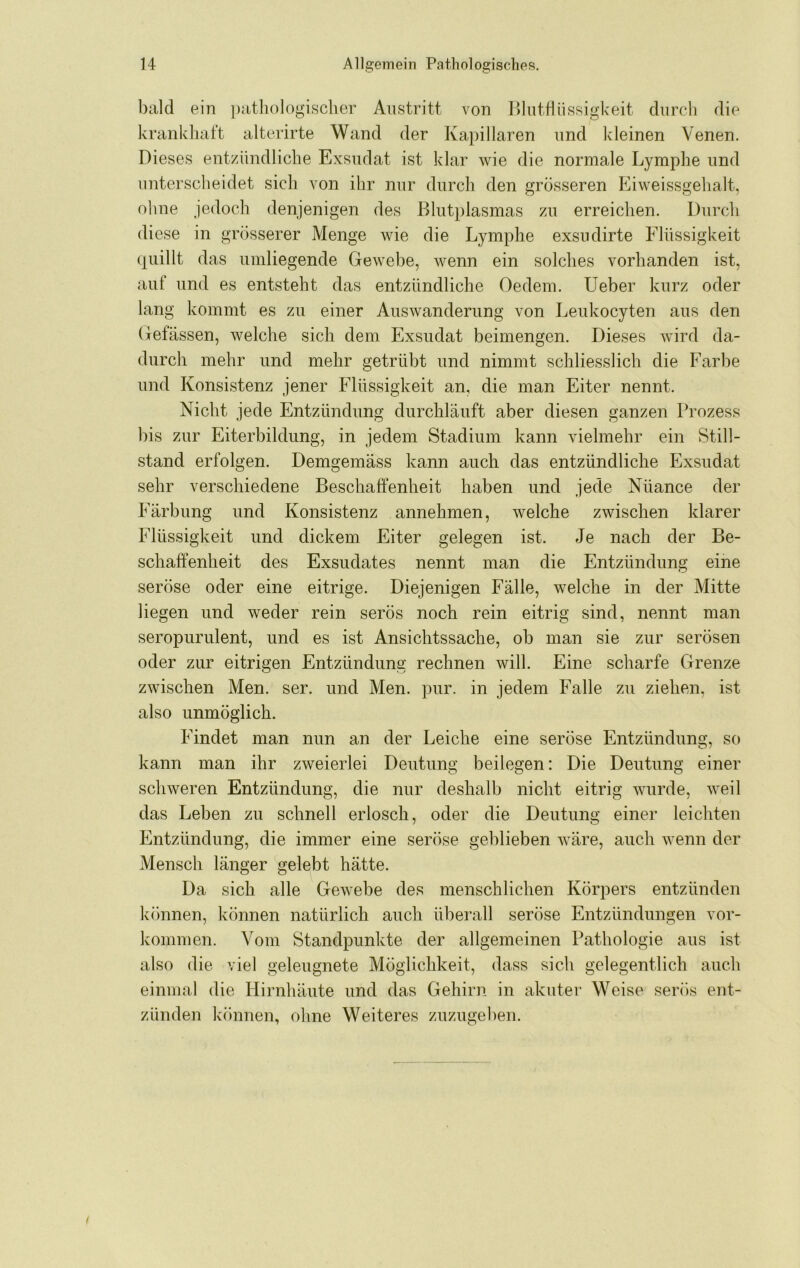 bald ein patliologischer Austritt von Blutfliissigkeit durch die krankhaft alterirte Wand der Kapillaren und kleinen Venen. Dieses entzündliche Exsudat ist klar wie die normale Lymphe und unterscheidet sich von ihr nur durch den grösseren Eiweissgehalt, ohne jedoch denjenigen des Blutplasmas zu erreichen. Durch diese in grösserer Menge wie die Lymphe exsiidirte Flüssigkeit quillt das umliegende Gewebe, wenn ein solches vorhanden ist, aut und es entsteht das entzündliche Oedem. lieber kurz oder lang kommt es zu einer Auswanderung von Leukocyten aus den Gefässen, welche sich dem Exsudat beimengen. Dieses wird da- durch mehr und mehr getrübt und nimmt schliesslich die Farbe und Konsistenz jener Flüssigkeit an, die man Eiter nennt. Nicht jede Entzündung durchläuft aber diesen ganzen Prozess bis zur Eiterbildung, in jedem Stadium kann vielmehr ein Still- stand erfolgen. Demgemäss kann auch das entzündliche Exsudat sehr verschiedene Beschaffenheit haben und jede Nüance der Färbung und Konsistenz annehmen, welche zwischen klarer Flüssigkeit und dickem Eiter gelegen ist. Je nach der Be- schaffenheit des Exsudates nennt man die Entzündung eine seröse oder eine eitrige. Diejenigen Fälle, welche in der Mitte liegen und weder rein serös noch rein eitrig sind, nennt man seropurulent, und es ist Ansichtssache, ob man sie zur serösen oder zur eitrigen Entzündung rechnen will. Eine scharfe Grenze zwischen Men. ser. und Men. pur. in jedem Falle zu ziehen, ist also unmöglich. Findet man nun an der Leiche eine seröse Entzündung, so kann man ihr zweierlei Deutung beilegen: Die Deutung einer schweren Entzündung, die nur deshalb nicht eitrig wurde, weil das Leben zu schnell erlosch, oder die Deutung einer leichten Entzündung, die immer eine seröse geblieben wäre, auch wenn der Mensch länger gelebt hätte. Da sich alle Gewebe des menschlichen Körpers entzünden können, können natürlich auch überall seröse Entzündungen Vor- kommen. Vom Standpunkte der allgemeinen Pathologie aus ist also die viel geleugnete Möglichkeit, dass sich gelegentlich auch einmal die Hirnhäute und das Gehirn in akuter Weise serös ent- zünden können, ohne Weiteres zuzugehen.