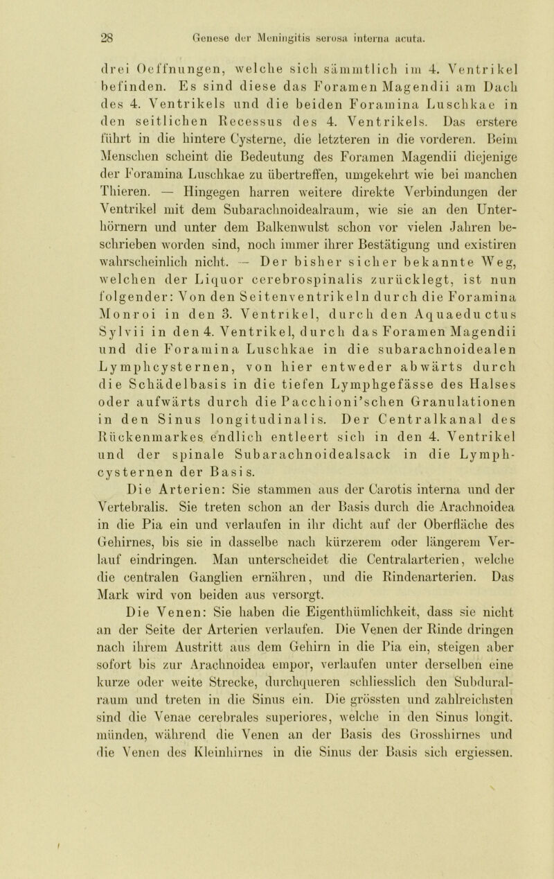 drei Oeffniingen, welche sich sämiiitlich im 4. Ventrikel befinden. Es sind diese das Foramen Magendii am Dach des 4. Ventrikels und die beiden Forainina Liischkae in den seitlichen Recessus des 4. Ventrikels. Das erstere führt in die hintere Cysterne, die letzteren in die vorderen. Beim Menschen scheint die Bedeutung des Foramen Magendii diejenige der Forainina Luschkae zu übertrelfen, umgekehrt wie bei manchen Tliieren. — Hingegen harren weitere direkte Verbindungen der Ventrikel mit dem Siibaraclmoidealraum, wie sie an den Unter- hörnern und unter dem Balkenwulst schon vor vielen Jahren be- schrieben worden sind, noch immer ihrer Bestätigung und existiren wahrscheinlich nicht. - Der bisher sicher bekannte Weg, welchen der Liquor cerebrospinalis zurücklegt, ist nun folgender: Von den Seitenventrikeln durch die Foramina M0nr0i in den 3. Ventrikel, durch den Aquaeductus Sylvii in den 4. Ventrikel, diircli das Foramen Magendii und die Foramina Luschkae in die siibarachnoidealen Lymphcysternen, von hier entweder abwärts durch die Schädelbasis in die tiefen Lymphgefässe des Halses oder aufwärts durch die Pacchioni’schen Granulationen in den Sinus longitudinalis. Der Centralkanal des Rückenmarkes endlich entleert sich in den 4. Ventrikel und der spinale Siibarachnoidealsack in die Lymph- cysternen der Basis. Die Arterien: Sie stammen aus der Carotis interna und der Vertebralis. Sie treten schon an der Basis durch die Arachnoidea in die Pia ein und verlaufen in ihr dicht auf der Oberfläche des Gehirnes, bis sie in dasselbe nach kürzerem oder längerem Ver- lauf eindringen. Man unterscheidet die Centralarterien, welclie die centralen Ganglien ernähren, und die Rindenarterien. Das Mark wird von beiden aus versorgt. Die Venen: Sie haben die Eigenthümlichkeit, dass sie nicht an der Seite der Arterien verlaufen. Die Venen der Rinde dringen nach ihrem Austritt aus dem Gehirn in die Pia ein, steigen aber sofort bis zur Arachnoidea empor, verlaufen unter derselben eine kurze oder weite Strecke, durchqueren schliesslich den Subdural- raum und treten in die Sinus ein. Die grössten und zahlreichsten sind die Venae cerebrales superiores, Avelche in den Sinus longit. münden, während die Venen an der Basis des Grosshirnes und