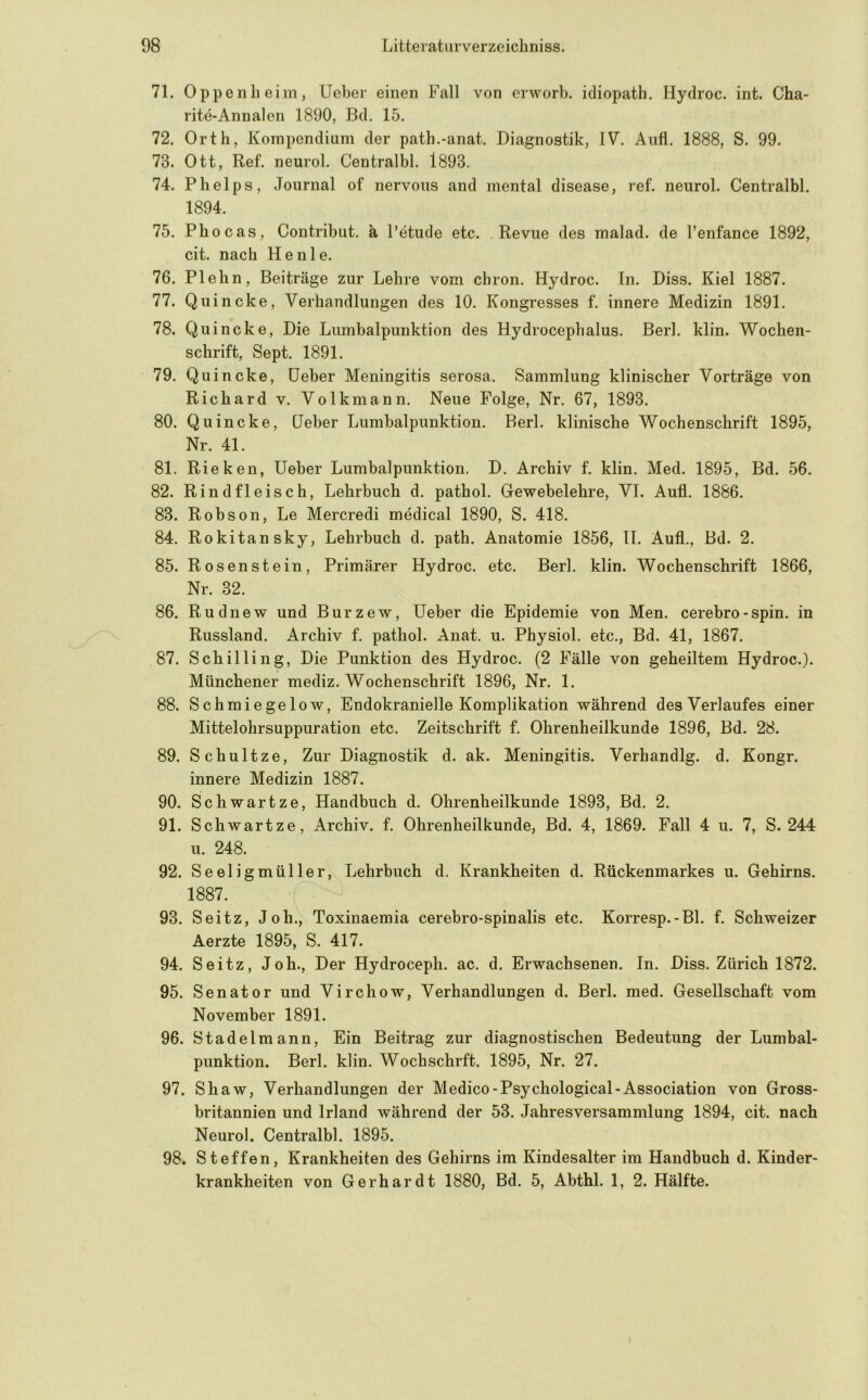71. Oppenheim, Ueber einen Fall von erworb. idiopath. Hydroc. int. Cha- rite-Annalen 1890, Bd. 15. 72. Orth, Kompendium der path.-anat. Diagnostik, IV. Aull. 1888, S. 99. 73. Ott, Ref. neurol. Centralbl. 1893. 74. Phelps, Journal of nervous and mental disease, ref. neurol. Centralbl. 1894. 75. Phocas, Contribut. ä Petude etc. Revue des malad, de l’enfance 1892, cit. nach Henle. 76. Plehn, Beiträge zur Lehre vom chron. Hydroc. In. Diss. Kiel 1887. 77. Quincke, Verhandlungen des 10. Kongresses f. innere Medizin 1891. 78. Quincke, Die Lumbalpunktion des Hydrocepbalus. Berl. klin. Wochen- schrift, Sept, 1891. 79. Quincke, Ueber Meningitis serosa. Sammlung klinischer Vorträge von Richard v. Volkmann, Neue Folge, Nr, 67, 1893. 80. Quincke, Ueber Lumbalpunktion, Berl. klinische Wochenschrift 1895, Nr. 41. 81. Rieken, Ueber Lumbalpunktion. D. Archiv f. klin. Med. 1895, Bd. 56. 82. Rindfleisch, Lehrbuch d. pathol. Gewebelehre, VI. Aufl. 1886. 83. Robson, Le Mercredi medical 1890, S. 418. 84. Rokitansky, Lehrbuch d. path. Anatomie 1856, II. Aufl., Bd. 2. 85. Rosen st ein, Primärer Hydroc. etc. Berl. klin. Wochenschrift 1866, Nr. 32. 86. Rudnew und Burzew, Ueber die Epidemie von Men. cerebro-spin. in Russland. Archiv f. pathol. Anat. u. Physiol. etc., Bd. 41, 1867. 87. Schilling, Die Punktion des Hydroc. (2 Fälle von geheiltem Hydroc.). Münchener mediz. Wochenschrift 1896, Nr. 1. 88. Schmiegelow, Endokranielle Komplikation während des Verlaufes einer Mittelohrsuppuration etc. Zeitschrift f. Ohrenheilkunde 1896, Bd. 28. 89. Schnitze, Zur Diagnostik d. ak. Meningitis. Verhandlg. d. Kongr. innere Medizin 1887. 90. Schwartze, Handbuch d. Ohrenheilkunde 1893, Bd. 2. 91. Schwartze, Archiv, f. Ohrenheilkunde, Bd. 4, 1869. Fall 4 u. 7, S. 244 u. 248. 92. Seeligmül 1er, Lehrbuch d. Krankheiten d. Rückenmarkes u. Gehirns. 1887. ( 93. Seitz, Joh., Toxinaemia cerebro-spinalis etc. Korresp.-Bl. f. Schweizer Aerzte 1895, S. 417. 94. Seitz, Joh., Der Hydroceph. ac. d. Erwachsenen. In. Diss. Zürich 1872. 95. Senator und Virchow, Verhandlungen d. Berl. med. Gesellschaft vom November 1891. 96. Stadelmann, Ein Beitrag zur diagnostischen Bedeutung der Lumbal- punktion. Berl. klin. Wochschrft. 1895, Nr. 27. 97. Shaw, Verhandlungen der Medico-Psychological-Association von Gross- britannien und Irland während der 53. Jahresversammlung 1894, cit. nach Neurol. Centralbl. 1895. 98. Steffen, Krankheiten des Gehirns im Kindesalter im Handbuch d. Kinder- krankheiten von Gerhardt 1880, Bd. 5, Abthl. 1, 2. Hälfte.