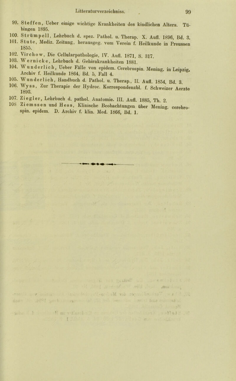 99. Steffen, lieber einige wichtige Krankheiten des kindlichen Alters. Tü- bingen 1895. 100. Strümpell, Lehrbuch d. spez. Pathol. u. Therap. X. Aufl. 1896, Bd. 3. 101. Stute, Mediz. Zeitung, herausgeg. vom Verein f. Heilkunde in Preussen 1855. 102. Virchow, Die Cellularpathologie, IV. Auü. 1871, S. 317. 103. Wernicke, Lehrbuch d. Gehirukrankheiten 1881. 104. Wunderlich, Heber Fälle von epidem. Cerebrospin. Mening. in Leipzig. Archiv f. Heilkuude 1864, Bd. 5, Fall 4. 105. Wunderlich, Handbuch d. Pathol. u. Therap., H. Aufl. 1854, Bd. 3. 106. Wyss, Zur Therapie der Hydroc. Korrespondenzbl. f. Schweizer Aerzte 107. Ziegler, Lehrbuch d. pathol. Anatomie. III. Aufl. 1885, Th. 2. 108 Ziemssen und Hess, Klinische Beobachtungen über Mening. spin. epidem. D. Archiv f. klin. Med. 1866, Bd. 1. cerebro-