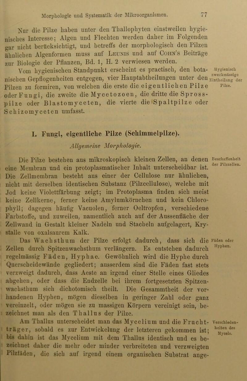 Nur die Pilze haben unter den Thallophyten einstweilen hygie- nisches Interesse; Algen und Flechten werden daher im Folgenden gar nicht berücksichtigt, und betreffs der morphologisch den Pilzen ähnlichen Algenformen muss auf Leunis und auf Cohn’s Beiträge zur Biologie der Pflanzen, Bd. 1, H. 2 verwiesen werden. Vom hygienischen Standpunkt erscheint es practisch, den bota- Hygienisch nischen Gepflogenheiten entgegen, vier Hauptabtheilungen unter den E™d“unTgaer Pilzen zu formiren, von welchen die erste die eigentlichen Pilze Pilze- oder Fungi, die zweite die Mycetozoen, die dritte die Spross- pilze oder Blastomyceten, die vierte die Spaltpilze oder Schizomyceten umfasst. I. Fungi, eigentliche Pilze (Schimmelpilze). Allgemeine Morphologie. Die Pilze bestehen aus mikroskopisch kleinen Zellen, an denen Beschaffenheit eine Membran und ein protoplasmatischer Inhalt unterscheidbar ist. Die Zellmembran besteht aus einer der Cellulose nur ähnlichen, nicht mit derselben identischen Substanz (Pilzcellulose), welche mit Jod keine Violettfärbung zeigt; im Protoplasma finden sich meist keine Zellkerne, ferner keine Amylumkörncken und kein Chloro- phyll; dagegen häufig Vacuolen, ferner Oeltropfen, verschiedene Farbstoffe, und zuweilen, namentlich auch auf der Aussenfläcke der Zellwand in Gestalt kleiner Nadeln und Stacheln aufgelagert, Kry- stalle von oxalsaurem Kalk. Das Wachsthum der Pilze erfolgt dadurch, dass sich die Faden oder Zellen durch Spitzenwachsthum verlängern. Es entstehen dadurch Hypben' regelmässig Fäden, Hyphae. Gewöhnlich wird die Hyphe durch Querscheidewände gegliedert; ausserdem sind die Fäden fast stets verzweigt dadurch, dass Aeste an irgend einer Stelle eines Gliedes abgehen, oder dass die Endzeile bei ihrem fortgesetzten Spitzen- wachsthum sich dichotomisch theilt. Die Gesammtkeit der vor- handenen Hyphen, mögen dieselben in geringer Zahl oder ganz vereinzelt, oder mögen sie zu massigen Körpern vereinigt sein, be- zeichnet man als den Thallus der Pilze. Am Thallus unterscheidet man das Mycelium und die Frucht- verschieden- träger, sobald es zur Entwickelung der letzteren gekommen ist; bis dahin ist das Mycelium mit dem Thallus identisch und es be- zeichnet daher die mehr oder minder verbreiteten und verzweigten Pilzfäden, die sich auf irgend einem organischen Substrat ange- lieiten des Mycels.