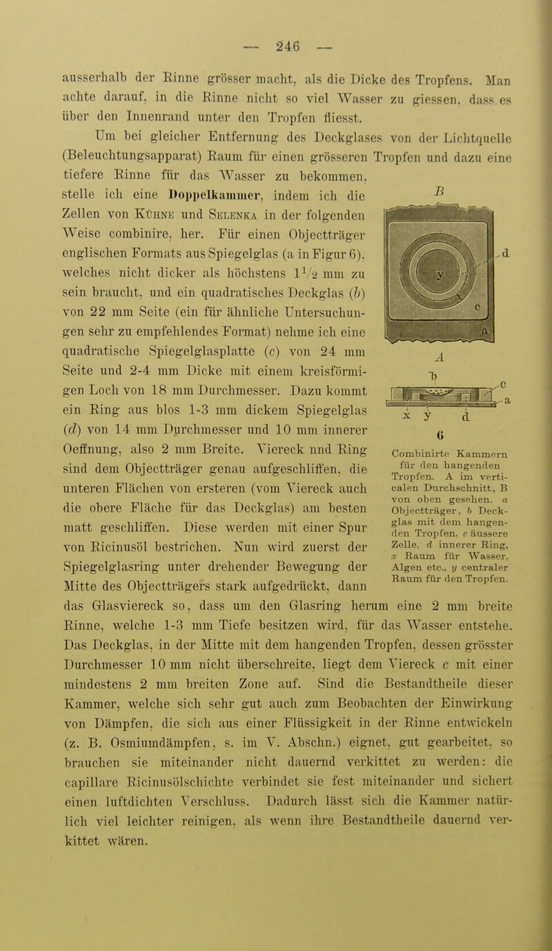 ausserhalb der Kinne grösser macht, als die Dicke des Tropfens. Man achte darauf, in die Einne nicht so viel Wasser zu giessen. dass.es über den Innenrand unter den Tropfen fiiesst. Um bei gleicher Entfernung des Deckglases von der Lichtquelle (Beleuchtungsapparat) Raum für einen grösseren Tropfen und dazu eine tiefere Einne für das Wasser zu bekommen, stelle ich eine Doppelkamiiier, indem ich die Zellen von Kühne und vSelknka in der folgenden AVeise combinire. her. Für einen Objectträger englischen Formats aus Spiegelglas (a in Figur 6). welches nicht dicker als höchstens IV2 mm zu sein braucht, und ein quadratisches Deckglas (h) von 22 mm Seite (ein für ähnliche Untersuchun- gen sehr zu empfehlendes Format) nehme ich eine quadratische Spiegelglasplatte (c) von 24 mm Seite und 2-4 mm Dicke mit einem kreisförmi- gen Loch von 18 mm Durchmesser. Dazu kommt ein Ring aus blos 1-3 mm dickem Spiegelglas (d) von 14 mm Durchmesser und 10 mm innerer Oeffnung, also 2 mm Breite. Viereck nnd Ring sind dem Objectträger genau aufgeschliifen, die unteren Flächen von ersteren (vom Viereck auch die obere Fläche für das Deckglas) am besten matt geschliifen. Diese werden mit einer Spur von Ricinusöl bestrichen. Nun wird zuerst der Spiegelglasring unter drehender Bewegung der Mitte des Objectträgers stark aufgedrückt, dann das Glasviereck so, dass um den Glasring herum eine 2 mm breite Rinne, welche 1-3 mm Tiefe besitzen wird, für das AVasser entstehe. Das Deckglas, in der Mitte mit dem hangenden Tropfen, dessen grösster Durchmesser 10 mm nicht überschreite, liegt dem Viereck c mit einer mindestens 2 mni breiten Zone auf. Sind die Bestandtheile dieser Kammer, welche sich sehr gut auch zum Beobachten der Einwirkung von Dämpfen, die sich aus einer Flüssigkeit in der Rinne entwickeln (z. B. Osmiumdämpfen, s. im V. Abschn.) eignet, gut gearbeitet, so brauchen sie miteinander nicht dauernd verkittet zu werden: die capillare Ricinusölschichte verbindet sie fest miteinander und sichert einen luftdichten Verschluss. Dadurch lässt sich die Kammer natür- lich viel leichter reinigen, als wenn ihre Bestandtheile dauernd ver- kittet wären. X y ri G Combinirtf^ Kammorn füi- den hangenden Tropfen. A im verti- calen IKirch.schnitt, B von oben gesehen, a Objecttrilger, h Deck- glas mit dem hangen- den Tropfen, c äussere Zelle, d innerer Ring, X Raum für Wasser. Algen etc., y centraler Raum für den Tropfen.