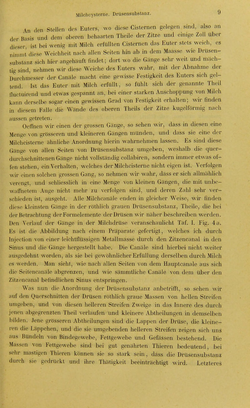 Milchcysterne. Drüsensubstanz. An den Stollen des Euters, wo diese Cisternen gelegen sind, also an der Basis und dem oberen behaarten Theile der Zitze und einige Zoll über dieser ist bei wenig mit Milch erfüllten Cisternen das Euter stets weich, es nimmt diese Weichheit nach allen Seiten hin ab in dem Maasse wie Drüsen- substanz sich hier angehäuft findet; dort wo die Gänge sehr weit und mäch- tig sind, nehmen wir diese Weiche des Euters wahr, mit der Abnahme der Durchmesser der Canäle macht eine gewisse Festigkeit des Euters sich gel- tend. Ist das Euter mit Milch erfüllt, so fühlt sich der genannte Theil iluctuirend und etwas gespannt an, bei einer starken Anschoppung von Milch kann derselbe sogar einen gewissen Grad von Festigkeit erhalten; wir finden in diesem Falle die Wände des oberen Theils der Zitze kugelförmig nach aussen getreten. Oeffnen wir einen der grossen Gänge, so sehen wir, dass in diesen eine Menge von grösseren und kleineren Gängen münden, und dass sie eine der Milchcisterne ähnliche Anordnung hierin wahrnehmen lassen. Es sind diese Gänse von allen Seiten von Drüsensubstanz umgeben, weshalb die quer- durchschnittenen Gänge nicht vollständig coUabiren, sondern immer etwas Ol- fen stehen, ein Verhalten, welches der Milchcisterne nicht eigen ist. Verfolgen wir einen solchen grossen Gang, so nehmen wir wahr, dass er sich allmählich verengt, und schliesslich in eine Menge von kleinen Gängen, die mit unbe- waffnetem Auge nicht mehr zu verfolgen sind, und deren Zahl sehr ver- schieden ist, ausgeht. Alle Milchcanäle enden in gleicher Weise, wir finden diese kleinsten Gänge in der röthlich grauen DrUsensubstanz, Theile, die bei der Betrachtung der Formelemente der Drüsen w'ir näher beschreiben werden. Den Verlauf der Gänge in der Milchdrüse veranschaulicht Taf. I. Fig. 4 a. Es ist die Abbildung nach einem Präparate gefertigt, welches ich durch Injeclion von einer leichtflüssigen Metallmasse durch den Zitzencanal in den Sinus und die Gänge hergestellt habe. Die Canäle sind hierbei nicht weiter ausgedehnt worden, als sie bei gewöhnlicher Erfüllung derselben durch Milch es werden. Man sieht, wie nach allen Seiten von dem Hauptcanale aus sich die Seitencanäle abgrenzen, und wie sämmtliche Canäle von dem über den Zitzencanal befindlichen Sinus entspringen. Was nun die Anordnung der Drüsensubstanz anbetrifft, so sehen wir auf den Querschnitten der Drüsen röthlich graue Massen von hellen Streifen umgeben, und von diesen helleren Streifen Zweige in das Innere des durch jenen abgegrenzten Theil verlaufen und kleinere Abtheilungen in demselben bilden. Jene grösseren Abtheilungen sind die Lappen der Drüse, die kleine- ren die Läppchen, und die sie umgebenden helleren Streifen zeigen sich uns aus Bündeln von Bindegewebe, Fettgewebe und Gefässen bestehend. Die Massen von Fettgewebe sind bei gut genährten Thieren bedeutend, bei sehr mastigen Thieren können sie so stark sein, dass die Drüsensubstanz durch sie gedrückt und ihre Thätigkeit beeinträchtigt wird. Letzteres