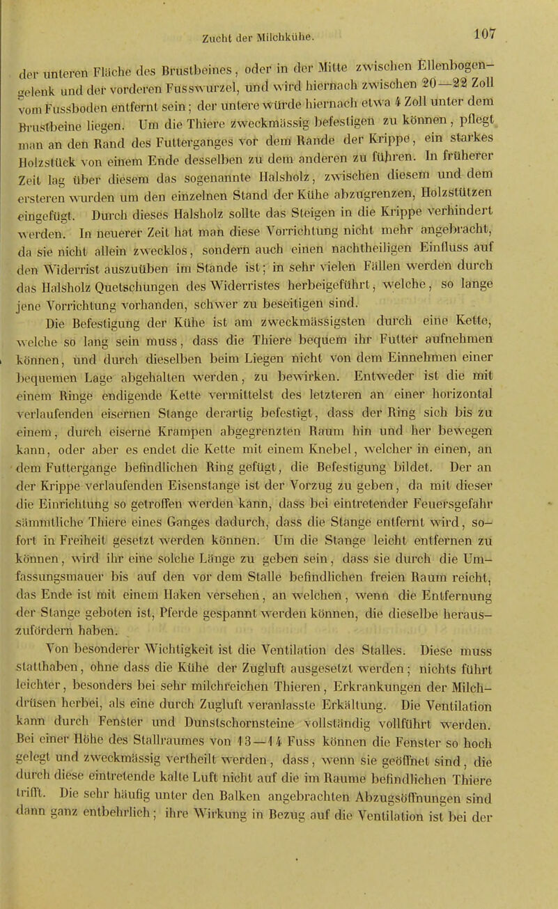 dor unteren Flüche des Brustbeines , oder in der Mitte zwischen Ellenbogcn- izelenk und der vorderen Fusswurzel, und wird hiernach zwischen 20—22 Zoll vom Fussboden entfernt sein; der untere würde hiernach etwa 4 Zoll unter dem Brustbeine liegen. Um die Thiere zweckmässig befestigen zu können, püegt, man an den Rand des Fulterganges vor dem Rande der Krippe, ein starkes Holzstüek von einem Ende desselben zu dem anderen zu führen. In früherer Zeit lag über diesem das sogenannte Halsholz, zwischen diesem und dem ersteren AA^irden um den einzelnen Stand der Kühe abzugrenzen, Ilolzstützen eingefügt. Durch dieses Halsholz soUte das Steigen in die Krippe verhindert werden. In neuerer Zeit hat man diese Vorrichtung nicht mehr angebracht, da sie nicht allein zwecklos, sondern auch einen nachtheiligen Einfluss auf den Widerrist auszuüben im Stande ist; in sehr vielen Fällen werden durch das Halsholz Quetschungen des Widerristes herbeigeführt, welche , so lange jene Vorrichtung voi'handen, schwer zu beseitigen sind. Die Befestigung der Kühe ist am zweckmässigsten durch eine K-ette, welche so lang sein muss, dass die Thiere beqüeto ihr Futter aufnehmen können, und durch dieselben beim Liegen nicht von dem Einnehmen einer ])equemen Lage abgehallen werden, zu bewirken. Entweder ist die mit einem Ringe endigende Kette vermittelst des letzteren an einer horizontal verlaufenden eisernen Stange derartig befestigt, dass der Ring sich bis zu einem, durch eiserne Krampen abgegrenzten Raum hin und her bewegen kann, oder aber es endet die Kette mit einem Knebel, w'elcher in einen, an dem Futtergange befindlichen Ring gefügt, die Befestigung bildet. Der an der Krippe verlaufenden Eisenstange ist der Vorzug zu geben, da mit dieser die Einrichtung so getroffen werden kann, dass bei eintretender Feuersgefahr sämratliche Thiere eines Ganges dadurch, dass die Stange entfernt wird, so- fort in Freiheit gesetzt werden können. Um die Stange leicht entfernen zu können, wird ihr eine solche Länge zu geben sein, dass sie durch die Um- fassungsmauer bis auf den vor dem Stalle befindlichen freien Raum reicht, das Ende ist mit einem Haken versehen, an welchen, wenn die Entfernung der Stange geboten ist, Pferde gespannt werden können, die dieselbe heraus- zufordern haben. Von besonderer Wichtigkeit ist die Ventilation des Stalles. Diese muss stallhaben, ohne dass die Kühe der Zugluft ausgesetzt werden; nichts führt leichter, besonders bei sehr milchreichen Thieren, Erkrankungen der Milch- diHsen herbei, als eine durch Zugluft veranlasste Erkältung. Die Ventilation kann durch Fensler und Dunstschornsteine vollständig vollführt werden. Bei einer Höhe des Stallraumes von 13 —U Fuss können die Fenster so hoch gelegt und zweckmässig vertheilt w^erden , dass , wenn sie geöffnet sind, die durch diese eintretende kalte Luft nicht auf die im Räume befindlichen Thiere Iriftl. Die sehr häufig unter den Balken angebrachten AbzugsÖlTnungen sind dann ganz entbehrlich; ihre Wirkung in Bezug auf die Ventilation ist bei der