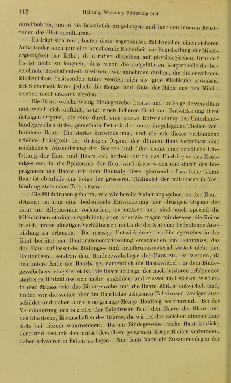 durchbohren, um in die Brusthöhle zu gelangen und hier den inneren Brusl- venen das Blut zuzuführen. Es fragt sich nun, bieten diese sogenannten Milchzeichen einen sicheren Anhalt oder auch nur eine annähernde Sicherheit zur Beurtheilung der Milch- ergiebigkeit der Kühe, d. h. ruhen dieselben auf physiologischem Grunde? Es ist nicht zu leugnen, dass wenn die aufgeführten Körperlheile die be- zeichnete Beschaflenheit besitzen, wir annehmen dürfen, die die erwähnten Milchzeichen besitzenden Kühe werden sich als gute Milchkühe erweisen. Mit Sicherheit kann jedoch die Menge und Güte der Milch aus den Milch- zeichen nicht erkannt werden. Die Haut, welche wenig Bindegewebe besitzt und in Folge dessen dünn und weich sich anfühlt, zeigt einen höheren Gi-ad von Entwickelung ihrer drüsigen Organe, als eine durch eine starke Entwickelung des Unterhaut- bindegewebes dicke, gemeinhin fest mit den unter ihr gelegenen Theilen ver- bundene Haut. Die starke Entwickelung, und die mit dieser verbundene erhöhte Thätigkeit der drüsigen Organe der dünnen Haut veranlasst eine reichlichere Absonderung der Secrete und führt somit eine reichliche Ein- fettung der Haut und Haare etc. herbei; durch das Eindringen des Haut- talges etc. in die Epidermis der Haut wird diese weich und durch das Im- prägniren der Haare mit dem Hauttalg diese glänzend. Das feine kurze Haar ist ebenfalls eine Folge der grösseren Thätigkeit der mit diesen in Ver- bindung stehenden Talgdrüsen. Die Milchdrüsen gehören, wie wir bereits früher augegeben, zu den Haut- drüsen ; ist nun eine bedeutende Entwickelung der drüsigen Organe der Haut im Allgemeinen vorhanden, so müssen und sind auch speciell die Milchdrüsen stärker ausgebildet, oder aber sie tragen mindestens die Keime in sich, unter günstigen Verhältnissen im Laufe der Zeit eine bedeutende Aus- bildung zu erlangen. Die massige Entwickelung des Bindegewebes in der Haut bereitet der Hautdrüsenentwickelung entschieden ein Hemmniss, das der Haut zufliessende Bildungs- und Ernährungsmaterial strömt nicht den Hautdrüsen, sondern dem Bindegewebslager der Haut zu, es werden, da das untere Ende der Haarbälge, namentlich die Haarzwiebel, in dem Binde- gewebelager eingebettet ist, die Haare in Folge der nach letzteren erfolgenden stärkeren Blutzufluss sich mehr ausbilden und grösser und stärker werden. In dem Maasse wie das Bindegewebe und die Haare stärker entwickelt sind, finden wir die weiter oben im Haarbalge gelegenen Talgdrüsen weniger aus- gebildet und daher auch eine geringe Menge Hauttalg secernirend. Bei der Vermindening des Secretes der Talgdrüsen fehlt dem Haare der Glanz und das Elastische, Eigenschaften des Haares, die wir bei der weichen dünnen Haut stets bei diesem wahrnehmen. Die an Bindegewebe reiche Haut ist dick, derb und fest mit den unter derselben gelegenen Körpertheilen verbunden, daher schwerer in Falten zu legen. Nur dann kann ein Zusammenlegen der