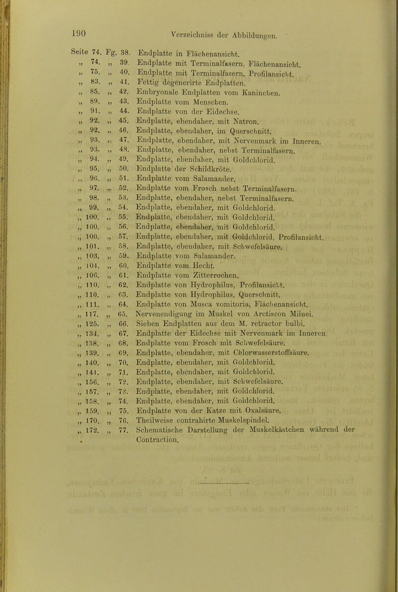 Verzeichniss der Abbildungen. Seite 74. Fg. 38. Endplatte in Fläehenansicht. ii 74. » 39. Endplatte mit Terminalfasern. Flächenansicht. 75. 40. Endplatte mit Terminalfasern, Profilansicht. » 83. >) 41. Fettig degenerirte Endplatten. 85. n 42. Embryonale Endplatten vom Kaninchen. » 89. >i 43. Endplatte vom Menschen. 91. ii 44. Endplatte von der Eidechse. » 92. >' 45. Endplatte, ebendaher, mit Natron. n 92. » 46. Endplatte, ebendaher, im Querschnitt. n 93. 47. Endplatte, ebendaher, mit Nervenmark im Inneren. n 93. }t 48. Endplatte, ebendaher, nebst Terminalfasern. )> 94. 11 49. Endplatte, ebendaher, mit Goldchlorid. )' 95. 11 50. Endplatte der Schildkröte. 90. )) 51. Endplatte vom Salamander. )» 97. )) 52. Endplatte vom Frosch nebst Terminalfasern. 11 98. 11 53. Endplatte, ebendaher, nebst Terminalfasern. 11 99. 1t 54. Endplatte, ebendaher, mit Goldchlorid. II 100. II 55. Endplatte, ebendaher, mit Goldchlorid. )) 100. 11 56. Endplatte, ebendaher, mit Goldchlorid. 1! 100. 1) 57. Endplatte, ebendaher, mit Goldchlorid, Profilansicht. )) 101. 11 58. Endplatte, ebendaher, mit Schwefelsäure. I) 103. 11 59. Endplatte vom Salamander. 11 104. 11 60. Endplatte vom Hecht. n 106. 11 61. Endplatte vom Zitterrochen. ;i 110. 11 62. Endplatte von Hydrophilus, Profilansicht. n 110. 1t 63. Endplatte von Hydrophilus, Querschnitt. n 111. 11 64. Endplatte von Musca vomitoria, Fläehenansicht. Ii 117. 11 65. Nervenendigung im Muskel von Arctiscon Miluei. )» 125. 11 66. Sieben Endplatten aus dem M. retractor bulbi. 11 134. 11 67. Endplatte der Eidechse mit Nervenmark im Inneren. )) 138. II 68. Endplatte vom Frosch mit Schwefelsäure. 11 139. 11 69. Endplatte, ebendaher, mit Chlorwasserstoffsäure. I) 140. II 70. Endplatte, ebendaher, mit Goldchlorid. >l 141. II 71. Endplatte, ebendaher, mit Goldchlorid. >l 156. II !■>. Endplatte, ebendaher, mit Schwefelsäure. II 157. 11 73. Endplatte, ebendaher, mit Goldchlorid. 11 158. II 74. Endplatte, ebendaher, mit Goldchlorid. )' 159. )> 75. Endplatte von der Katze mit Oxalsäure. >> 170. II 76. Theilweise contrahirte Muskelspindel. >> 172. » 77. Schematische Darstellung der Muskelkästchen während der Contraction.
