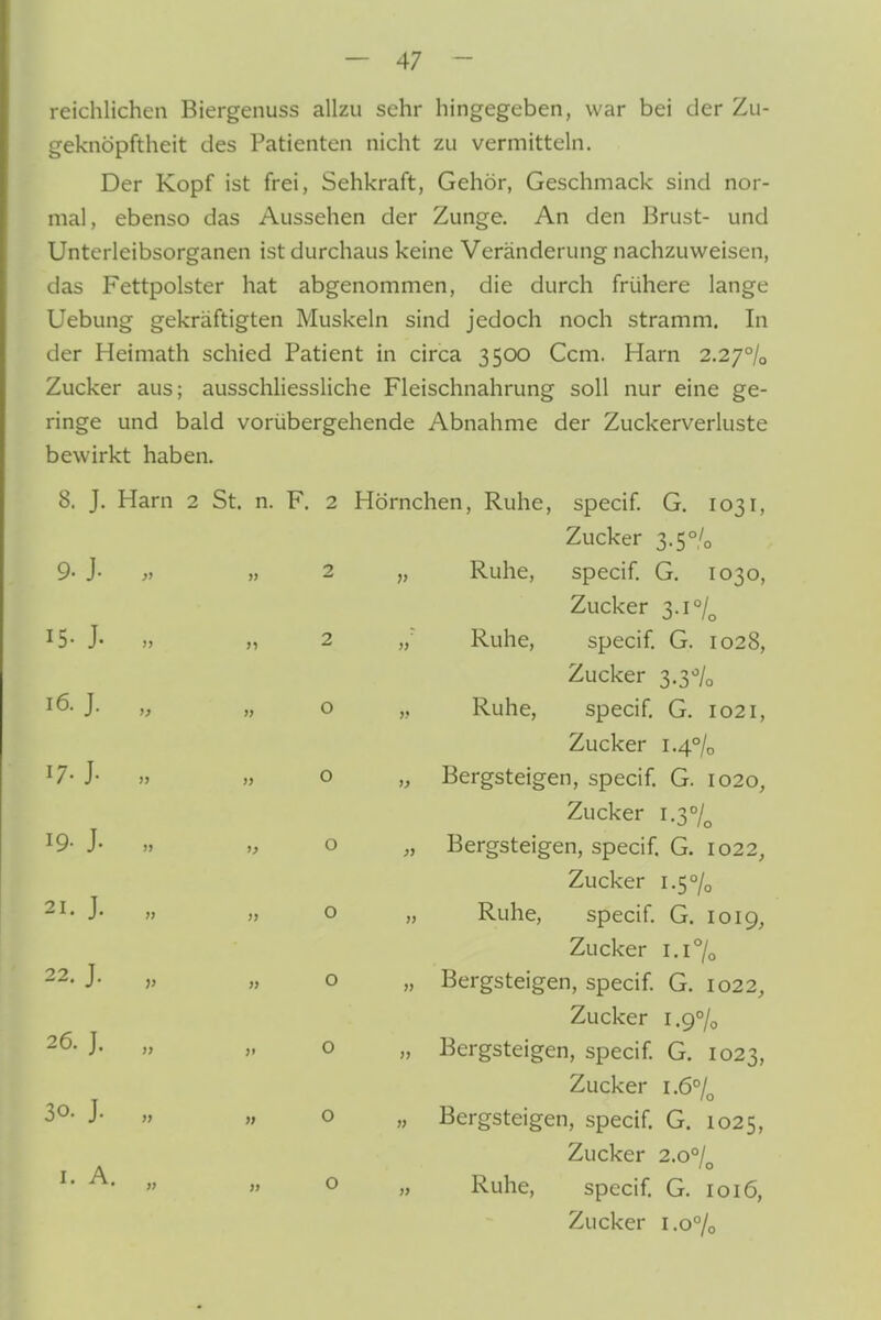 reichlichen Biergenuss allzu sehr hingegeben, war bei der Zu- geknöpftheit des Patienten nicht zu vermitteln. Der Kopf ist frei, Sehkraft, Gehör, Geschmack sind nor- mal, ebenso das Aussehen der Zunge. An den Brust- und Unterleibsorganen ist durchaus keine Veränderung nachzuweisen, das Fettpolster hat abgenommen, die durch frühere lange Uebung gekräftigten Muskeln sind jedoch noch stramm. In der Heimath schied Patient in circa 3500 Gem. Harn 2.27% Zucker aus; ausschliessliche Fleischnahrung soll nur eine ge- ringe und bald vorübergehende Abnahme der Zuckerverluste bewirkt haben. 8. J. Harn 2 St. n. F. 2 Hörnchen, Ruhe, specif. G. 1031, Zucker 3.5% Ruhe, specif G. 1030, Zucker 3.1% Ruhe, specif G. 1028, Zucker 3.3-^/0 Ruhe, specif G. 1021, Zucker 1.4% Bergsteigen, specif G. 1020, Zucker i.37o Bergsteigen, specif G. 1022, Zucker i.5°/o Ruhe, specif G. 1019, Zucker i.i7o Bergsteigen, specif G. 1022, Zucker 1.9% Bergsteigen, specif G. 1023, Zucker 1.6°/^ Bergsteigen, specif G. 1025, Zucker 2.0°/ Ruhe, specif G. 1016, Zucker 1.0% 9. J. . 15- J- „ 16. J. „ 17- J- » 19- J- „ 21. J. „ 22. J. „ 26. J. „ 30. J. „ I. A.