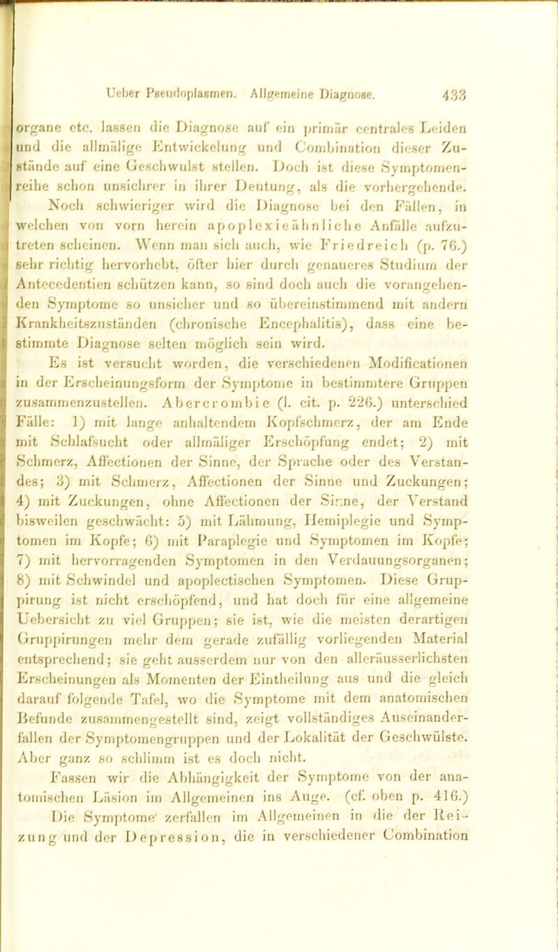Organe etc. lassen die Diagnose auf ein primär centrales Leiden lind die allmälige Kntwickelung und Conibination dieser Zu- stände auf eine Geschwulst stellen. iJocIi ist diese Symptomen- i'.ihe scijon unsichrer in ihrer Deutung, als die vorhergehende. Noch schwieriger wird die I^iagnose bei den Fällen, in welchen von vorn herein apoplexieähnliche Anfalle aufzu- treten scheinen. Wenn man sich auch, wie Fried reich (p. 7ß.) ' hr richtig hervorhebt, öfter hier durch genaueres Studium der \ntecedentien schützen kann, so sind doch auch die vorangehen- '■n Symptome so unsicher und so übereinstimmend mit andern K'rankheitsziiständen (chronische Encephalitis), dass eine be- timmte Diagnose selten möglich sein wird. Es ist versucht worden, die verschiedenen Modificationen in der Erscheinungsform der Symptome in bestimnjtere Gruppen zusammenzustellen. Aberci-ornbi e (1. cit. p. 226.) unterschied i'älle: 1) mit lange anhaltendem Kopfschrnerz, der am Ende iiiit Schlafsucht oder allmäliger I'^rschöpfung endet; 2) mit Schmerz, Affcctionen der Sinne, der Sprache oder des Verstan- des; y) mit Schmerz, Affectionen der Sinne und Zuckungen: 4) mit Zuckungen, ohne Aftectionen der Sir.ne, der Verstand bisweilen geschwädit: 5) mit Lähmung, Hemiplegie und Symp- tomen im Kopfe; 6) mit Faraplegie und Symptomen im Kopfe; 7) mit hervorragenden Symptomen in den Verdauungsorganen; 8) mit Schwindel und apoplectischen Symptomen. Diese Grup- pirung ist nicht erschöpfend, und hat doch für eine allgemeine Uebersicht zu vi^l Gruppen; sie ist, wie die meisten derartigen Gruppirungen mehr dfjii gerade zufallig vorliegenden Material entsprechend; sie geht ausserdem nur von den alleräusserlichsten Erscheinungen als Momenten der Eintheilung aus und die gleich darauf folgende Tafel, wo die Symptome mit dem anatomischen Jiefunde zusammengestellt sind, zeigt vollständiges Auseinander- fallen der Symptomengruppen und der Lokalität der Geschwülste. Aber ganz so schlimm ist es doch nicht. Fassen wir die Abhängigkeit der Symptome von der ana- tomischen Läsion im Allgemeinen ins Augf. (cf. oben p. 416.) Die Symptome' zerfallen im Allgemeinen in die der Rei- zung und der Depression, die in verschiedener Combination