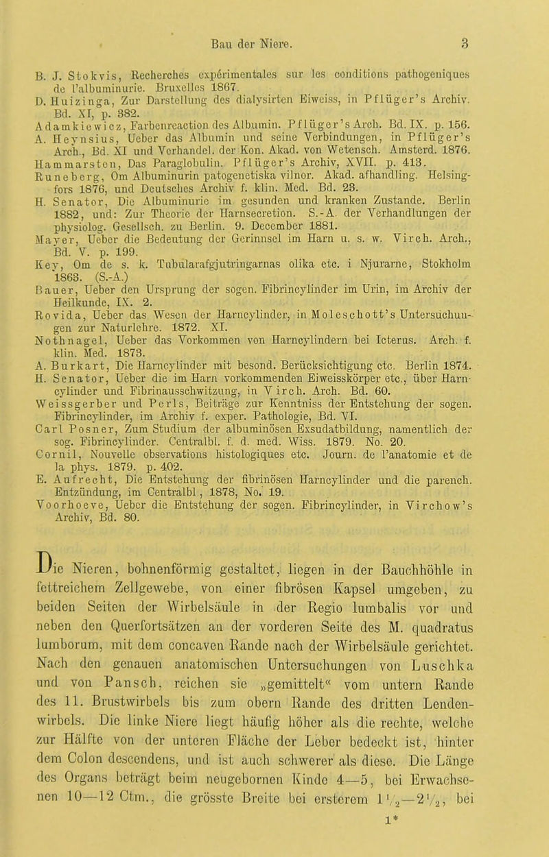 B. J. Stolevis, Recherches experimentales sur les conditions pathogeniques de l’albuminurie. Bruxelles 1867. D. Huizinga, Zur Darstellung des dialysirten Eiweiss, in Pflüger’s Archiv. Bd. XI, p. 382. Adamkiewicz, Farbenreaction des Albumin. Pflüger’s Arcli. Bd. IX. p. 156. A. Ileynsius, Uebcr das Albumin und seine Verbindungen, in Pflüger’s Arcli., Bd. XI und Vcrhandel. der Kon. Akad. von Wetensch. Amsterd. 1876. Hammarsten, Das Paraglobulin. Pflüger’s Archiv, XVII. p. 413. Runeberg, Om Albuminurin patogenetiska vilnor. Akad. afhandling. Helsing- fors 1876, und Deutsches Archiv f. klin. Med. Bd. 23. H. Senator, Die Albuminurie im gesunden und kranken Zustande. Berlin 1882, und: Zur Theorie der TIarnsecretion. S.-A der Verhandlungen der physiolog. Gesellsch. zu Berlin. 9. December 1881. Mayer, Ueber die Bedeutung der Gerinnsel im Harn u. s. w. Vir eh. Arcli., Bd. V. p. 199. Kev, Om de s. k. Tubularafgjutriugarnas olika etc. i Njurarne, Stokholm 1863. (S.-A.) Bauer, Ueber den Ursprung der sogen. Fibrincylinder im Urin, im Archiv der Heilkunde, IX. 2. Rovida, Ueber das Wesen der Harncylinder, in Moleschott’s Untersuchun- gen zur Naturlehre. 1872. XI. Nothnagel, Ueber das Vorkommen von Harncylinderu bei Icterus. Arcli. f. klin. Med. 1873. A. Burkart, Die Harncylinder mit besond. Berücksichtigung etc. Berlin 1874. H. Senator, Ueber die im Harn vorkommenden Ei weisskörper etc., über Harn- cylinder und Fibrinausschwitzung, in V irch. Arch. Bd. 60. Weissgerber und Perls, Beiträge zur Kenntniss der Entstehung der sogen. Fibrincylinder, im Archiv f. exper. Pathologie, Bd. VI. Car l Posner, Zum Studium der albuminösen Exsudatbildung, namentlich der sog. Fibrincylinder. Centralbl. f. d. med. Wiss. 1879. No. 20. Cornil, Nouvelle observations histologiques etc. Journ. de l’anatomie et de la phys. 1879. p. 402. E. Aufrecht, Die Entstehung der fibrinösen Harncylinder und die parench. Entzündung, im Centralbl , 1878, No. 19. Voorhoeve, Ueber die Entstehung der sogen. Fibrincylinder, in Virchow’s Archiv, Bd. 80. Die Nieren, bohnenförmig gestaltet, liegen in der Bauchhöhle in fettreichem Zellgewebe, von einer fibrösen Kapsel umgeben, zu beiden Seiten der Wirbelsäule in der Regio lumbalis vor und neben den Querfortsätzen an der vorderen Seite des M. quadratus lumborum, mit dem concaven Rande nach der Wirbelsäule gerichtet. Nach den genauen anatomischen Untersuchungen von Luschka und von Pansch, reichen sie „gemittelt“ vom untern Rande des 11. Brustwirbels bis zum obern Rande des dritten Lenden- wirbels. Die linke Niere liegt häufig höher als die rechte, welche zur Hälfte von der unteren Fläche der Leber bedeckt ist, hinter dem Colon descendens, und ist auch schwerer als diese. Die Länge des Organs beträgt beim neugobornen Kinde 4—5, bei Erwachse- nen 10—12 Ctm., die grösste Breite bei ersterem 11 ., — 2 '/2, bei l*