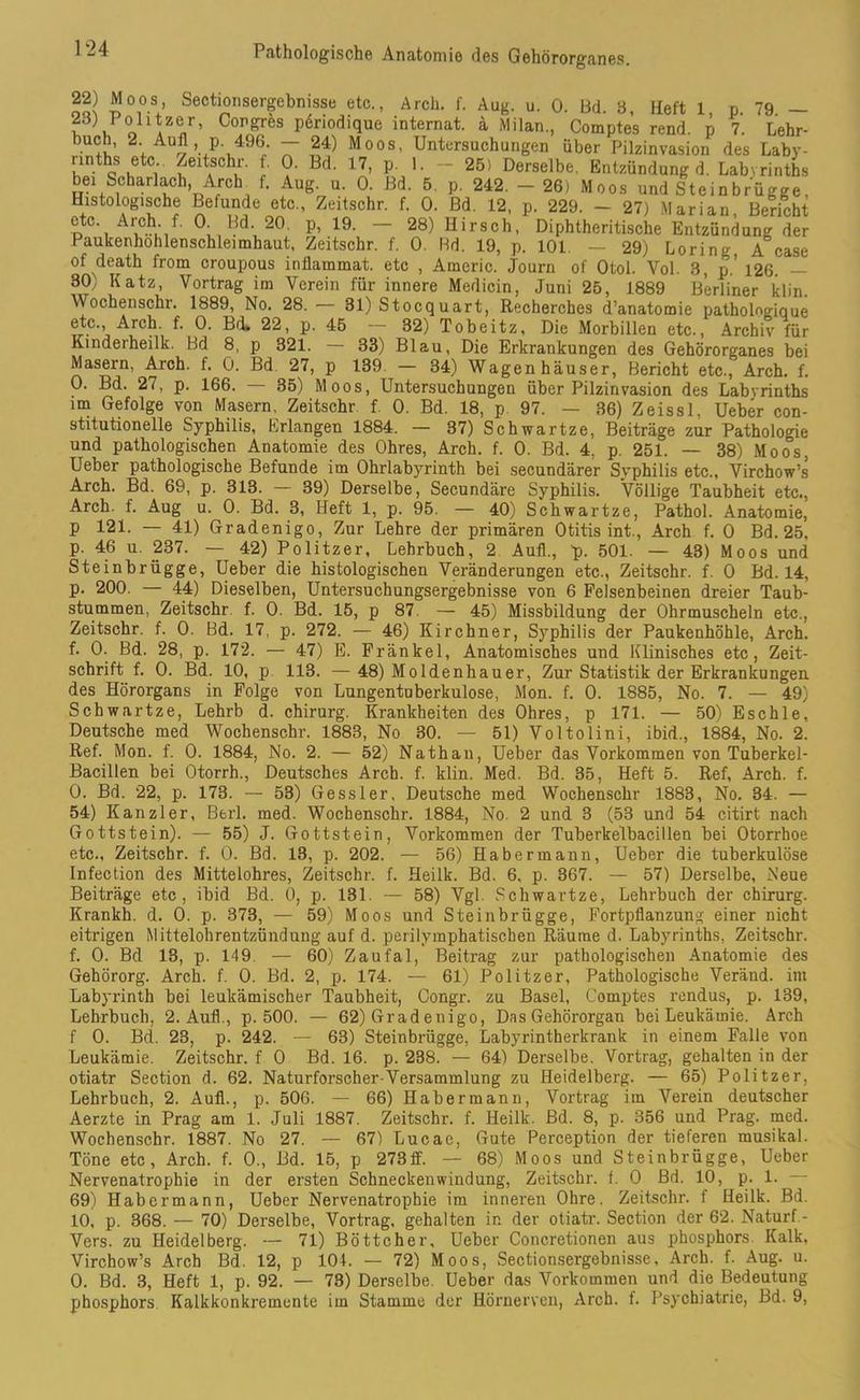 no J®0.8’ Sectionsergehnisse etc., Arch. f. Aug. u. 0. Bd. 3, Heft 1, p. 79 — 23) Pohtzer, Congres penodique internat. a Milan., Comptes rend. p 7. Lehr- buch, 2. Aufl, p 496. — 24) Moos, Untersuchungen über Pilzinvasion des Laby- rinths etc., Zeitschr. f. 0. Bd. 17, p. 1. — 25) Derselbe, Entzündung d. Lab\rintbs bei Scharlach, Arch f. Aug. u. 0. Bd. 5. p. 242. - 26) Moos und Steinbrügge Histologische Befunde etc., Zeitschr. f. 0. Bd. 12, p. 229. - 27) Marian, Bericht etc. Arch. f. <1 Bd. 20. p, 19. — 28) Hirsch, Diphtheritische Entzündung der Paukenhohlenschleimhaut, Zeitschr. f. 0. Bd. 19, p. 101. — 29) Loring A case of death from croupous inflammat. etc , Aineric. Journ of Otol. Vol. 3, p.’ 126. — 30' Katz, Vortrag im Verein für innere Medicin, Juni 25, 1889 Berliner klin. Wochenschr. 1889, No. 28. 31) Stocquart, Recherches d’anatomie pathologique etc., Arch. f. 0. Bd. 22, p. 45 — 32) Tobeitz, Die Morbillen etc., Archiv für Kmderheilk. Bd 8, p 321. — 33) Blau, Die Erkrankungen des Gehörorganes bei Masern, Arch. f. 0. Bd 27, p 139 - 34) Wagen häuser, Bericht etc., Arch. f. 0. Bd. 27, p. 166. — 35) Moos, Untersuchungen über Pilzinvasion des Labyrinths im Gefolge von Masern, Zeitschr f. 0. Bd. 18, p 97. — 36) Zeissl, Ueber con- stitutionelle Syphilis, Erlangen 1884. — 37) Schwartze, Beiträge zur Pathologie und pathologischen Anatomie des Ohres, Arch. f. 0. Bd. 4, p. 251. — 38) Moos, Ueber pathologische Befunde im Ohrlabyrinth bei secundärer Syphilis etc., Virchow’s Arch. Bd. 69, p. 313. — 39) Derselbe, Secundäre Syphilis. Völlige Taubheit etc., Arch. f. Aug u. 0. Bd. 3, Heft 1, p. 95. — 40) Schwartze, Pathol. Anatomie,' p 121. — 41) Gradenigo, Zur Lehre der primären Otitis int., Arch f. 0 Bd. 25. p. 46 u. 237. — 42) Politzer, Lehrbuch, 2 Auf!., p>. 501. — 43) Moos und Steinbrügge, Ueber die histologischen Veränderungen etc., Zeitschr. f. 0 Bd. 14, p. 200. — 44) Dieselben, Untersuchungsergebnisse von 6 Felsenbeinen dreier Taub- stummen, Zeitschr. f. 0. Bd. 15, p 87. — 45) Missbildung der Ohrmuscheln etc., Zeitschr. f. 0. Bd. 17, p. 272. — 46) Kirchner, Syphilis der Paukenhöhle, Arch. f. 0. Bd. 28, p. 172. — 47) E. Fränkel, Anatomisches und Klinisches etc, Zeit- schrift f. 0. Bd. 10, p 113. —48) Moldenhauer, Zur Statistik der Erkrankungen des Hörorgans in Folge von Lungentuberkulose, Mon. f. 0. 1885, No. 7. — 49) Schwartze, Lehrb d. Chirurg. Krankheiten des Ohres, p 171. — 50) Eschle, Deutsche med Wochenschr. 1883, No 30. — 51) Voltolini, ibid., 1884, No. 2. Ref. Mon. f. 0. 1884, No. 2. — 52) Nathan, Ueber das Vorkommen von Tuberkel- Bacillen bei Otorrh., Deutsches Arch. f. klin. Med. Bd. 35, Heft 5. Ref, Arch. f. 0. Bd. 22, p. 173. — 53) Gessler, Deutsche med Wochenschr 1883, No. 34. — 54) Kanzler, Berl. med. Wochenschr. 1884, No. 2 und 3 (53 und 54 citirt nach Gottstein). — 55) J. Gottstein, Vorkommen der Tuberkelbacillen bei Otorrhoe etc., Zeitschr. f. 0. Bd. 13, p. 202. — 56) Habermann, Ueber die tuberkulöse Infection des Mittelohres, Zeitschr. f. Heilk. Bd. 6, p. 367. — 57) Derselbe, Neue Beiträge etc, ibid Bd. 0, p. 131. — 58) Vgl. Schwartze, Lehrbuch der Chirurg. Krankh. d. 0. p. 373, — 59) Moos und Steinbrügge, Fortpflanzung einer nicht eitrigen Mittelohrentzündung auf d. perilymphatischen Räume d. Labyrinths, Zeitschr. f. 0. Bd 13, p. 149. — 60) Zaufal, Beitrag zur pathologischen Anatomie des Gehörorg. Arch. f. 0. Bd. 2, p. 174. — 61) Politzer, Pathologische Veränd. im Labyrinth bei leukämischer Taubheit, Congr. zu Basel, Comptes rendus, p. 139, Lehrbuch, 2. Aufl., p. 500. — 62) Gradenigo, Das Gehörorgan bei Leukämie. Arch f 0. Bd. 23, p. 242. — 63) Steinbrügge, Labyrintherkrank in einem Falle von Leukämie. Zeitschr. f 0 Bd. 16. p. 238. — 64) Derselbe. Vortrag, gehalten in der otiatr Section d. 62. Naturforscher-Versammlung zu Heidelberg. — 65) Politzer, Lehrbuch, 2. Aufl., p. 506. — 66) Habermann, Vortrag im Verein deutscher Aerzte in Prag am 1. Juli 1887. Zeitschr. f. Heilk. Bd. 8, p. 356 und Prag. med. Wochenschr. 1887. No 27. — 67) Lucac, Gute Perception der tieferen musikal. Töne etc, Arch. f. 0., Bd. 15, p 273ff. — 68) Moos und Steinbrügge, Ueber Nervenatrophie in der ersten Schneckenwindung, Zeitschr. f. 0 Bd. 10, p. 1. 69) Habermann, Ueber Nervenatrophie im inneren Ohre. Zeitschr. f Heilk. Bd. 10, p. 368. — 70) Derselbe, Vortrag, gehalten in der otiatr. Section der 62. Naturf- Vers, zu Heidelberg. — 71) Böttcher, Ueber Concretionen aus phosphors Kalk. Virchow’s Arch Bd. 12, p 104. — 72) Moos, Sectionsergehnisse, Arch. f. Aug. u. 0. Bd. 3, Heft 1, p. 92. — 73) Derselbe. Ueber das Vorkommen und die Bedeutung phosphors Kalkkonkremente im Stamme der Hörnerven, Arch. f. Psychiatrie, Bd. 9,