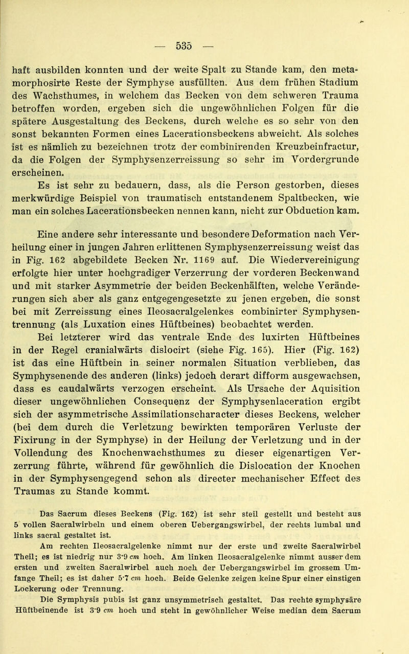 haft ausbilden konnten und der weite Spalt zu Stande kam, den meta- morphosirte Reste der Symphyse ausfüllten. Aus dem frühen Stadium des Wachsthumes, in welchem das Becken von dem schweren Trauma betroffen worden, ergeben sich die ungewöhnlichen Folgen für die spätere Ausgestaltung des Beckens, durch welche es so sehr von den sonst bekannten Formen eines Lacerationsbeckens abweicht. Als solches ist es nämlich zu bezeichnen trotz der combinirenden Kreuzbeinfractur, da die Folgen der Symphysenzerreissung so sehr im Vordergrunde erscheinen. Es ist sehr zu bedauern, dass, als die Person gestorben, dieses merkwürdige Beispiel von traumatisch entstandenem Spaltbecken, wie man ein solches Lacerationsbecken nennen kann, nicht zur Obduction kam. Eine andere sehr interessante und besondere Deformation nach Ver- heilung einer in jungen Jahren erlittenen Symphysenzerreissung weist das in Fig. 162 abgebildete Becken Nr. 1169 auf. Die Wiedervereinigung erfolgte hier unter hochgradiger Verzerrung der vorderen Beckenwand und mit starker Asymmetrie der beiden Beckenhälften, welche Verände- rungen sich aber als ganz entgegengesetzte zu jenen ergeben, die sonst bei mit Zerreissung eines Ileosacralgelenkes combinirter Symphysen- trennung (als Luxation eines Hüftbeines) beobachtet werden. Bei letzterer wird das ventrale Ende des luxirten Hüftbeines in der Regel cranialwärts dislocirt (siehe Fig. 165). Hier (Fig. 162) ist das eine Hüftbein in seiner normalen Situation verblieben, das Symphysenende des anderen (links) jedoch derart difform ausgewachsen, dass es caudalwärts verzogen erscheint. Als Ursache der Aquisition dieser ungewöhnlichen Consequenz der Symphysenlaceration ergibt sich der asymmetrische Assimilationscharacter dieses Beckens, welcher (bei dem durch die Verletzung bewirkten temporären Verluste der Fixirung in der Symphyse) in der Heilung der Verletzung und in der Vollendung des Knochenwachsthumes zu dieser eigenartigen Ver- zerrung führte, während für gewöhnlich die Dislocation der Knochen in der Symphysengegend schon als directer mechanischer Effect des Traumas zu Stande kommt. Das Sacrum dieses Beckens (Fig. 162) ist sehr steil gestellt und besteht aus 5 vollen Sacralwirbeln und einem oberen Uebergangswirbel, der rechts lumbal und links sacral gestaltet ist. Am rechten Ileosacralgelenke nimmt nur der erste und zweite Sacralwirbel Theil; es ist niedrig nur S'9 cm hoch. Am linken Ileosacralgelenke nimmt ausserdem ersten und zweiten Sacralwirbel auch noch der Uebergangswirbel im grossem Um- fange Theil; es ist daher 5'7 cm hoch. Beide Gelenke zeigen keine Spur einer einstigen Lockerung oder Trennung. Die Symphysis pubis ist ganz unsymmetrisch gestaltet. Das rechte symphysäre Hüftbeinende ist 3'9 cm hoch und steht in gewöhnlicher Weise median dem Sacrum