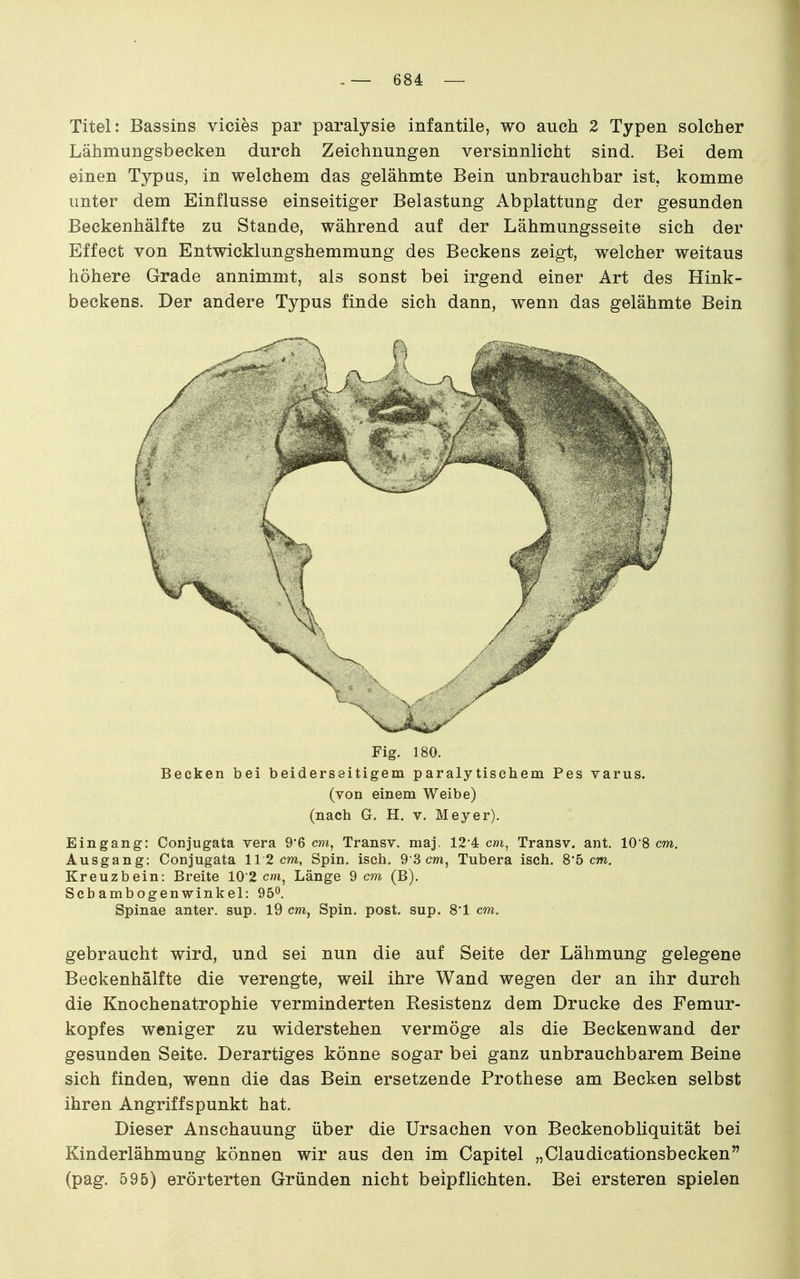 Titel: Bassins vicies par paralysie infantile, wo auch 2 Typen solcher Lähmungsbecken durch Zeichnungen versinnlicht sind. Bei dem einen Typus, in welchem das gelähmte Bein unbrauchbar ist. komme unter dem Einflüsse einseitiger Belastung Abplattung der gesunden Beckenhälfte zu Stande, während auf der Lähmungsseite sich der Effect von Entwicklungshemmung des Beckens zeigt, welcher weitaus höhere Grade annimmt, als sonst bei irgend einer Art des Hink- beckens. Der andere Typus finde sich dann, wenn das gelähmte Bein Fig. 180. Becken bei beiderseitigem paralytischem Pes varus. (von einem Weibe) (nach G. H. v. Meyer). Eingang: Conjugata vera 9'6 cm, Transv. maj. 12 4 c??i, Transv. ant. 108 cw. Ausgang: Conjugata 112 cm, Spin. isch. 9 3 m, Tubera isch. S'6 cm. Kreuzbein: Breite 102 cm, Länge dem (B). Scbambogenwinkel: 95^. Spinae anter. sup. 19 cm, Spin. post. sup. S'l cm. gebraucht wird, und sei nun die auf Seite der Lähmung gelegene Beckenhälfte die verengte, weil ihre Wand wegen der an ihr durch die Knochenatrophie verminderten Resistenz dem Drucke des Femur- kopfes weniger zu widerstehen vermöge als die Beckenwand der gesunden Seite. Derartiges könne sogar bei ganz unbrauchbarem Beine sich finden, wenn die das Bein ersetzende Prothese am Becken selbst ihren Angriffspunkt hat. Dieser Anschauung über die Ursachen von Beckenobliquität bei Kinderlähmung können wir aus den im Capitel „Claudicationsbecken (pag. 595) erörterten Gründen nicht beipflichten. Bei ersteren spielen