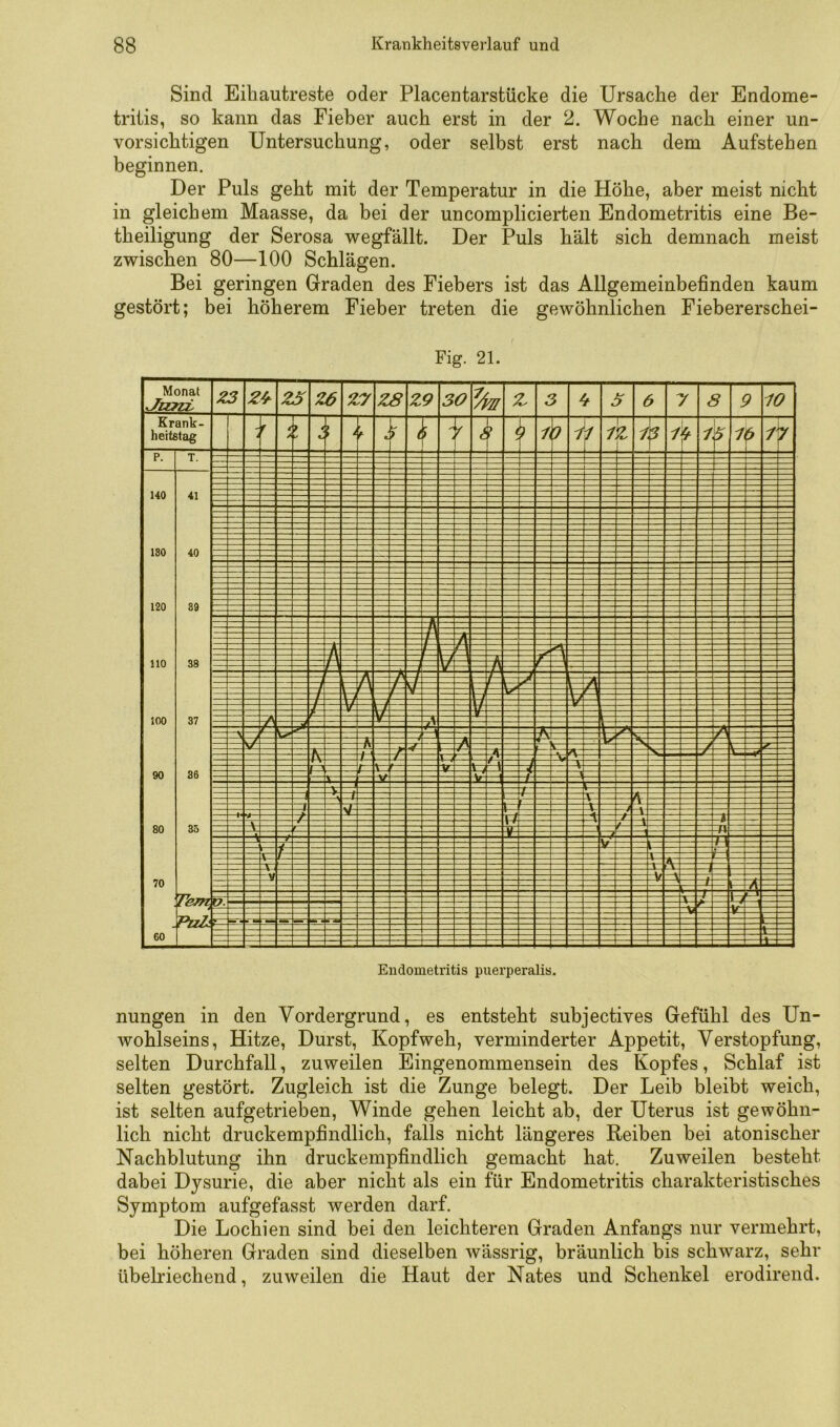 Sind Eihautreste oder Placentarstücke die Ursache der Endome- tritis, so kann das Fieber auch erst in der 2. Woche nach einer un- vorsichtigen Untersuchung, oder selbst erst nach dem Aufstehen beginnen. Der Puls geht mit der Temperatur in die Höhe, aber meist nicht in gleichem Maasse, da bei der uncomplieierten Endometritis eine Be- theiligung der Serosa wegfällt. Der Puls hält sich demnach meist zwischen 80—100 Schlägen. Bei geringen Graden des Fiebers ist das Allgemeinbefinden kaum gestört; bei höherem Fieber treten die gewöhnlichen Fiebererschei- Fig. 21. nungen in den Vordergrund, es entsteht subjectives Gefühl des Un- wohlseins, Hitze, Durst, Kopfweh, verminderter Appetit, Verstopfung, selten Durchfall, zuweilen Eingenommensein des Kopfes, Schlaf ist selten gestört. Zugleich ist die Zunge belegt. Der Leib bleibt weich, ist selten aufgetrieben, Winde gehen leicht ab, der Uterus ist gewöhn- lich nicht druckempfindlich, falls nicht längeres Reiben bei atonischer Nachblutung ihn druckempfindlich gemacht hat. Zuweilen besteht dabei Dysurie, die aber nicht als ein für Endometritis charakteristisches Symptom aufgefasst werden darf. Die Lochien sind bei den leichteren Graden Anfangs nur vermehrt, bei höheren Graden sind dieselben wässrig, bräunlich bis schwarz, sehr übelriechend, zuweilen die Haut der Nates und Schenkel erodirend.