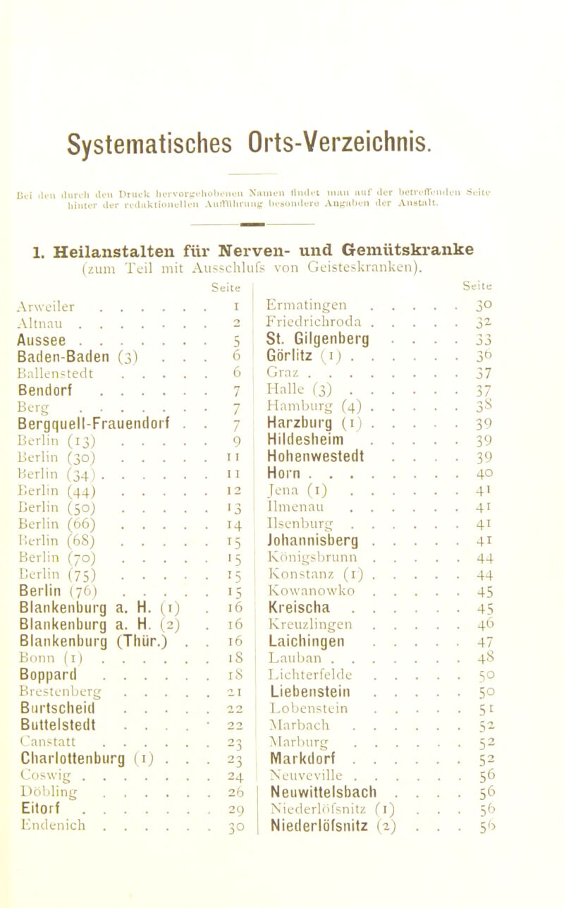 Systematisches Orts-Verzeichnis. itiirrli iK-ii Driu-k lKTvonr.>liolH-iu-n NitiiK'n liml-l uuf dw liLTn-nViul liiiit.T iler n'iliiUliuiiclU'ii AiilTil!inin;< Ik'siuuIltü AupttiL'ii iKt Aiistall. 1. Heilanstalten für N (zLuii Teil mit Au>^c Seite I Aussee 5 Baden-Baden (3) . . 0 • 7 Bergquell-Frauendorf . 7 Berlin (13) .... q Berlin (30J .... T I l^erlin (34) I I berlm [44) .... Eerlin (50) .... ■ '3 Berlin (d6) .... • 14 Berlin {(jS) .... • ^5 • '5 Berlin (75) .... ■ '5 Berlin (76) .... • 15 Blankenburg a. H. (i) . 16 Blankenburg a. H. (2) . 16 Blankenburg (Thür.) . 16 Bonn (l| iS Boppard 18 Buttelstedt .... 22 (.'an-tatt • 23 Cbarlottenburg (i) . . • 23 • 24 26 Eltorf ■ 29 Kiidenich ■ 30 ;^en- und Gemütskranke fs von Geisteskranken). Seile Erniatingen 30 Friedriehroda 32 St. Gilgenberg .... 33 Görlitz II) 30 Graz 37 Halle (3) 37 Hamburg ('4) 38 Harzburg (d 39 Hildesheim 39 Hohenwestedt .... 39 Horn 40 Jena (i) 41 Ilmenau 41 Ilsenburg 41 Johannisberg 41 Königsbrunn 44 Konstanz (i) 44 Kowanowko 45 Kreischa 45 Kreuzlingen 4Ö Laichingen 47 Laulian 48 Lichterfelde 50 Liebenstein 5° Lobenstein 51 Marbach 52 Alarburg 52 Markdorf 52 Neuvcville 5*^ NeuwiUelsbacb .... 56 Niederlnl'snitz (l) ... 56 Niederlölsnitz (2) . . . 5(3