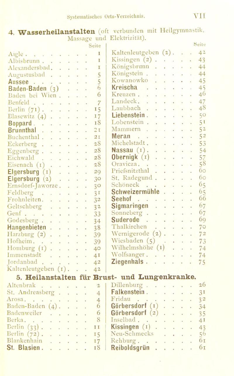 4. Wasserheilanstalten {oft verbunden mit Heilgymnastil<, Massage und Elektiizilal). Seite s I Kaltenleutgeben (2) . 41 I Kissuigen (2j 43 Alexandersbad, . . I Königsbrunn 44 Augustusbad . • ■ 5 Königstein 44 ■ ■ S Kowanowko 45 Baden-Baden (3) h Kreischa 45 Baden bei Wien . . . . 6 Kreuzen 40 Benfeld • • 7 Landeck 47 ■ ■ 15 Laubbach 48 . ■ 17 Liebenstein 50 18 Lobenstein 5' 21 Mammern 52 Buehenthal .... . . 21 Kleran 52 2S iVlictielbtacLt 53 Eggenberg .... 28 Nassau (i) 54 Eichwald .... . . 28 Obernigk (i) 57 28 Oravicza r- Q Elgersburg d) . . ■ . 29 Priefsnitzthal ÜO Elgersburg (2) . . • • 30 St. Radegund 60 Ernsdorf-Jaworze . • • 30 Schoneck 65 . . 31 Schweizermühle .... 5 . ■ 32 Seehof OD ■ • 32. Sigmaringen 67 Sonneberg 0/ • • 34 Suderode 69 Hangenbieten . . . . . 38 1 halKirchen 70 Wernigerode (2) .... 72 ■ • 39 Wiesbaden (5) .... 7 1 . . 40 Wilhelmshöhe (i) . . . 1 H • • 41 Wolfs anger 74 • ■ 42 Ziegenhals Kaltenleutgeben (r) . . . 42 5. Heilanstalten für Brust- und Lungrenkranke. -7 Dillenburg Falkensteia 26 St. Andreasberg . ■ • 4 32 Baden-Baden (4) . . . . 6 Görbersdorf (i) . . . . 34 6 Görbersdorf (2) . . . . 35 Berka 8 Inselbad 41 11 Kissingen (i) 43 ■ • 15 56 Blankenhain . . 17 61 Sf. Blasien. . . . 18 61