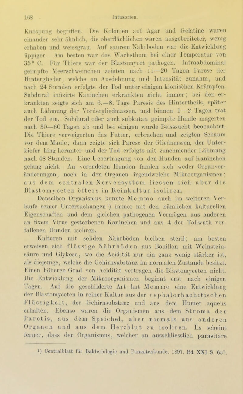 Knospung begriffen. Die Kolonien auf Agar und Gelatine waren einander sehr ähnlich, die oberflächlichen waren ausgebreiteter, wenig erhaben und weissgrau. Auf saurem Nährboden war die Entwicklung üppiger. Am besten war das Wachstlmm hei einer Temperatur von 35° t'. Für Thiere war der Blastomycet pathogen. Intraabdominal geimpfte Meerschweinchen zeigten nach 11—20 Tagen Parese der Hinterglieder, welche an Ausdehnung und Intensität zunahm, und nach 24 Stunden erfolgte der Tod unter einigen klonischen Krämpfen. Subdural intizirte Kaninchen erkrankten nicht immer; hei den er- krankten zeigte sich am 6.-8. Tage Paresis des Hintertheils, später auch Lähmung der Vordergliedmassen, und hinnen 1—2 Tagen trat der Tod ein. Subdural oder auch subkutan geimpfte Hunde magerten nach 30—60 Tagen ah und bei einigen wurde Beisssucht beobachtet. Die Thiere verweigerten das Futter, erbrachen und zeigten Schaum vor dem Maule; dann zeigte sich Parese der Gliedmassen, der Unter- kiefer hing herunter und der Tod erfolgte mit zunehmender Lähmung nach 48 Stunden. Eine Uebertragung von den Hunden auf Kaninchen gelang nicht. An verendeten Hunden fanden sich weder Organver- änderungen, noch in den Organen irgendwelche Mikroorganismen; aus dem centralen Nervensystem Hessen sich aber die Blastomyceten öfters in Reinkultur isoliren. Denselben Organismus konnte Memmo auch im weiteren Ver- laufe seiner UntersuchungenJ) immer mit den nämlichen kulturellen Eigenschaften und dem gleichen pathogenen Vermögen aus anderen an fixem Virus gestorbenen Kaninchen und aus 4 der Tollwuth ver- fallenen Hunden isoliren. Kulturen mit soliden Nährböden bleiben steril; am besten erweisen sich flüssige Nährböden aus Bouillon mit Weinstein- säure und Glykose, wo die Acidität nur ein ganz wenig stärker ist, als diejenige, welche die Gehirnsubstanz im normalen Zustande besitzt. Einen höheren Grad von Acidität vertragen die Blastomyceten nicht. Die Entwicklung der Mikroorganismen beginnt erst nach einigen Tagen. Auf die geschilderte Art hat Memmo eine Entwicklung der Blastomyceten in reiner Kultur aus der oephalorhachitischen k lüssigkeit, der Gehirnsubstanz und aus dem Humor aqueus erhalten. Ebenso waren die Organismen aus dem Stroma der Parotis, aus dem Speichel, aber niemals aus anderen Organen und aus dem Herzblut zu isoliren. Es scheint ferner, dass der Organismus, welcher an ausschliesslich parasitäre i) Centralblatt für Bakteriologie und Parasitenkunde. 1897. Bd. XXI S. 657.