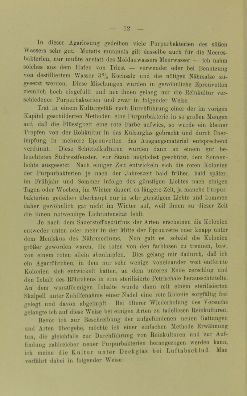 In dieser Agarlösung gedeihen viele Purpurbakterien des süßen AVassei*s sehr gut. Mutatis nuitandis gilt dasselbe auch für die Meeres- bakterien, nur mußte anstatt des Moldauwassers Meerwasser — ich nahm solches aus dem Hafen von Triest — verwendet oder bei Benutzung von destilliertem Wasser 3°/u Kochsalz und die nötigen Nährsalze zu- gesetzt werden. Diese Mischungen wurden in gewöhnliche Eprouvetten ziemlich hoch eingefüllt und mit ihnen gelang mir die Reinkultur ver- schiedener Purpurbakterien und zwar in folgender Weise. Trat in einem Kulturgefäß nach Durchführung einer der im vorigen Kapitel geschilderten Methoden eine Purpurbakterie in so großen Mengen auf, daß die Flüssigkeit eine rote Farbe aufwies, so wurde ein kleiner Tropfen von der Rohkultur in das Kulturglas gebracht und durch Über- impfung in mehrere Eprouvetten das Ausgangsmaterial entsprechend verdünnt. Diese Schüttelkulturen wurden dann an einem gut be- leuchteten Südwestfenster, vor Staub möglichst geschützt, dem Sonnen- lichte ausgesetzt. Nach einiger Zeit entwickeln sich die roten Kolonien der Purpurbakterien je nach der Jahreszeit bald früher, bald später; im Frühjahr und Sommer infolge des günstigen Lichtes nach einigen Tagen oder Wochen, im Winter dauert es längere Zeit, ja manche Purpur- bakterien gedeihen überhaupt nur in sehr günstigem Lichte und kommen daher gewöhnlich gar nicht im Winter auf, weil ihnen zu dieser Zeit die ihnen notwendige Lichtintensität fehlt. Je nach dem Sauerstoffbedürfnis der Arten erscheinen die Kolonien entweder unten oder mehr in der Mitte der Eprouvette oder knapp unter dem Meniskus des Nährmediums. Nun galt es, sobald die Kolonien größer geworden waren, die roten von den farblosen zu trennen, bzw. von einem roten allein abzuimpfen. Dies gelang mir dadurch, daß ich ein Agarröhrchen, in dem nur sehr wenige voneinander weit entfernte Kolonien sich entwickelt hatten, an dem unteren Ende zerschlug und den Inhalt des Röhrchens in eine sterilisierte Petrischale herausschüttelte. An dem wurstförmigen Iidialte wurde dann mit einem sterilisierten Skalpell unter Zuhilfenahme einer Nadel eine rote Kolonie sorgfältig frei gelegt und davon abgeimpft. Bei öfterer Wiederholung des Versuchs gelangte ich auf diese Weise bei einigen Arten zu tadellosen Reinkulturen. Bevor ich zur Beschreibung der aufgefundenen neuen Gattungen und Arten übergehe, möchte ich einer einfachen Methode Erwähnung tun, die gleiclifalls zur Durchführung von Reinkulturen und zur Auf- findung zahlreicher neuer Putpurbakterien herangezogen werden kann, ich meine die Kultur unter Deckglas bei Luftabschluß. Man verfährt dabei in folgemier Weise: