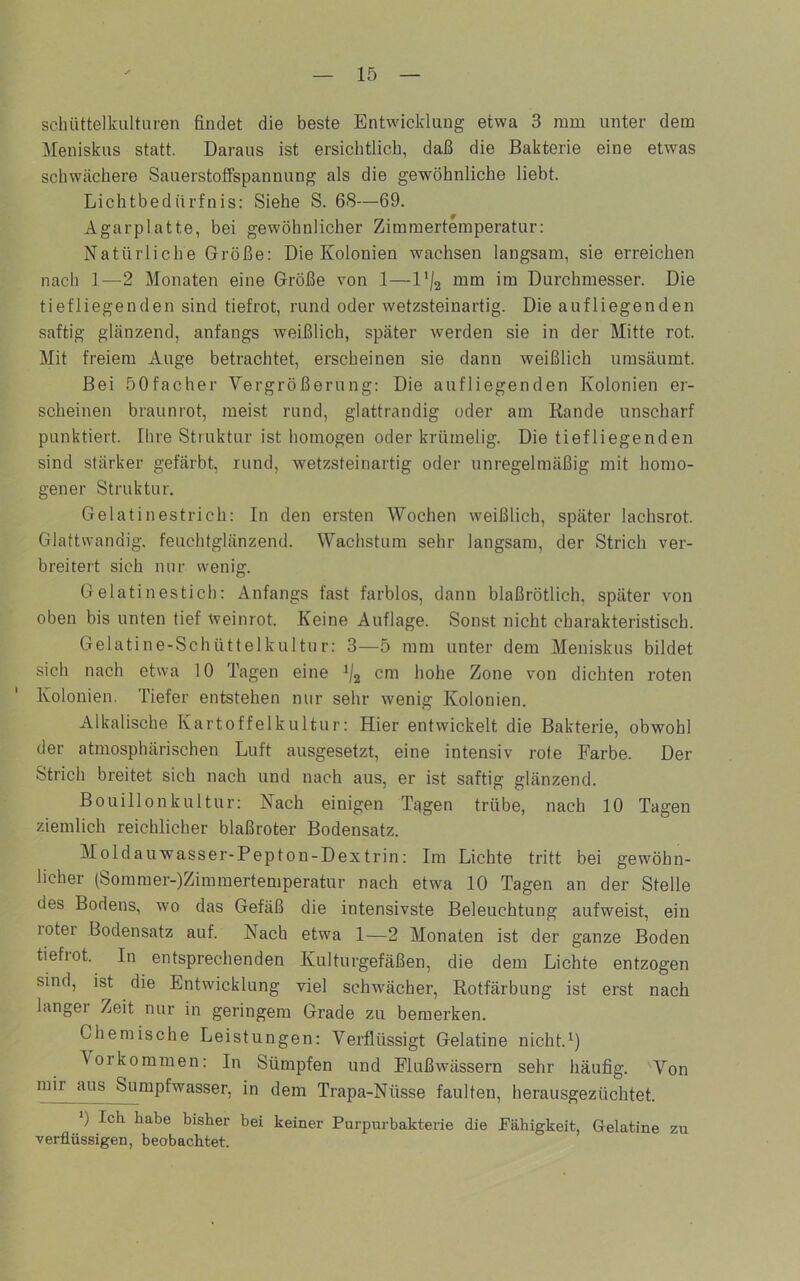 Schüttelkulturen findet die beste Entwicklung etwa 3 mm unter dem Meniskus statt. Daraus ist ersichtlich, daß die Bakterie eine etwas schwächere Sauerstofispannung als die gewöhnliche liebt. Lichtbedürfnis; Siehe S. 68—69. Agarplatte, bei gewöhnlicher Zimmertemperatur: Natürliche Größe: Die Kolonien wachsen langsam, sie erreichen nach ]—2 Monaten eine Größe von 1—l'/j mm im Durchmesser. Die tiefliegenden sind tiefrot, rund oder wetzsteinartig. Die aufliegenden saftig glänzend, anfangs weißlich, später werden sie in der Mitte rot. Mit freiem Auge betrachtet, erscheinen sie dann weißlich umsäumt. Bei öOfacher Vergrößerung: Die aufliegenden Kolonien er- scheinen braunrot, meist rund, glattrandig oder am Rande unscharf punktiert. Ihre Struktur ist homogen oder krümelig. Die tiefliegenden sind stärker gefärbt, rund, wetzsteinartig oder unregelmäßig mit homo- gener Struktur. Gelatinestrich: In den ersten Wochen weißlich, später lachsrot. Glattwandig. feuchtglänzend. Wachstum sehr langsam, der Strich ver- breitert sich nur wenig. Gelatinestich: Anfangs fast farblos, dann blaßrötlich, später von oben bis unten tief weinrot. Keine Auflage. Sonst nicht charakteristisch. Gela ti n e-Sch ü 11 el k ul tu r: 3—5 mm unter dem Meniskus bildet sich nach etwa 10 Tagen eine ^2 cm hohe Zone von dichten roten Kolonien. Tiefer entstehen nur sehr wenig Kolonien. Alkalische Kartoffelkultur: Hier entwickelt die Bakterie, obwohl der atmosphärischen Luft ausgesetzt, eine intensiv rote Farbe. Der Strich breitet sich nach und nach aus, er ist saftig glänzend. Bouillonkultur: Nach einigen Tf^gen trübe, nach 10 Tagen ziemlich reichlicher blaßroter Bodensatz. Moldauwasser-Pepton-Dextrin; Ira Lichte tritt bei gewöhn- licher (Soramer-)Zimmertemperatur nach etwa 10 Tagen an der Stelle des Bodens, wo das Gefäß die intensivste Beleuchtung aufweist, ein lotei Bodensatz auf. Nach etwa 1—2 Monaten ist der ganze Boden tiefrot. In entsprechenden Kulturgefäßen, die dem Lichte entzogen sind, ist die Entwicklung viel schwächer, Rotfärbung ist erst nach langer Zeit nur in geringem Grade zu bemerken. Chemische Leistungen; Verflüssigt Gelatine nicht. Vorkommen: In Sümpfen und Flußwässern sehr häufig. Von mir aus Sumpfwasser, in dem Trapa-Nüsse faulten, herausgezüchtet. 0 Ich habe bisher bei keiner Purpurbakterie die Fähigkeit, Gelatine zu verflüssigen, beobachtet.