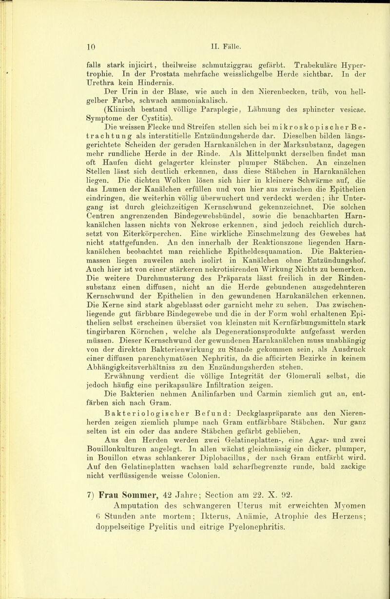 falls stark injicirt, theilweise sclimutziggrau gefärbt. Trabekuläre Hyper- trophie. In der Prostata mehrfache weisslichgelbe Herde sichtbar. In der Urethra kein Hindernis. Der Urin in der Blase, wie auch in den Nierenbecken, trüb, von hell- gelber Farbe, schwach ammoniakalisch. (Klinisch bestand völlige Paraplegie, Lähmung des sphincter vesicae. Symptome der Cystitis). Die weissen Flecke und Streifen stellen sich bei mikroskopisch erBe- trachtung als interstitielle Entzündungsherde dar. Dieselben bilden längs- gerichtete Scheiden der geraden Harnkanälchen in der Marksubstanz, dagegen mehr rundliche Herde in der Binde. Als Mittelpunkt derselben findet man oft Haufen dicht gelagerter kleinster plumper Stäbchen. An einzelnen Stellen lässt sich deutlich erkennen, dass diese Stäbchen in Harnkanälchen liegen. Die dichten Wolken lösen sich hier in kleinere Schwärme auf, die das Lumen der Kanälchen erfüllen und von hier aus zwischen die Bpithelien eindringen, die weiterhin völlig überwuchert und verdeckt werden; ihr Unter- gang ist durch gleichzeitigen Kernschwund gekennzeichnet. Die solchen Centren angrenzenden Bindegewebsbündel, sowie die benachbarten Harn- kanälchen lassen nichts von Nekrose erkennen, sind jedoch reichlich durch- setzt von Eiterkörperchen. Eine wirkliche Einschmelzung des Gewebes hat nicht stattgefunden. An den innerhalb der Beaktionszone liegenden Harn- kanälchen beobachtet man reichliche Epitheldesquamation. Die Bakterien- massen liegen zuweilen auch isolirt in Kanälchen ohne Entzündungshof. Auch hier ist von einer stärkeren nekrotisirenden Wirkung Nichts zu bemerken. Die weitere Durchmusterung des Präparats lässt freilich in der Binden- substanz einen diffusen, nicht an die Herde gebundenen ausgedehnteren Kernschwund der Epithelien in den gewundenen Harnkanälchen erkennen. Die Kerne sind stark abgeblasst oder garnicht mehr zu sehen. Das zwischen- liegende gut färbbare Bindegewebe und die in der Form wohl erhaltenen Epi- thelien selbst erscheinen übersäet von kleinsten mit Kernfärbungsmitteln stark tingirbaren Körnchen, welche als Degenerationsprodukte aufgefasst werden müssen. Dieser Kernschwund der gewundenen Harnkanälchen muss unabhängig von der direkten Bakterienwirkung zu Stande gekommen sein, als Ausdruck einer diffusen parenchymatösen Nephritis, da die afficirten Bezirke in keinem Abhängigkeitsverhältniss zu den Enzündungsherden stehen. Erwähnung verdient die völlige Integrität der Griomeruli selbst, die jedoch häufig eine perikapsuläre Infiltration zeigen. Die Bakterien nehmen Anilinfarben und Carmin ziemlich gut an, ent- färben sich nach Gram. Bakteriologischer Befund: Deckglaspräparate aus den Nieren- herden zeigen ziemlich plumpe nach Gram entfärbbare Stäbchen. Nur ganz selten ist ein oder das andere Stäbchen gefärbt geblieben. Aus den Herden werden zwei Gelatineplatten-, eine Agar- und zwei Bouillonkulturen angelegt. In allen wächst gleichmässig ein dicker, plumper, in Bouillon etwas schlankerer Diplobacillus, der nach Gram entfärbt wird. Auf den Gelatineplatten wachsen bald scharfbegrenzte runde, bald zackige nicht verflüssigende weisse Colonien. 7) Frau Sommer, 42 Jahre; Section am 22. X. 92. Amputation des schwangeren Uterus mit erweichten Myomen 6 Stunden ante mortem; Ikterus, Anämie, Atrophie des Herzens;