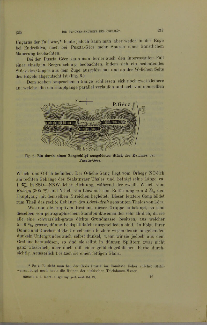 Ungarns der Fall war,* heute jedoch kann man aber weder in der Enge hei Endrefalva, noch bei Puszta-G6cz mehr Spuren einer künstlichen Mauerung beobachten. Bei der Puszta Gecz kann man ferner auch den interessanten Fall einer einstigen Bergrutschung beobachten, indem sich ein bedeutendes Stück des Ganges aus dem Zuge ausgelöst hat und an der W-lichen Seite des Hügels abgerutscht ist (Fig. 6.) Dem soeben besprochenen Gange schliessen sich noch zwei kleinere an, welche diesem Hauptgange parallel verlaufen und sich von demselben W-lich und 0-lich befinden. Der 0-liche Gang liegt vom Örhegy NO-lich am rechten Gehänge des Szalatnyaer Thaies und beträgt seine Länge ca. 1 '3%, in SSO—NNW-licher Richtung, während der zweite W-lich vom Kö'hegy (305 'Y) und N-lich von Löcz auf eine Entfernung von 2 den Hauptgang mit demselben Streichen begleitet. Dieser letztere Gang bildet zum Theil das rechte Gehänge des Löczi-drok genannten Thaies von Löcz. Was nun die eruptiven Gesteine dieser Gruppe anbelangt, so sind dieselben von petrographischem Standpunkte einander sehr ähnlich, da sie alle eine schwärzlich-graue dichte Grundmasse besitzen, aus welcher 5—6 grosse, dünne Feldspathtafeln ausgeschieden sind. In Folge ihrer Dünne und Durchsichtigkeit erscheinen letztere wegen des sie umgebenden dunkeln Untergrundes auch selbst dunkel, wenn wir sie jedoch aus dem Gesteine herauslösen, so sind sie selbst in dünnen Splittern zwar nicht ganz wasserhell, aber doch mit einer gelblich-grünlichen Farbe durch- sichtig. Aeusserlich besitzen sie einen fettigen Glanz. * So z, B. sieht man bei der Csala Puszta im Gomitate Veh(^v (nächst Stuhl- weissenburg) noch heute die Ruinen der türicischen Teichdamm-Mauer, Mitthpil. a. d. Jahrb. d. kgl. ung. geol. Anat. Bd. IX. 16