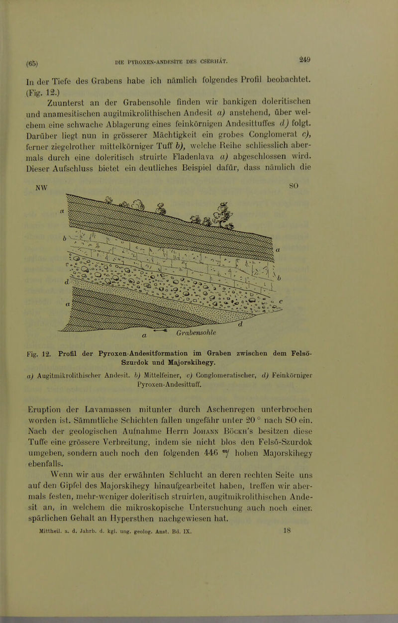 ^49 In der Tiefe des Grabens habe ich nämhch folgendes Profil beobachtet. (Fig. 12.) Zuunterst an der Grabensohle finden wir bankigen doleritischen und anamesitischen augilmikrolithischen Andesit a) anstehend, über wel- chem eine schwache Ablagerung eines feinkörnigen AndesittufTes d) folgt. Darüber liegt nun in grösserer Mächtigkeit ein grobes Gonglomerat c), ferner ziegelrother mittelkörniger Tuff b), welche Reihe schliesslich aber- mals durch eine doleritisch struirte Fladenlava a) abgeschlossen wird. Dieser Aufschluss bietet ein deutliches Beispiel dafür, dass nämlich die NW ^t) Fig. 12. Profil der Pyroxen-Andesitformation im Graben zwischen dem Felsö- Szurdok und Majorskihegy. a) Augitmikrolilhischer Andesit. b) Mittelfeiner, c) Gonglomeratisclier, d) Feinkörniger Pyroxen-Andesittuff. Eruption der Lavamassen mitunter durch Aschenregen unterbrochen worden ist. Sämmtliche Schichten fallen ungefähr unter 20 ° nach SO ein. Nach der geologischen Aufnahme Herrn Johann Bögkh's besitzen diese Tuffe eine grössere Verbreitung, indem sie nicht blos den Felsö-Szurdok umgeben, sondern auch noch den folgenden 446 hohen Majorskihegy ebenfalls. Wenn wir aus der erwähnten Schlucht an deren rechten Seite uns auf den Gipfel des Majorskihegy hinaufgearbeitet haben, treffen wir aber- mals festen, mehr-wcniger doleritisch struirten, augitmikrolithischen Ande- sit an, in welchem die mikroskopische Untersuchung auch noch einen spärlichen Gehalt an Hypersthen nachgewiesen hat. MittheiJ. a. d. Jahrb. d. kgl. ung. geolog. Anst. Bd. IX. 18