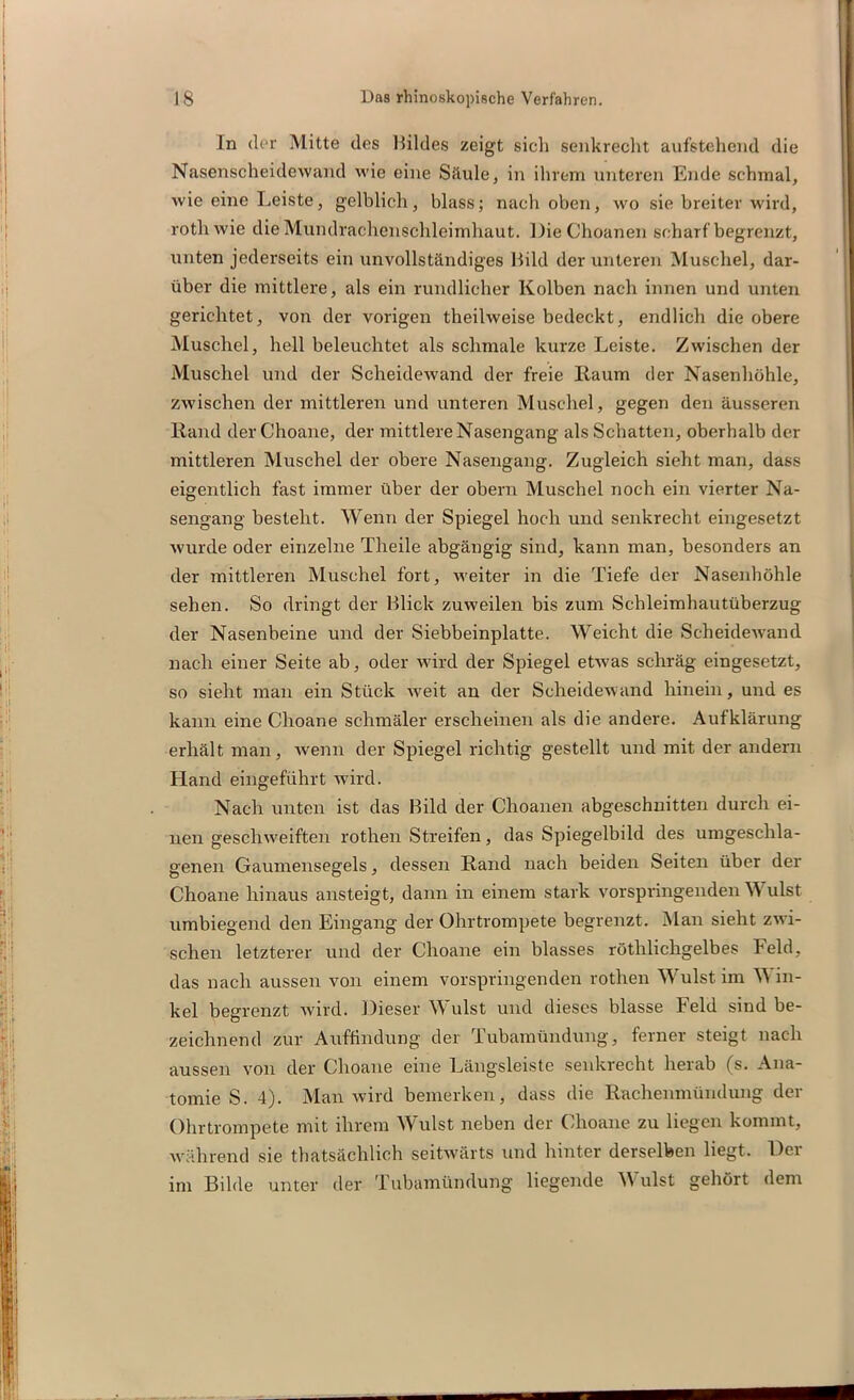 In der Mitte des Hildes zeigt sich senkrecht aufstehend die Nasenscheidewand wie eine Säule, in ihrem unteren Ende schmal, wie eine Leiste, gelblich, blass; nach oben, wo sie breiter wird, rothwie die Mundrachenschleimhaut. Die Choanen scharf begrenzt, unten jederseits ein unvollständiges Bild der unteren Muschel, dar- über die mittlere, als ein rundlicher Kolben nach innen und unten gerichtet, von der vorigen theilweise bedeckt, endlich die obere Muschel, hell beleuchtet als schmale kurze Leiste. Zwischen der Muschel und der Scheidewand der freie Raum der Nasenhöhle, zwischen der mittleren und unteren Muschel, gegen den äusseren Rand derChoaue, der mittlere Nasengang als Schatten, oberhalb der mittleren Muschel der obere Nasengang. Zugleich sieht man, dass eigentlich fast immer über der obern Muschel noch ein vierter Na- sengang besteht. Wenn der Spiegel hoch und senkrecht eingesetzt wurde oder einzelne Theile abgängig sind, kann man, besonders an der mittleren Muschel fort, weiter in die Tiefe der Nasenhöhle sehen. So dringt der Blick zuweilen bis zum Schleimhautüberzug der Nasenbeine und der Siebbeinplatte. Weicht die Scheidewand nach einer Seite ab, oder wird der Spiegel etwas schräg eingesetzt, so sieht man ein Stück weit an der Scheidewand hinein, und es kann eine Choane schmäler erscheinen als die andere. Aufklärung erhält man, wenn der Spiegel richtig gestellt und mit der andern Hand eingeführt wird. Nach unten ist das Bild der Choanen abgeschnitten durch ei- nen geschweiften rothen Streifen, das Spiegelbild des umgeschla- genen Gaumensegels, dessen Rand nach beiden Seiten über der Choane hinaus ansteigt, dann in einem stark vorspringenden W ulst umbiegend den Eingang der Ohrtrompete begrenzt. Man sieht zwi- schen letzterer und der Choane ein blasses röthlichgelbes Feld, das nach aussen von einem vorspringenden rothen Wulst im W in- kel begrenzt wird. Dieser Wulst und dieses blasse Feld sind be- zeichnend zur Auffindung der Tubamündung, ferner steigt nach aussen von der Choane eine Längsleiste senkrecht herab (s. Ana- tomie S. 4). Man wird bemerken, dass die Rachenmündung der Ohrtrompete mit ihrem Wulst neben der Choane zu liegen kommt, während sie thatsächlieh seitwärts und hinter derselben liegt. Der im Bilde unter der Tubamündung liegende Wulst gehört dem