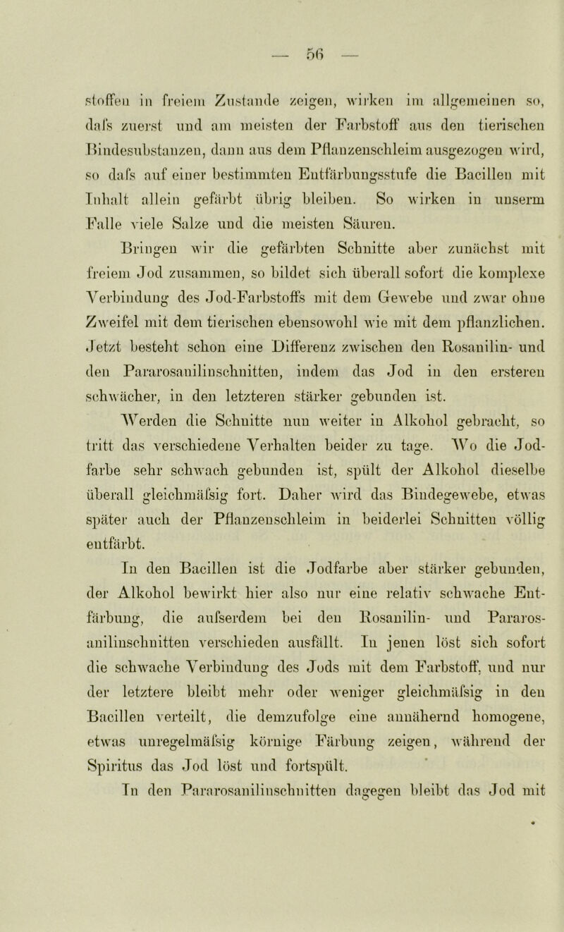 slofFeii in freiem Zustande zeigen, wiiken im allgemeinen so, dals zuei’st und am meisten der Farbstoff' ans den tierisclien Tlindesubstanzen, dann ans dem Ptiauzenscbleim aiisgezogen wird, so dafs auf einer bestimmten Entfärbnugsstnfe die Bacillen mit Inhalt allein gefärbt übi’ig bleiben. So wirken in nuserm Falle A'iele Salze und die meisten Säuren. Bringen wir die gefärbten Schnitte aber zunächst mit freiem Jod zusammen, so bildet sich überall sofort die komplexe Yerbindnng des Jod-Farbstoffs mit dem Gewebe und zwar obiie Zweifel mit dem tierischen ebensowohl wie mit dem pflanzlichen. Jetzt besteht schon eine Differenz zwischen den Rosanilin- und den Pararosanilin schnitten, indem das Jod in den ersteren schwächer, in den letzteren stärker gebunden ist. Werden die Schnitte nun weiter in Alkohol gebracht, so tritt das A^erschiedene Verhalten beider zu tage. AVhj die Jod- farbe sehr schwach gebunden ist, spült der Alkohol dieselbe überall gleiohmäfsig fort. Daher Avird das Bindegewebe, etwas später auch der Pflanzeuschleim in beiderlei Schnitten A'öllig entfärbt. In den Bacillen ist die Jodfarbe aber stärker gebunden, der Alkohol bewirkt hier also nur eine relatiA’ schAA'ache Ent- färbung, die aufserdem bei den Rosanilin- und Parai’os- anilinschuitten A^erschieden ausfällt. In jenen löst sich sofort die schAAmche Verbindung des Jods mit dem Farbstoff, und nur der letztere bleibt mehr oder Aveniger gleichmäfsig in den Bacillen Aerteilt, die demzufolge eine annähernd homogene, etwas unregelmäfsig körnige Färbung zeigen, Avährend der Spiritus das Jod löst und fortspült. In den Pararosanilinschnitten dagegen bleibt das Jod mit O O