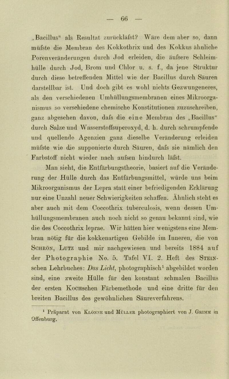 „Bacillus“ als Resultat zurückläfst? Wäre dem aber so, dann müfste die Membran des Kokkotbrix imd des Kokkus ähnliche Porenveränderungen durch »lod erleiden, die äufsere Schleim- hülle durch Jod, Brom und Clilor u. s. f., da jene Struktur durch diese betrefienden Mittel wie der Bacillus durch Säuren darstellhar ist. Und doch gibt es wohl nichts Gezwungeneres, als den verschiedenen Umhüllungsmembranen eines Mikroorga- nismus so verschiedene chemische Konstitutionen zuzuschreihen, ganz abgesehen davon, dafs die eine Membran des „Bacillus“ durch Salze und Wasserstoffsuperoxyd, d. h. durch schrumpfende und quellende Agenzien ganz dieselbe Veränderung erleiden müfste wie die supponierte durch Säuren, dafs sie nämlich den Farbstoff' nicht wieder nach aufsen hindurch läfst. Man sieht, die Entfärhungstheorie, basiert auf die Verände- rung der Hülle durch das Entfärbungsmittel, würde uns beim Mikroorganismus der Lepra statt einer befriedigenden Erklärung nur eine Unzahl neuer Schwierigkeiten schaffen. Ähnlich steht es aber auch mit dem Coccothrix tuberculosis, wenn dessen Um- hüllungsmembranen auch noch nicht so genau bekannt sind, wie die des Coccothrix leprae. Wir hätten hier wenigstens eine Mem- bran nötig für die kokkenartigeu Gebilde im Inneren, die von ScHRÖN, Lutz und mir nachgewiesen und bereits 1884 auf der Photographie Ko. 5. Tafel VI. 2. Heft des Stein- schen Lehrbuches: Bas Licht, photographisch^ abgebildet worden sind, eine zweite Hülle für den konstant schmalen Bacillus der ersten Kocuschen Färhemethode und eine dritte für den breiten Bacillus des gewöhnlichen Säureverfahrens. ^ Präparat von Klönne und Müj.ler photographiert von J. Grimm in Offenhurg.